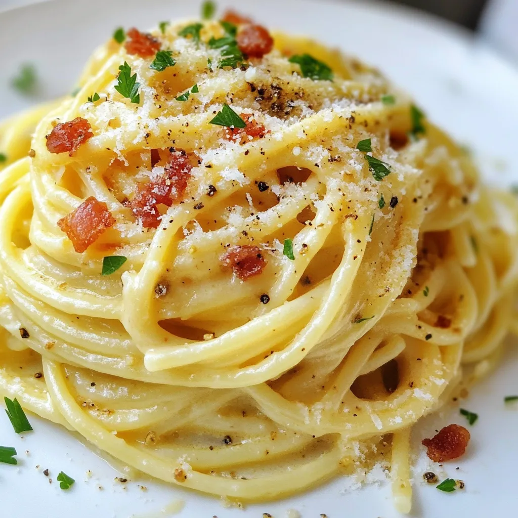 To make the best Ultimate Carbonara, you need a few key ingredients. Here’s what you should gather: - 400g spaghetti - 150g pancetta, diced - 2 large eggs - 1 cup grated Pecorino Romano cheese - 2 cloves garlic, minced - Freshly cracked black pepper - Salt (to taste) - Fresh parsley, chopped These ingredients bring rich flavors and a creamy texture. The pancetta adds a nice crunch, while the cheese gives a salty punch. If you want to change things up, consider these substitutions: - Swap pancetta with turkey bacon for a lighter meal. - Use Parmesan cheese instead of Pecorino Romano if you prefer a milder taste. - For a vegetarian option, try using mushrooms or zucchini instead of pancetta. These changes keep the dish tasty while fitting different diets. You’ll need some basic tools to make Ultimate Carbonara: - A large pot for boiling water - A skillet for cooking the pancetta - A whisk for mixing eggs and cheese - A big bowl for combining all the ingredients - A colander for draining pasta Having these tools ready makes the cooking process smoother. Enjoy cooking! {{ingredient_image_1}} Start by boiling a large pot of salted water. When the water bubbles, add 400g of spaghetti. Cook it until it is al dente, which means it should be firm but not hard. This usually takes about 8 to 10 minutes. Remember to check the package for exact times. Before draining, save 1 cup of that pasta water. This water helps with the sauce later. Next, take 150g of diced pancetta. If you want a lighter dish, turkey bacon works too. Heat a large skillet over medium heat. Add the pancetta and cook until it is crispy and golden. This should take 5 to 7 minutes. Near the end, add 2 minced garlic cloves. Cook for one more minute until you smell that garlic aroma. Then, take the skillet off the heat. In a bowl, crack 2 large eggs. Add 1 cup of grated Pecorino Romano cheese. Use a whisk to mix them together. You want the mixture to be thick and creamy. Don’t forget to add a good amount of freshly cracked black pepper. This adds flavor and a little kick to your sauce. Now, it’s time to bring everything together. Quickly add the hot spaghetti to the skillet with the crispy pancetta and garlic. Toss the pasta well to coat it in the tasty fat. While the pasta is still hot, pour in the egg and cheese mixture. Toss constantly to avoid cooking the eggs too fast. The heat from the pasta will turn this into a creamy sauce. If it feels too thick, add some reserved pasta water a little at a time until you get the right texture. Taste your dish and adjust the seasoning if needed. Serve the carbonara right away in warmed bowls. Top it with extra grated Pecorino Romano cheese. A sprinkle of chopped parsley makes it look nice. Don’t forget to add more freshly cracked black pepper for an extra kick! To get that perfect creamy texture, focus on the heat. After cooking the spaghetti, mix it right away with the hot pancetta. This heat helps cook the eggs without scrambling them. When you add the egg and cheese mix, keep stirring. The heat from the pasta will create a smooth sauce. If it feels too thick, add a bit of reserved pasta water. This step is key to making it just right. Pecorino Romano cheese is the star here. Its sharp taste gives Carbonara its unique flavor. Grate it fresh for the best taste. You can use Parmigiano-Reggiano if you can't find Pecorino. Just remember, fresh cheese always beats pre-grated. The texture and flavor will be much better. Seasoning is crucial for a great Carbonara. Use freshly cracked black pepper for a nice kick. Don’t skimp on the salt in the pasta water. It helps bring out the flavors. Taste as you go. Adjust the salt and pepper to your liking. You can also add a pinch of red pepper flakes for some heat. A sprinkle of fresh parsley at the end adds color and freshness. Pro Tips Use Fresh Ingredients: Always opt for fresh eggs and quality cheese for the best flavor and texture in your carbonara. Timing is Key: Make sure to combine the hot pasta with the egg mixture quickly to achieve a creamy sauce without scrambling the eggs. Reserve Pasta Water: The starchy pasta water helps to adjust the sauce consistency and makes it cling better to the spaghetti. Experiment with Meats: While pancetta is traditional, feel free to try guanciale or even a smoked bacon for a different flavor profile. {{image_2}} You can make a tasty vegetarian carbonara. Replace pancetta with mushrooms or smoked tempeh. Use a mix of shiitake and cremini mushrooms for a rich flavor. Sauté them until they brown nicely. For the creamy sauce, keep the eggs and cheese. They add great taste. You can use a plant-based cheese if you want a vegan option. Want some heat? Add crushed red pepper flakes while cooking pancetta. You can also use spicy sausage instead of pancetta. This gives your dish a nice kick. Adjust the amount to match your spice level. Pair it with a sprinkle of black pepper for extra warmth. Spaghetti is classic, but you can try other pastas too. Fettuccine, linguine, or even penne work well. Each pasta gives a unique twist. Just make sure to adjust cooking time based on the pasta type. Always cook until al dente for the best texture. To store leftover carbonara, let it cool first. Place it in an airtight container. You can keep it in the fridge for up to three days. If you want to keep it longer, consider freezing it. When reheating carbonara, use a skillet over low heat. Add a bit of reserved pasta water to help revive the sauce. Stir gently as it warms. This keeps the dish creamy and tasty. You can freeze carbonara, but the texture may change. The sauce might separate when thawed. To freeze, place the cooled dish in a freezer-safe bag. Squeeze out excess air and seal it well. Use it within three months for the best quality. You can use turkey bacon or ham instead of pancetta. Both give a nice flavor. If you want a vegetarian option, use mushrooms for umami taste. Cook them until they are golden and soft. Yes, you can make Carbonara without eggs. You can use heavy cream for a creamy sauce. Mix it with cheese to get a rich taste. This makes the dish less traditional but still tasty. To prevent the sauce from scrambling, mix the egg and cheese off the heat. As you add the pasta, keep stirring to blend. The heat from the pasta will cook the eggs without scrambling them. To make a lighter version, use turkey bacon instead of pancetta. You can also replace some cheese with Greek yogurt. This keeps it creamy, but cuts down on fat. Use whole grain pasta for added fiber. In this post, we explored the key ingredients for a great carbonara. We discussed substitutions, essential equipment, and step-by-step cooking instructions. I shared tips for a creamy texture, the best cheese, and flavorful seasoning. We also looked at tasty variations, from vegetarian options to spicy twists. Lastly, we covered how to store and reheat leftovers. Carbonara is a dish that brings joy and comfort to any meal. Enjoy making it your own!