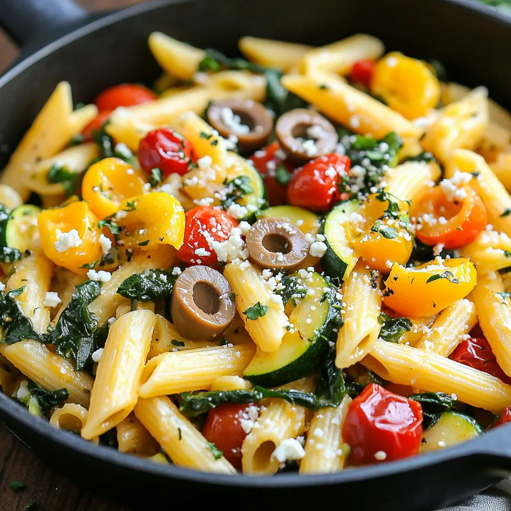 - 12 oz penne pasta - 2 tablespoons olive oil - 1 red bell pepper, chopped - 1 zucchini, diced - 1 cup cherry tomatoes, halved - 1 cup spinach, packed - 1/2 cup Kalamata olives, sliced - 1 teaspoon dried oregano - 1 teaspoon dried basil - 1/2 teaspoon red pepper flakes (optional) - 4 cups vegetable broth - Salt and pepper to taste - Fresh parsley, chopped (for garnish) - Grated feta cheese (optional, for topping) To make One Pan Mediterranean Veggie Pasta, you need simple and fresh ingredients. First, grab 12 oz of penne pasta. This pasta cooks well and holds the sauce nicely. You will also need 2 tablespoons of olive oil for sautéing the veggies. Fresh vegetables make this dish pop. You want a red bell pepper, chopped into pieces, and a diced zucchini. Both add color and crunch. Next, use 1 cup of cherry tomatoes, halved, for sweetness and juiciness. Spinach is a must too; you need 1 cup, packed tight. For a briny kick, include 1/2 cup of sliced Kalamata olives. Seasonings enhance the flavors. You need 1 teaspoon of dried oregano and 1 teaspoon of dried basil. If you like heat, 1/2 teaspoon of red pepper flakes works well, but it's optional. The base of the dish is 4 cups of vegetable broth. This broth adds depth and makes the pasta creamy. Lastly, salt and pepper will help balance all the flavors. For garnishing, fresh parsley adds brightness, while grated feta cheese gives a rich finish. Enjoy the process of making this simple and fresh dish! {{ingredient_image_1}} 1. Sautéing the vegetables First, grab a large deep skillet. Heat 2 tablespoons of olive oil over medium heat. Once the oil is warm, add the chopped red bell pepper and diced zucchini. Sauté these for about 3 to 4 minutes. You want them to soften but not get mushy. This step brings out their flavors. 2. Combining ingredients in the pan Next, stir in 1 cup of halved cherry tomatoes, 1 cup of packed spinach, and 1/2 cup of sliced Kalamata olives. Add 1 teaspoon each of dried oregano and dried basil. If you like a bit of heat, toss in 1/2 teaspoon of red pepper flakes. Cook this mix for about 2 to 3 minutes. The spinach will wilt, and the tomatoes will start to release their juices. 3. Cooking the pasta to perfection Add 12 ounces of uncooked penne pasta to the skillet. Pour in 4 cups of vegetable broth. Stir everything together well. Bring the mixture to a gentle boil. Once boiling, reduce the heat to low and cover the pan. Let it simmer for about 10 to 12 minutes. Stir it occasionally. This will help the pasta cook evenly. Check the pasta for doneness. It should be al dente and most of the broth should be absorbed. If it needs more liquid, add a splash of water or broth to help it along. After cooking, season with salt and pepper to taste. Let it sit for a minute before serving. Best techniques for sautéing vegetables Sautéing brings out the best in veggies. Start with a hot pan. Add olive oil and let it heat up. Then, toss in your chopped red bell pepper and zucchini. Cook them for 3 to 4 minutes. This makes them soft but still crunchy. Stir often to avoid burning. Next, add the cherry tomatoes and spinach. Cook for just a few minutes until the spinach wilts. This keeps the flavors fresh and bright. How to achieve al dente pasta To cook pasta al dente, follow the package instructions. For penne, boil in broth for about 10 to 12 minutes. Keep an eye on it. Taste a piece to check if it's done. It should be firm but not hard. If needed, add a splash of water or broth to keep it moist. This way, the pasta soaks up the tasty broth and becomes full of flavor. Adjusting seasoning for taste Seasoning is key for a great dish. Start with salt and pepper. Add them at the end of cooking. Taste your pasta first. This lets you know how much you need. If you like more spice, add red pepper flakes. You can also add more herbs if you want extra flavor. Remember, fresh parsley and feta cheese on top make a big difference, too! Pro Tips Use High-Quality Olive Oil: The flavor of the olive oil can significantly enhance your dish, so opt for a good quality extra virgin olive oil. Customize Your Veggies: Feel free to add or substitute any vegetables you have on hand, such as mushrooms, artichokes, or eggplant, to make it your own. Perfect Pasta Texture: To achieve the best al dente texture, make sure to check the pasta a minute or two before the package instructions suggest. Garnish for Flavor: Adding fresh herbs or a squeeze of lemon juice just before serving can elevate the flavor profile of the dish. {{image_2}} You can easily change the pasta type. Try using whole wheat pasta for added fiber. Gluten-free pasta works well too. The flavor will still shine through. You can also swap in different veggies. Bell peppers and zucchini add great taste. Consider using broccoli or asparagus for a fresh twist. You can even toss in some artichoke hearts for fun! For toppings, think about adding grilled chicken or shrimp. These options make the dish heartier. You can also sprinkle in some pine nuts for crunch. A touch of lemon zest brightens up the flavors, too. Feel free to explore these options. This dish is all about making it your own! To keep your One Pan Mediterranean Veggie Pasta fresh, follow these steps: - Proper cooling techniques: Allow the pasta to cool down at room temperature for about 30 minutes. This helps prevent bacteria growth. Avoid letting it sit out for too long. - Storing in the fridge: Transfer the cooled pasta to an airtight container. This keeps it fresh and prevents it from drying out. It can last in the fridge for up to 3 days. - Reheating instructions: When you are ready to eat, you can reheat the pasta in a skillet over medium heat. Add a splash of water or broth to keep it moist. Stir until heated through, about 5-7 minutes. You can also use the microwave, heating it in 30-second intervals. Stir between each interval to ensure even heating. This method keeps your meal tasty and ready for another round! Enjoy your leftovers without losing flavor. Can I make this dish vegan? Yes, you can easily make One Pan Mediterranean Veggie Pasta vegan. Simply skip the feta cheese. Make sure to check that the vegetable broth is vegan too. This dish is already packed with veggies, so it will still taste great! How long can I store leftovers? You can store leftovers in the fridge for 3 to 5 days. Make sure to cool the pasta before placing it in an airtight container. This helps keep it fresh longer. If you want to keep it longer, you can freeze it for up to 3 months. What can I serve with One Pan Mediterranean Veggie Pasta? This pasta pairs well with a simple green salad. You can also serve it with crusty bread for dipping. If you want more protein, grilled chicken or chickpeas are great options too. This blog post covered how to make a tasty One Pan Mediterranean Veggie Pasta. We discussed ingredients like penne pasta, fresh veggies, and seasonings. I shared step-by-step cooking tips, including sautéing veggies and perfecting your pasta. You learned about ingredient swaps and how to store leftovers. Remember, cooking is fun, and you can always make it your own. Enjoy experimenting with flavors and variations.