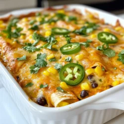 To make a delicious Chicken Green Enchilada Casserole, you will need the following ingredients: - 2 cups cooked shredded chicken - 1 can (10 oz) green enchilada sauce - 1 can (15 oz) black beans, drained and rinsed - 1 cup corn kernels (fresh or frozen) - 2 cups shredded cheese (Mexican blend or cheddar) - 8 corn tortillas - 1 small red onion, finely chopped - 1 jalapeño, finely diced (optional for extra heat) - 1 teaspoon cumin - 1 teaspoon garlic powder - 1 teaspoon chili powder - Salt and pepper to taste - Fresh cilantro for garnish Each ingredient plays a key role. The cooked shredded chicken brings protein and flavor. The green enchilada sauce adds a zesty kick. Black beans offer fiber, while corn gives sweetness. Shredded cheese binds everything together, creating that gooey texture we love. Corn tortillas provide the perfect base. Red onion adds crunch, and jalapeño gives heat if you want it spicy. Cumin, garlic powder, and chili powder enhance the depth of flavor. Finally, salt and pepper tie it all together. This mix makes a warm, inviting dish that feeds the soul. {{ingredient_image_1}} 1. Preheating the oven: Start by preheating your oven to 375°F (190°C). This step warms up the oven for even cooking. 2. Mixing the filling: In a large bowl, combine 2 cups of cooked shredded chicken, 1 can of black beans (drained and rinsed), 1 cup of corn, half of the 10 oz green enchilada sauce, and 1 small finely chopped red onion. Add 1 teaspoon each of cumin, garlic powder, and chili powder. Season with salt and pepper. Mix all ingredients well. 3. Layering the casserole: In a 9x13 inch baking dish, spread a thin layer of the remaining enchilada sauce on the bottom. Layer 4 corn tortillas over the sauce, overlapping them slightly. Spoon half of the chicken mixture over the tortillas, spreading it evenly. Top with half of the shredded cheese. Repeat the process: add another layer of 4 tortillas, the remaining chicken mixture, and top with the rest of the cheese. For heat, sprinkle diced jalapeño over the cheese if desired. 1. Covering and initial baking: Cover the casserole with foil. Bake it in the preheated oven for 25 minutes. This helps keep it moist while cooking. 2. Final baking for cheese melting: After 25 minutes, remove the foil. Bake for an additional 10-15 minutes. Look for the cheese to be bubbly and golden brown. 3. Cooling and garnishing: Once it is done, take it out of the oven. Let it cool for a few minutes before slicing. Garnish with freshly chopped cilantro for a nice touch. - Ensure chicken is well-seasoned: Use salt, pepper, cumin, and chili powder. These flavors elevate the chicken. - Proper layering techniques: Start with sauce, then tortillas, followed by filling. Repeat until you finish. This helps each bite be full of flavor. - Adjusting spice levels to taste: If you love heat, add more jalapeño. For milder, skip it or reduce the spice. - Over or undercooking the casserole: Watch the time closely. Bake it for 25 minutes covered, then 10-15 minutes uncovered. This ensures bubbly cheese without burnt toppings. - Not letting it cool before slicing: Give it a few minutes to set. This keeps the layers together when you cut it. Slicing too soon makes a messy dish. Pro Tips Use Rotisserie Chicken: To save time, consider using rotisserie chicken instead of cooking your own. It adds great flavor and cuts down on prep time. Customize Your Heat: Adjust the heat level by adding more jalapeños or using a spicier enchilada sauce. Taste as you go to find your perfect spice level. Make Ahead: This casserole can be assembled a day in advance. Just cover it tightly and refrigerate until you’re ready to bake it the next day. Garnish for Freshness: Don’t skip the cilantro garnish! It adds a fresh flavor that brightens up the dish beautifully. {{image_2}} You can easily switch out some ingredients in this casserole. - Alternatives for shredded chicken: Use rotisserie chicken for ease. You can also use shredded turkey or even tofu for a plant-based option. - Different types of beans or vegetables: Swap black beans for pinto beans or chickpeas. You can add diced bell peppers, zucchini, or spinach for extra nutrients and taste. - Cheese options: While I love a Mexican blend, cheddar works great too. You could even try pepper jack for a spicy twist. This casserole shines when paired with the right sides. - Pairing with sides like rice or salads: Serve it with cilantro-lime rice or a fresh garden salad. Both add freshness and balance the meal. - Serving with dips and sauces: Add a side of guacamole or sour cream. A dollop of salsa brings in extra flavor and color to your plate. To keep your Chicken Green Enchilada Casserole fresh, store it in an airtight container. Place it in the fridge right after it cools. It can last up to four days this way. If you want to save it longer, freeze it. Wrap the casserole tightly in plastic wrap and then in foil. It can last up to three months in the freezer. For reheating, use your oven for the best flavor. Preheat it to 350°F (175°C). Unwrap the casserole and cover it with foil. Bake for about 20 minutes or until hot. You can also microwave individual portions for quick meals. Just ensure they are heated thoroughly. For freshness, eat the casserole within four days if stored in the fridge. If you freeze it, use it within three months for the best taste. Check for spoilage by looking for off smells or a change in texture. If the cheese looks discolored or the sauce seems watery, it’s best to toss it. Always trust your senses when it comes to food safety! You can use flour tortillas instead of corn. They are soft and easy to work with. You could also try using lettuce wraps for a low-carb option. They add a fresh crunch and taste. Yes, you can prepare this casserole ahead of time. Just layer it and cover it tightly. Store it in the fridge for up to 24 hours before baking. This saves time on busy days. Absolutely! This casserole is great for meal prep. You can divide it into portions. Store each in airtight containers. Reheat them easily for quick meals during the week. To make this dish vegetarian, swap the chicken for more beans. You can add black beans, pinto beans, or even lentils. Add more veggies like bell peppers or zucchini for extra flavor and texture. To reheat, place individual portions in the microwave. Heat on medium until warm. You can also reheat the whole casserole in the oven at 350°F for about 15-20 minutes. Cover it with foil to keep it moist. You now have a complete guide to making Chicken Green Enchilada Casserole. We discussed the key ingredients, step-by-step instructions, and tips for success. Remember, seasoning the chicken well and avoiding common mistakes will elevate your dish. You can also make fun variations to suit your taste. Storage tips ensure your leftovers stay fresh. Enjoy your tasty casserole, and don't forget to impress your friends and family with your creation!