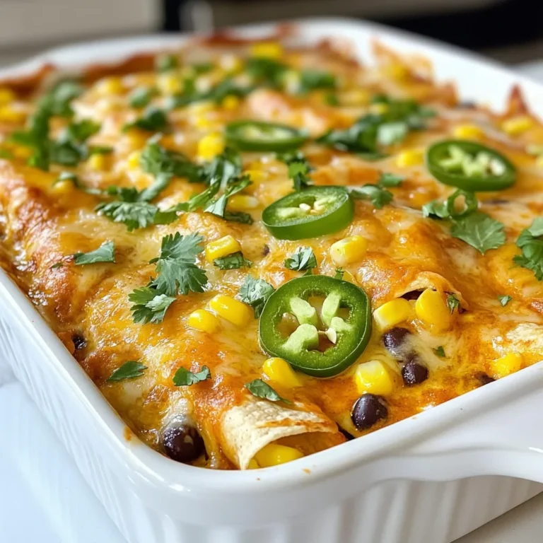 To make a delicious Chicken Green Enchilada Casserole, you will need the following ingredients: - 2 cups cooked shredded chicken - 1 can (10 oz) green enchilada sauce - 1 can (15 oz) black beans, drained and rinsed - 1 cup corn kernels (fresh or frozen) - 2 cups shredded cheese (Mexican blend or cheddar) - 8 corn tortillas - 1 small red onion, finely chopped - 1 jalapeño, finely diced (optional for extra heat) - 1 teaspoon cumin - 1 teaspoon garlic powder - 1 teaspoon chili powder - Salt and pepper to taste - Fresh cilantro for garnish Each ingredient plays a key role. The cooked shredded chicken brings protein and flavor. The green enchilada sauce adds a zesty kick. Black beans offer fiber, while corn gives sweetness. Shredded cheese binds everything together, creating that gooey texture we love. Corn tortillas provide the perfect base. Red onion adds crunch, and jalapeño gives heat if you want it spicy. Cumin, garlic powder, and chili powder enhance the depth of flavor. Finally, salt and pepper tie it all together. This mix makes a warm, inviting dish that feeds the soul. {{ingredient_image_1}} 1. Preheating the oven: Start by preheating your oven to 375°F (190°C). This step warms up the oven for even cooking. 2. Mixing the filling: In a large bowl, combine 2 cups of cooked shredded chicken, 1 can of black beans (drained and rinsed), 1 cup of corn, half of the 10 oz green enchilada sauce, and 1 small finely chopped red onion. Add 1 teaspoon each of cumin, garlic powder, and chili powder. Season with salt and pepper. Mix all ingredients well. 3. Layering the casserole: In a 9x13 inch baking dish, spread a thin layer of the remaining enchilada sauce on the bottom. Layer 4 corn tortillas over the sauce, overlapping them slightly. Spoon half of the chicken mixture over the tortillas, spreading it evenly. Top with half of the shredded cheese. Repeat the process: add another layer of 4 tortillas, the remaining chicken mixture, and top with the rest of the cheese. For heat, sprinkle diced jalapeño over the cheese if desired. 1. Covering and initial baking: Cover the casserole with foil. Bake it in the preheated oven for 25 minutes. This helps keep it moist while cooking. 2. Final baking for cheese melting: After 25 minutes, remove the foil. Bake for an additional 10-15 minutes. Look for the cheese to be bubbly and golden brown. 3. Cooling and garnishing: Once it is done, take it out of the oven. Let it cool for a few minutes before slicing. Garnish with freshly chopped cilantro for a nice touch. - Ensure chicken is well-seasoned: Use salt, pepper, cumin, and chili powder. These flavors elevate the chicken. - Proper layering techniques: Start with sauce, then tortillas, followed by filling. Repeat until you finish. This helps each bite be full of flavor. - Adjusting spice levels to taste: If you love heat, add more jalapeño. For milder, skip it or reduce the spice. - Over or undercooking the casserole: Watch the time closely. Bake it for 25 minutes covered, then 10-15 minutes uncovered. This ensures bubbly cheese without burnt toppings. - Not letting it cool before slicing: Give it a few minutes to set. This keeps the layers together when you cut it. Slicing too soon makes a messy dish. Pro Tips Use Rotisserie Chicken: To save time, consider using rotisserie chicken instead of cooking your own. It adds great flavor and cuts down on prep time. Customize Your Heat: Adjust the heat level by adding more jalapeños or using a spicier enchilada sauce. Taste as you go to find your perfect spice level. Make Ahead: This casserole can be assembled a day in advance. Just cover it tightly and refrigerate until you’re ready to bake it the next day. Garnish for Freshness: Don’t skip the cilantro garnish! It adds a fresh flavor that brightens up the dish beautifully. {{image_2}} You can easily switch out some ingredients in this casserole. - Alternatives for shredded chicken: Use rotisserie chicken for ease. You can also use shredded turkey or even tofu for a plant-based option. - Different types of beans or vegetables: Swap black beans for pinto beans or chickpeas. You can add diced bell peppers, zucchini, or spinach for extra nutrients and taste. - Cheese options: While I love a Mexican blend, cheddar works great too. You could even try pepper jack for a spicy twist. This casserole shines when paired with the right sides. - Pairing with sides like rice or salads: Serve it with cilantro-lime rice or a fresh garden salad. Both add freshness and balance the meal. - Serving with dips and sauces: Add a side of guacamole or sour cream. A dollop of salsa brings in extra flavor and color to your plate. To keep your Chicken Green Enchilada Casserole fresh, store it in an airtight container. Place it in the fridge right after it cools. It can last up to four days this way. If you want to save it longer, freeze it. Wrap the casserole tightly in plastic wrap and then in foil. It can last up to three months in the freezer. For reheating, use your oven for the best flavor. Preheat it to 350°F (175°C). Unwrap the casserole and cover it with foil. Bake for about 20 minutes or until hot. You can also microwave individual portions for quick meals. Just ensure they are heated thoroughly. For freshness, eat the casserole within four days if stored in the fridge. If you freeze it, use it within three months for the best taste. Check for spoilage by looking for off smells or a change in texture. If the cheese looks discolored or the sauce seems watery, it’s best to toss it. Always trust your senses when it comes to food safety! You can use flour tortillas instead of corn. They are soft and easy to work with. You could also try using lettuce wraps for a low-carb option. They add a fresh crunch and taste. Yes, you can prepare this casserole ahead of time. Just layer it and cover it tightly. Store it in the fridge for up to 24 hours before baking. This saves time on busy days. Absolutely! This casserole is great for meal prep. You can divide it into portions. Store each in airtight containers. Reheat them easily for quick meals during the week. To make this dish vegetarian, swap the chicken for more beans. You can add black beans, pinto beans, or even lentils. Add more veggies like bell peppers or zucchini for extra flavor and texture. To reheat, place individual portions in the microwave. Heat on medium until warm. You can also reheat the whole casserole in the oven at 350°F for about 15-20 minutes. Cover it with foil to keep it moist. You now have a complete guide to making Chicken Green Enchilada Casserole. We discussed the key ingredients, step-by-step instructions, and tips for success. Remember, seasoning the chicken well and avoiding common mistakes will elevate your dish. You can also make fun variations to suit your taste. Storage tips ensure your leftovers stay fresh. Enjoy your tasty casserole, and don't forget to impress your friends and family with your creation!