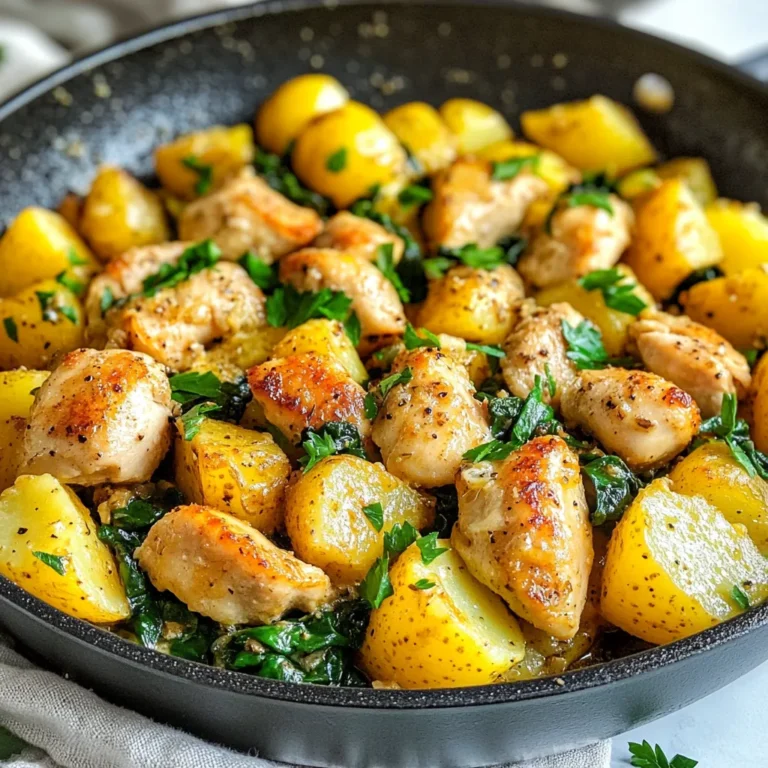 - Chicken: Use 2 boneless, skinless chicken breasts, diced into bite-sized pieces. This keeps the chicken tender and juicy. - Potatoes: You'll need 4 medium potatoes, diced into small cubes. This helps them cook evenly and adds a nice texture. - Garlic and Seasonings: Gather 6 cloves of minced garlic, 4 tablespoons of unsalted butter, 1 teaspoon of dried thyme, 1 teaspoon of paprika, and 1/2 teaspoon of red pepper flakes if you like heat. Don’t forget salt and pepper to taste! - Fresh Spinach and Garnish: Use 2 cups of fresh spinach to add color and nutrition. Finish with chopped parsley for a fresh touch. This blend of ingredients brings rich flavor and a hearty feel to your meal. The garlic and butter create a lovely aroma that fills your kitchen. Each bite combines the savory chicken with tender potatoes and fresh spinach. Enjoy the simple joy of cooking with these fresh and flavorful ingredients! {{ingredient_image_1}} Start by melting 2 tablespoons of butter in a large skillet over medium heat. Once the butter is sizzling, add the diced potatoes. Make sure to season them with salt and pepper. Cook them for about 10-12 minutes. Stir the potatoes often to ensure even cooking. Look for a golden and tender texture. For extra flavor, you can add herbs like thyme or rosemary. Just a sprinkle will boost the taste. Remember, fresh herbs also work well. They add a nice pop of flavor to the potatoes. After the potatoes are cooked, push them to one side of the skillet. In the empty space, add the remaining butter and let it melt. Then, add the diced chicken. For golden chicken, avoid overcrowding the pan. Cook for 6-8 minutes. Stir occasionally to get a nice brown color on all sides. Season the chicken with paprika, thyme, and red pepper flakes if you like heat. Don’t forget to add salt and pepper. These basic seasonings enhance the chicken's natural flavor. Feel free to adjust the amounts to your taste. Once the chicken is golden, add the minced garlic. Cook for 1-2 minutes until you smell the garlic. Garlic cooks fast, so keep an eye on it. You want it fragrant but not burnt. Next, toss in the fresh spinach. Stir everything together until the spinach wilts. This helps the flavors blend well. It also adds a lovely color to the dish. Mixing the garlic, chicken, and spinach creates a delightful taste. Enjoy this step, as it makes the dish truly special! Achieving the Right Consistency For the garlic butter sauce, use unsalted butter. This allows you to control the salt. Melt the butter over medium heat for the best flavor. If it’s too thick, add a splash of chicken broth. This adds taste and keeps the sauce smooth. Avoiding Burnt Garlic To prevent burnt garlic, add it near the end of cooking. Garlic cooks fast. Stir it in for just one to two minutes. You want it fragrant, not brown. Watch it closely, as burnt garlic can taste bitter. Best Pan to Use A large, heavy skillet is best for this dish. It heats evenly and holds heat well. This helps cook the chicken and potatoes perfectly. Non-stick pans work well too, making cleanup easier. Stirring Tips When cooking, stir gently but often. This helps everything cook evenly. Don’t rush the stirring; let the chicken brown before mixing. This adds flavor and texture to your meal. Pairing Ideas Garlic butter chicken goes well with rice or crusty bread. Both soak up the sauce nicely. You can also serve it with a fresh salad for a light meal. The crunch of salad balances the rich flavors. Ideal Accompaniments Fresh herbs like parsley add color and taste. Squeeze a bit of lemon on top for zing. For a heartier meal, try serving with roasted vegetables. They add extra nutrients and flavor to your plate. Pro Tips Use Yukon Gold Potatoes: Their creamy texture and buttery flavor pair perfectly with the garlic butter, making for a delicious base in this dish. Don’t Overcrowd the Pan: Ensure there’s enough space for the chicken and potatoes to brown evenly. If necessary, cook in batches. Fresh Garlic is Key: Use fresh garlic rather than pre-minced for the best flavor. Add it towards the end of cooking to preserve its aroma. Customize Your Greens: Feel free to substitute the spinach with other leafy greens like kale or Swiss chard for a different flavor profile. {{image_2}} Chicken Alternatives If you want to swap chicken, you have options. Turkey works well in this dish. You can also use diced pork or firm tofu for a twist. Each option gives a different taste but keeps the meal hearty. Vegetarian Options For a vegetarian version, skip the meat. Use chickpeas or black beans for protein. They add texture and flavor. You can also add more veggies, like bell peppers or zucchini, to make it filling. Spice Level Adjustments If you like heat, add more red pepper flakes. Start with a little, then taste. If you want less spice, leave them out. You can also use mild chili powder for a gentle kick. Herb Variations Herbs can change the whole dish. Replace thyme with rosemary or oregano for a new flavor. Fresh herbs like basil or cilantro can add brightness. Experiment with what you have for fun twists. - Best Practices for Storage: Let the Garlic Butter Chicken Potato Skillet cool down. Once cooled, place it in an airtight container. This keeps the dish fresh and tasty. Always label the container with the date you made it. This helps you track how long it has been stored. - Shelf Life Information: If stored correctly, your leftovers will last 3 to 4 days in the fridge. After that, the taste and texture may change. Always check for any signs of spoilage before eating. - Methods for Reheating: You can reheat this dish in several ways. The oven is great for a crispy texture. Set it to 350°F (175°C) and heat for about 15-20 minutes. You can also use a microwave. Place your portion in a microwave-safe dish, cover it, and heat for 2-3 minutes. Stir halfway to ensure even heating. - Maintaining Texture and Flavor: To keep the chicken juicy, add a splash of water or broth before reheating. This helps to steam the chicken and potatoes. Stirring during reheating also helps blend the flavors back together. It takes about 30 minutes to cook Garlic Butter Chicken Potato Skillet. You need 15 minutes to prep and 15 minutes to cook. Start by cooking the potatoes for 10-12 minutes. Then, cook the chicken for 6-8 minutes. Finally, add the garlic and spinach to finish. Yes, you can use frozen chicken or potatoes. However, cooking time may change. Make sure to thaw the chicken first. For frozen potatoes, cook them longer until they are soft. You can serve this dish with a fresh salad or crusty bread. A side of steamed veggies works well too. Rice or quinoa adds extra fiber and makes the meal heartier. Yes, you can make this dish ahead of time. Cook it, then cool it down. Store it in the fridge for up to three days. Reheat it in a skillet for the best taste. In this post, we explored how to make Garlic Butter Chicken Potato Skillet. You learned about the key ingredients, how to prepare them, and tips for cooking. We also covered storage and variations for different diets. Remember, this dish is versatile and can be adjusted to fit your taste. Try new spices or side dishes to make it yours. Follow the steps, and you’ll create a tasty meal that’s sure to impress!