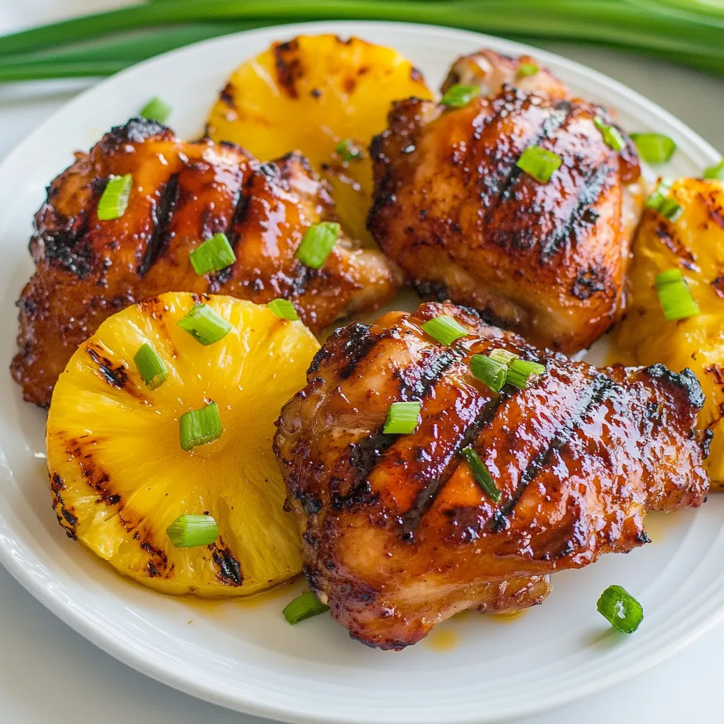 - 4 chicken thighs (bone-in, skin-on) - 1/4 cup soy sauce - 1/4 cup brown sugar - 1/4 cup pineapple juice - 2 tablespoons ketchup - 1 tablespoon apple cider vinegar - 1 teaspoon grated ginger - 2 cloves garlic, minced - 1/2 teaspoon black pepper - 1/4 teaspoon red pepper flakes (optional for heat) - Chopped green onions for garnish - Pineapple slices for grilling Huli Huli chicken starts with fresh ingredients. I love using chicken thighs because they stay juicy while grilling. The skin adds flavor and crispiness. The marinade is key. It blends soy sauce, brown sugar, and pineapple juice. This mix gives the chicken a sweet and savory taste. Ketchup adds a bit of tang, while apple cider vinegar helps balance flavors. Grated ginger and minced garlic bring a nice zing. Black pepper adds warmth, and red pepper flakes give a hint of heat if you like. For garnishing, I use chopped green onions. They add color and freshness. Grilled pineapple slices make a great side. They bring out the fruity notes in the dish. Gather these ingredients, and you’re ready to make a tasty meal! {{ingredient_image_1}} To start, grab a mixing bowl. In it, whisk together these ingredients: - 1/4 cup soy sauce - 1/4 cup brown sugar - 1/4 cup pineapple juice - 2 tablespoons ketchup - 1 tablespoon apple cider vinegar - 1 teaspoon grated ginger - 2 cloves garlic, minced - 1/2 teaspoon black pepper - 1/4 teaspoon red pepper flakes (optional) Whisk until the sugar dissolves. This mix is the heart of our flavor. Marination time matters. The longer you let the chicken soak, the tastier it gets. Aim for at least 2 hours, or even overnight, if you want big flavor. Next, you need to marinate the chicken. Take 4 chicken thighs and place them in a large resealable bag or a shallow dish. Pour the marinade over the chicken, making sure it coats every piece. Seal the bag or cover the dish tightly. Now, let the chicken rest in the fridge. The ideal marinating time? Two hours minimum, but overnight gives the best flavor. Time to grill! First, preheat your grill to medium-high heat. This step is key. A hot grill means crispy skin. Remove the chicken from the marinade, but save that marinade for basting later. Place the chicken on the grill, skin-side down. Cook for about 6-7 minutes. You want that skin crispy! After that, flip the chicken over. Baste it with the reserved marinade. Keep grilling for another 6-7 minutes until the internal temperature hits 165°F (75°C). While the chicken cooks, let’s focus on the pineapple. Slice it up and place it on the grill during the last 2-3 minutes of cooking. This timing is perfect for caramelization. You want those lovely grill marks! Tip: Keep an eye on the pineapple. It cooks fast. Flip it once to get even caramelization. Enjoy the sweet aroma as it cooks! To get the best taste from your Huli Huli Chicken, choose good soy sauce. I like using Kikkoman or Aloha brands. They give great depth to the marinade. Fresh ginger adds a nice zing, while dried ginger is convenient. Fresh ginger has more flavor, so use it if you can. When cooking chicken, check for doneness. The inside should reach 165°F (75°C). I use a meat thermometer to make it easy. Understanding grill temperatures is key too. Medium-high heat works best for this dish. It gives that lovely char without burning. Pair your Huli Huli Chicken with rice or a fresh salad. A light coleslaw also adds a nice crunch. For presentation, slice the chicken and arrange it on a platter. Add grilled pineapple slices for color and taste. Finish with a sprinkle of chopped green onions for a pop of freshness. Pro Tips Marinate Longer for Extra Flavor: For the best results, marinate the chicken overnight. This allows the flavors to penetrate the meat deeply, making it even more delicious. Use a Meat Thermometer: Ensure the chicken is cooked perfectly by using a meat thermometer. The internal temperature should reach 165°F (75°C) for safe consumption. Don't Waste the Marinade: Use the reserved marinade to baste the chicken while grilling. This adds more flavor and moisture, enhancing the dish. Grill Pineapple for Extra Sweetness: Grilling pineapple slices enhances their natural sweetness and adds a caramelized texture, making them a perfect complement to the Huli Huli chicken. {{image_2}} You can use different cuts of chicken for Huli Huli chicken. Chicken thighs work well, but chicken breasts or drumsticks are tasty too. If you choose chicken breasts, grill them for about 5-6 minutes on each side. Drumsticks take a bit longer, about 8-10 minutes per side. Always check that the chicken reaches an internal temperature of 165°F (75°C). Swapping ingredients can give your chicken a new twist. Try using coconut aminos instead of soy sauce for a soy-free option. You can also add orange juice in place of pineapple juice for a citrus kick. For a vegetarian option, use firm tofu or tempeh. Just marinate them the same way and adjust cooking times. You can cook Huli Huli chicken in different ways. One great method is oven baking. Preheat your oven to 375°F (190°C). Place marinated chicken on a baking tray and bake for 30-35 minutes. Baste it halfway for extra flavor. A slow cooker is another easy option. Just add the chicken and marinade to the cooker and cook on low for 6-8 hours. This method makes the chicken very tender and juicy. You can enjoy Huli Huli chicken no matter how you choose to cook it! To keep your Huli Huli chicken fresh, store it in the fridge. Place the chicken in an airtight container. This helps prevent any strong odors from other foods. You can also wrap it tightly in plastic wrap or foil. Leftover chicken will last for about three to four days in the fridge. If you want to save your chicken for later, freezing is a great option. First, let the chicken cool completely. Then, wrap each piece in plastic wrap, and place them in a freezer bag. Squeeze out any air to avoid freezer burn. Huli Huli chicken freezes well for up to three months. When it's time to eat, thaw the chicken in the fridge overnight. This keeps it safe and tasty. You can also use the microwave's defrost setting if you need it faster. To reheat your chicken, the oven works best. Preheat it to 350°F (175°C). Place the chicken in a baking dish, cover it with foil, and heat for about 15 to 20 minutes. This keeps the chicken moist. If you're short on time, the microwave is an option too. Heat on medium power in short bursts to avoid drying it out. You can add a splash of pineapple juice or water to keep the flavor strong. Enjoy your Huli Huli chicken just as tasty as when it was fresh! Huli Huli chicken is a popular Hawaiian dish. It features juicy, grilled chicken marinated in a sweet and savory sauce. The name "Huli Huli" means "turn" in Hawaiian, which refers to the method of cooking. This dish comes from the islands and has roots in local barbecue traditions. It is often cooked on an open flame or grill, giving it a unique smoky flavor. You will find Huli Huli chicken at many Hawaiian luaus and gatherings. Yes, you can make Huli Huli chicken ahead of time. This dish is great for meal prep. To do this, marinate the chicken thighs the night before. It allows the flavors to soak in. Store the chicken in the fridge in a sealed bag or container. When you are ready to cook, simply grill the chicken. This method saves time and makes for an easy dinner option. Huli Huli chicken pairs well with various sides. Some popular choices include: - Rice (white or brown) - Coleslaw - Grilled corn - Macaroni salad - Fresh salad - Pineapple slices These sides complement the sweet and savory flavors of the chicken. They also add freshness and crunch to your meal. Yes, you can make a low-sodium version of the marinade. To reduce the salt, use low-sodium soy sauce. You can also cut back on the soy sauce by half. Replace the remaining soy sauce with more pineapple juice or a splash of water. This keeps the flavors bright without the added salt. You learned how to make Huli Huli Chicken from scratch. We covered each step, from the flavorful marinade to grilling instructions. I shared tips for the best taste and how to store the leftovers. Experiment with different chicken cuts and marinades to find what you enjoy. Remember, this dish shines with the right sides. Enjoy creating your perfect meal and impressing your friends and family!