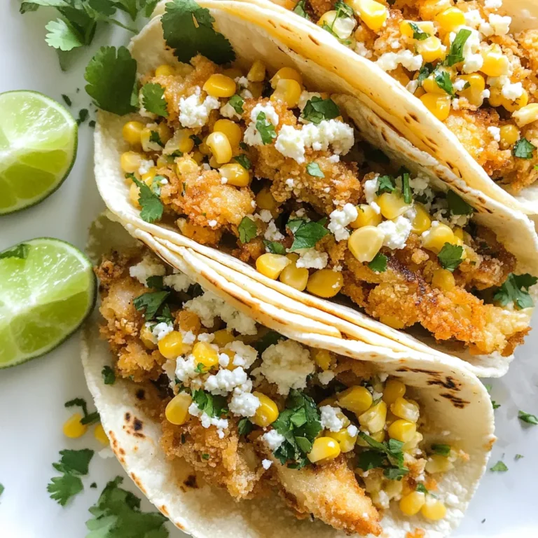 - 2 cups cooked and shredded fried chicken - 4 corn tortillas - 1 cup fresh corn kernels (or canned) - 1/2 cup mayonnaise - 1 tablespoon lime juice - 1/2 teaspoon chili powder - 1/2 teaspoon cumin - 1/4 cup crumbled queso fresco (or feta) - 1/4 cup chopped fresh cilantro - Salt and pepper to taste - Lime wedges for serving Fried chicken street corn tacos need fresh, simple ingredients. Start with cooked and shredded fried chicken. This gives the tacos their main flavor. Use four corn tortillas to hold all the tasty fillings. Fresh corn kernels add sweetness. If fresh corn is not available, canned corn works just fine. The creamy sauce is key to the dish. Mix mayonnaise, lime juice, chili powder, and cumin for a rich taste. This sauce brings the street corn flavor to life. Add salt and pepper for a little kick. For garnish, sprinkle crumbled queso fresco or feta on top. Fresh cilantro adds brightness and color. Don’t forget lime wedges for extra zest. These ingredients make each bite a burst of flavor and fun! {{ingredient_image_1}} To make the street corn sauce, grab a bowl. Mix 1/2 cup mayonnaise, 1 tablespoon lime juice, 1/2 teaspoon chili powder, and 1/2 teaspoon cumin. Add a pinch of salt and pepper. Taste it and adjust if needed. This sauce gives your tacos a great street corn flavor. If you use fresh corn, take 1 cup of corn kernels. Sauté them in a pan over medium heat for about 5 minutes. You want them to be slightly caramelized. If you use canned corn, just heat it in a pan for a few minutes. Set the corn aside when done. Take 4 corn tortillas. Warm them in a skillet over medium heat. Heat each side for about 30 seconds. You want them to be soft and slightly toasted. This step helps the tortillas hold all the yummy fillings. Start with one warm tortilla. Add a generous amount of cooked and shredded fried chicken, about 1/2 cup should do. Then, add a few spoonfuls of the sautéed corn on top. Drizzle your street corn sauce over everything. Now it’s time to make your tacos pretty. Sprinkle 1/4 cup of crumbled queso fresco and 1/4 cup of chopped fresh cilantro on top. This adds flavor and color. Squeeze fresh lime juice over the tacos and serve with extra lime wedges on the side. Enjoy the burst of flavors! For these tacos, soft corn tortillas are the best choice. They add that classic flavor and texture. Look for small, fresh tortillas at your local store. If you can, get them from a local tortilleria. They taste better and are more authentic. Warm them in a skillet for a few seconds. This makes them soft and easy to fold. You can play with the spices in this recipe. If you like heat, add more chili powder or even some cayenne. For a milder flavor, reduce the chili powder. Taste the sauce as you mix it. This way, you can find the right balance for your palate. Don’t hesitate to adjust the lime juice too. A little more can brighten the flavors. If you want a change from fried chicken, think about using grilled chicken. It gives a smoky flavor that pairs well with the corn. You can also try shredded rotisserie chicken for ease. If you prefer a meat-free option, use grilled mushrooms or roasted cauliflower. Both options add great texture and taste. Pro Tips Choose Quality Chicken: Opt for high-quality fried chicken for the best flavor and texture in your tacos. Customize Your Heat: Adjust the amount of chili powder in the sauce to suit your spice preference. Fresh Corn is Best: If possible, use fresh corn kernels for a sweeter, more vibrant taste. Warm Tortillas Properly: Ensure the tortillas are warmed until just pliable to avoid tearing when assembling your tacos. {{image_2}} You can make a tasty vegetarian version. Start by swapping fried chicken for grilled veggies. Use bell peppers, zucchini, and onions. Sauté them until soft and a bit charred. For the sauce, keep the street corn sauce as is. Mix it with some black beans for added protein. Top with corn kernels, queso fresco, and cilantro for a fresh bite. These tacos are colorful and fun! For a spicy kick, use spicy fried chicken. Coat the chicken with a blend of hot sauce and a bit of paprika before frying. This adds heat and flavor. Keep the street corn sauce but add more chili powder. You can even sprinkle some cayenne pepper on top. These tacos pack a punch and will wow your taste buds. Grilled chicken brings a smoky flavor. Season chicken breasts with lime juice, chili powder, and cumin. Grill until cooked through, then slice thinly. Use the same street corn sauce and toppings. The grilled chicken adds a nice texture. These tacos are great for summer cookouts! Each variation offers a new twist. Enjoy exploring the flavors! To store leftover tacos, place them in an airtight container. Keep the tacos in the fridge. They will stay fresh for up to two days. Store the chicken, corn, and sauce separately. This helps keep the tortillas from getting soggy. To reheat, use a skillet over medium heat. Warm each taco for about 1-2 minutes on each side. This helps keep them crispy. If you stored the chicken separately, heat it in the skillet first. You can also use the microwave for a quick option. Just cover the taco with a damp paper towel to keep it moist. You can freeze the cooked chicken and corn separately. Place them in freezer bags. Squeeze out the air and seal tightly. They will last for about three months in the freezer. When ready to eat, thaw them in the fridge overnight. Then, reheat as needed. Avoid freezing the assembled tacos, as they do not freeze well. I recommend using thighs or breasts. They stay juicy and flavorful. Thighs have more fat, which adds taste. Breasts cook faster but can dry out. Both work well in tacos. Yes, you can use frozen corn. Just thaw it before cooking. Frozen corn is convenient and tasty. It also saves time. However, fresh corn gives a sweeter taste. Street corn tacos come from Mexico. They blend flavors from elote, a popular corn dish. Elote is grilled corn, topped with mayo, cheese, and spices. Tacos put a fun twist on this classic. Making homemade tortillas is easy! You need masa harina, water, and a pinch of salt. Mix these ingredients until a dough forms. Shape the dough into balls. Then, press them flat and cook on a hot skillet. Enjoy fresh tortillas with your tacos! This blog post covered tasty street corn tacos with fried chicken. We discussed the key ingredients, like fresh corn, mayo, and spices. I shared step-by-step instructions to guide you through making these delicious tacos. Tips for choosing the best tortillas and adjusting flavors make the dish even better. Street corn tacos are fun and easy to make. Try the variations for new flavors. Enjoy these tasty bites with friends and family.