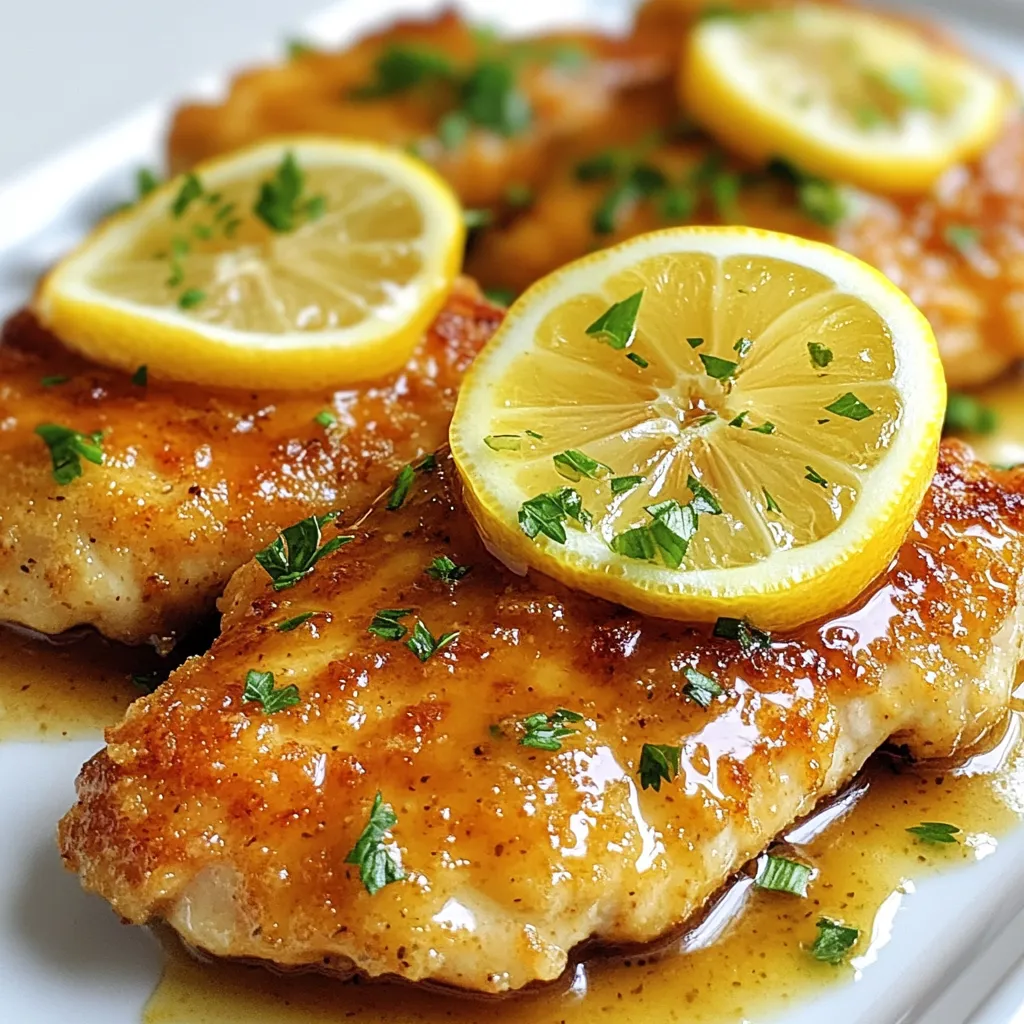 To make a great Chicken Francese, gather these key ingredients: - 4 boneless, skinless chicken breasts - Salt and pepper, to taste - 1 cup all-purpose flour - 2 large eggs - 2 tablespoons fresh lemon juice - 1 tablespoon chopped fresh parsley - 1/2 teaspoon garlic powder - 1/4 teaspoon black pepper - 1/4 cup olive oil (for frying) - 1 cup low-sodium chicken broth - 2 tablespoons unsalted butter - Lemon slices, for garnish - Extra parsley, chopped, for garnish These items create a tasty, zesty dish. The chicken breasts provide a nice base. The lemon juice adds brightness, while the broth keeps the dish moist. You can also enhance Chicken Francese with these optional ingredients: - Capers for a salty kick - White wine for a depth of flavor - Fresh thyme or basil for added herbs These additions can elevate your dish. They bring new tastes that complement the chicken. Try them out to find your favorite combo! If you have dietary needs, here are some substitutes: - Use almond flour for gluten-free options. - Replace eggs with a flaxseed mixture for vegan dishes. - Choose chicken thighs for a juicier option. These swaps keep the dish delicious while meeting your needs. Enjoy your cooking adventure with these flexible choices. {{ingredient_image_1}} Start with four boneless, skinless chicken breasts. Place them between two sheets of plastic wrap. Gently pound them until they are about 1/2 inch thick. This step ensures even cooking. Season both sides with salt and pepper. This adds flavor to the chicken. Now, set up your breading station. In one shallow dish, pour in 1 cup of all-purpose flour. In another bowl, beat two large eggs. Add two tablespoons of fresh lemon juice, half a teaspoon of garlic powder, and a quarter teaspoon of black pepper. Mix in one tablespoon of chopped fresh parsley. This mix gives the chicken a bright taste. Heat a large skillet over medium heat. Add a quarter cup of olive oil. Once the oil is hot, it’s time to cook. Dredge each chicken breast in the flour, shaking off the extra. Then dip it into the egg mixture, letting the excess drip off. Place the breaded chicken in the skillet. Cook for 4-5 minutes on each side. You want them golden brown and cooked through. Remove the chicken and place it on a paper towel-lined plate to drain. In the same skillet, add 1 cup of low-sodium chicken broth. Bring it to a simmer. Scrape up any browned bits from the bottom of the pan. These bits add great flavor. Stir in two tablespoons of unsalted butter until it melts. Return the cooked chicken to the skillet. Let it simmer in the sauce for 2-3 minutes. This step keeps the chicken moist and tasty. Arrange the chicken on serving plates. Drizzle the sauce over the top. For a nice touch, garnish with fresh lemon slices and extra chopped parsley. This makes the dish look vibrant. Serve it with garlic mashed potatoes or steamed asparagus for a complete meal. Enjoy your Chicken Francese! To get a great breading on your chicken, follow these steps: - Pound the Chicken: Start by gently pounding the chicken to an even thickness. This ensures it cooks well. - Season Well: Always season the chicken with salt and pepper before breading. This adds flavor. - Use Two Stations: Set up one bowl with flour and another with the egg mixture. This keeps things neat. - Shake Off Excess: After dredging in flour, shake off the extra. Too much flour makes the breading clump. - Quick Dipping: Dip the floured chicken into the egg mixture quickly. Let the excess drip off before cooking. Here are some mistakes that can ruin your Chicken Francese: - Overcrowding the Pan: If you put too much chicken in the skillet at once, it won’t fry evenly. Cook in batches if needed. - Not Heating the Oil: Make sure the oil is hot before adding chicken. This helps create a crunchy crust. - Skipping the Sauce: Don’t skip the sauce! It adds moisture and flavor to the dish. - Not Tasting: Always taste your sauce! Adjust salt and pepper as needed to fit your taste. To keep your chicken juicy, consider these tips: - Pound to Even Thickness: As mentioned, this helps it cook evenly and stay moist. - Don’t Overcook: Cook the chicken just until golden brown. Use a meat thermometer if needed. Aim for 165°F. - Simmer in Sauce: After frying, let the chicken simmer in the sauce for a few minutes. This adds moisture and flavor. - Cover with Sauce: When serving, drizzle sauce over the chicken. This keeps the dish moist and tasty. Pro Tips Even Thickness: Pound the chicken breasts to an even thickness to ensure they cook uniformly and remain juicy. Seasoning is Key: Don't skip seasoning the flour and egg mixture; it enhances the overall flavor of the dish. Use a Hot Skillet: Make sure the olive oil is hot before adding the chicken to achieve a perfect golden-brown crust. Scrape the Pan: When making the sauce, scrape the bottom of the skillet to incorporate all the delicious browned bits for added flavor. {{image_2}} You can take Chicken Francese up a notch. Add a filling of spinach and cheese. Start by cooking fresh spinach in a pan until wilted. Mix it with ricotta and mozzarella cheese. After pounding the chicken, place a spoonful of this mixture inside each breast. Roll the chicken tightly and secure it with toothpicks. Proceed with the breading and cooking steps as usual. The cheese will melt and blend beautifully with the lemon sauce. If you need a gluten-free version, swap the all-purpose flour. Use almond flour or gluten-free breadcrumbs instead. This change keeps the dish light and crispy. Follow the same steps for breading and cooking. The flavor and texture remain delicious, allowing everyone to enjoy this classic dish worry-free. For a plant-based twist, try making Eggplant Francese. Slice eggplant into rounds, about half an inch thick. Salt the slices and let them sit to draw out moisture. This step helps reduce bitterness. Rinse and pat dry, then bread them like the chicken. Dip in the egg mixture made from flaxseed meal and water. Cook until golden brown and crispy. Serve with the same lemon sauce for a fresh, vegan delight. To keep your Chicken Francese fresh, start by letting it cool down. Place the chicken in a shallow dish. Cover it tightly with plastic wrap or use an airtight container. This helps keep moisture in. Store it in the fridge for up to three days. If you want to keep it longer, freezing is a great option. When you are ready to enjoy your leftovers, reheating them well is key. You can use an oven or a skillet. For the oven, set it to 350°F (175°C). Place the chicken on a baking sheet and cover it with foil. Heat for about 15-20 minutes. If using a skillet, add a splash of chicken broth to keep it moist. Heat on medium-low until warmed through. Freezing is a smart choice if you have extra Chicken Francese. First, let it cool completely. Wrap each piece in plastic wrap, then place them in a freezer bag. Remove as much air as possible. This helps prevent freezer burn. Label the bag with the date. You can freeze it for up to three months. When you're ready to eat, thaw it in the fridge overnight before reheating. Chicken Francese means "French chicken." It is an Italian-American dish. The name suggests a style of cooking that uses egg batter and lemon sauce. The dish features chicken that is battered and fried, giving it a crispy texture. You might also see it spelled as "Francese." This dish highlights the bright, fresh flavors of lemon and herbs. Yes, you can use chicken thighs. They are juicier and have more flavor. Thighs will work well in this recipe. Just make sure to cook them until they reach an internal temperature of 165°F. The cooking time may vary slightly, so check for doneness. To spice up Chicken Francese, add red pepper flakes to the egg mixture. You can also add fresh herbs like basil or thyme for more depth. Another option is to serve it with a spicy dipping sauce. Adjust the spice level to suit your taste. Chicken Francese pairs well with many side dishes. Here are some great options: - Garlic mashed potatoes - Steamed asparagus - Roasted vegetables - A fresh garden salad - Pasta with olive oil and garlic These sides balance the bright lemon flavors in the dish and create a complete meal. We explored the essentials of Chicken Francese, from key ingredients to various cooking tips. You learned how to prepare and cook the chicken step-by-step. I offered ideas for variations and storage methods. Each section aimed to boost your cooking skills and flavor. Remember, cooking is fun. Experiment with flavors and enjoy your meals. Your perfect Chicken Francese awaits!