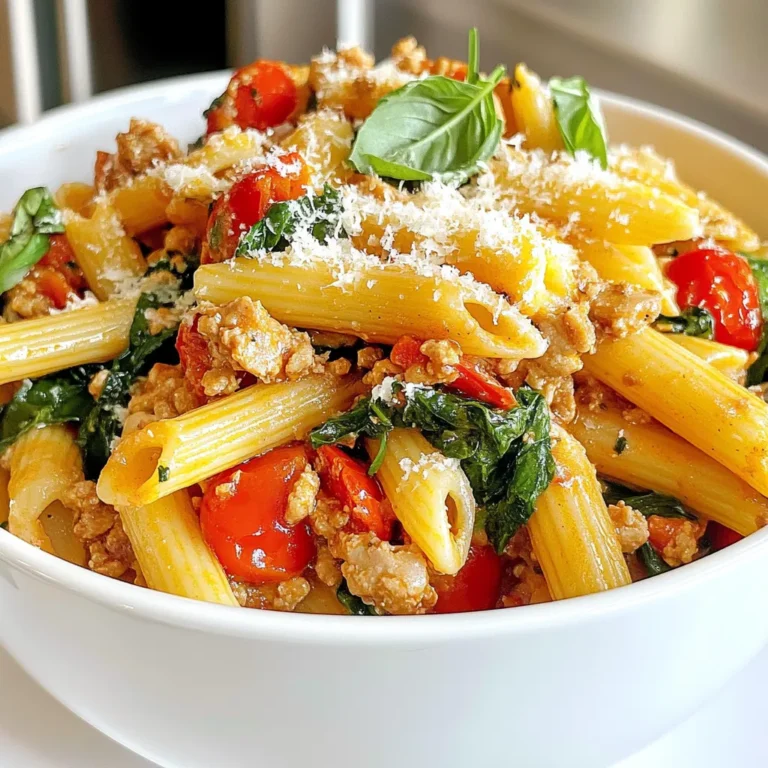 - 8 oz. pasta (penne or fettuccine) - 1 lb. ground chicken - 2 tablespoons olive oil - 1 small onion, finely chopped - 3 cloves garlic, minced - 1 red bell pepper, diced - 1 cup spinach, chopped - 1 teaspoon Italian seasoning - 1 teaspoon red pepper flakes (adjust to taste) - 1 cup chicken broth - 1 cup cherry tomatoes, halved - Fresh basil, for garnish - Grated Parmesan cheese, for serving The ingredients are simple but full of flavor. The pasta can be penne or fettuccine, but both work great. I prefer ground chicken because it cooks quickly and is lean. Olive oil adds richness and keeps the dish moist. The vegetables play a key role in this dish. Onions and garlic add savory depth. Red bell peppers bring sweetness and color. Spinach adds a fresh touch and a pop of green. Donβt forget the seasonings! Italian seasoning gives that classic herb mix flavor. Red pepper flakes add a kick, but you can adjust to your spice level. The chicken broth makes everything come together. It adds moisture and flavor. The cherry tomatoes offer a burst of juiciness. For a finishing touch, fresh basil and Parmesan cheese enhance the dish beautifully. Each ingredient works in harmony to create a tasty meal. If you gather all these items, youβre just steps away from a delicious dish. {{ingredient_image_1}} Start by bringing a large pot of salted water to a boil. Once the water is bubbling, add in 8 oz. of pasta. I like to use penne or fettuccine. Cook the pasta until it is al dente, which usually takes about 8 to 10 minutes. After cooking, drain the pasta in a colander. Make sure to save 1/2 cup of that pasta water for later. In a large skillet, heat 2 tablespoons of olive oil over medium heat. Add 1 small, finely chopped onion. SautΓ© it until it turns translucent, which takes about 3 to 4 minutes. Next, toss in 3 cloves of minced garlic and 1 diced red bell pepper. Cook these for another 2 to 3 minutes until they soften up. Now, push the veggies to one side of the skillet. Add in 1 lb. of ground chicken. Cook this, breaking it up with a spatula, until it turns brown and is fully cooked. This should take about 6 to 8 minutes. Once the chicken is cooked, stir in 1 cup of chopped spinach, 1 teaspoon of Italian seasoning, and 1 teaspoon of red pepper flakes. Cook this mix until the spinach wilts down. Pour in 1 cup of chicken broth and bring everything to a simmer. Then, add 1 cup of halved cherry tomatoes. Let the sauce cook for another 3 to 4 minutes. Now itβs time to bring the pasta into the mix! Add the drained pasta to the skillet, tossing everything together. If it seems too dry, pour in some of that reserved pasta water until you reach your desired consistency. Season with salt and pepper to taste. Finally, let it sit for a minute to allow those tasty flavors to meld together. Choosing the right pasta type For this dish, I love using penne or fettuccine. Penne holds the sauce well. Fettuccine offers a nice, flat surface to catch the flavors. You can pick any pasta you enjoy! Al dente cooking tips To achieve the perfect al dente texture, cook your pasta in salted water. Check the package for cooking time. Drain the pasta when it is firm but not hard. A minute before itβs done, taste it. This ensures a perfect bite. Adjusting seasoning levels Seasoning can make or break your dish. Start with the recommended Italian seasoning and red pepper flakes. Then, taste as you cook. Adjust salt and pepper to your liking. Feel free to add more spices if you want a punchy flavor. Options for extra ingredients/add-ins You can easily customize this dish. Try adding mushrooms, zucchini, or olives for extra taste. You can also toss in some fresh herbs like parsley or thyme. They add freshness and color to your pasta. Best accompaniments and sides This pasta pairs well with a simple salad. A green salad with a light vinaigrette works best. You can also serve garlic bread on the side for added crunch. Presentation tips for serving For a beautiful presentation, twirl the pasta on a fork before placing it on the plate. Top with fresh basil and a sprinkle of Parmesan cheese. This makes the dish look appealing and gourmet! Pro Tips Cook Pasta Al Dente: Always cook the pasta until al dente for the best texture. It will continue to soften once mixed with the sauce. Use Fresh Ingredients: Fresh vegetables and herbs will enhance the flavor of your dish significantly, making it more vibrant and delicious. Adjust Spice Level: Feel free to modify the amount of red pepper flakes to suit your heat preference. Taste your sauce before serving! Experiment with Cheese: While Parmesan is classic, try adding other cheeses like mozzarella or feta for a unique twist on flavor. {{image_2}} You can switch up the meat in this dish. Ground turkey is a great choice. It has less fat than chicken but still tastes great. You can also use ground beef for a heartier meal. If you prefer a vegetarian option, try plant-based ground meat. It mimics the texture of chicken well. Choose one that fits your taste and diet. Herbs can change the dish's flavor. Try using fresh basil or oregano instead of Italian seasoning. You can also mix in thyme or rosemary for a unique twist. Adding a splash of lemon juice or vinegar can brighten the flavors too. Both options work well and make the dish pop. If you need gluten-free options, use gluten-free pasta. It cooks similarly, so your dish will still taste great. You can also try spiralized vegetables, like zucchini or carrots. They add a fresh crunch and cut carbs. Just sautΓ© them briefly before adding the sauce for the best texture. Store leftover savory ground chicken pasta in an airtight container. This helps keep it fresh. You can refrigerate it for up to three days. Make sure to let it cool before sealing. This will avoid extra moisture inside the container. To freeze, divide the pasta into portions. Use freezer-safe bags or containers. Remove as much air as possible to prevent freezer burn. It can last up to three months in the freezer. When ready to eat, thaw it overnight in the fridge. To reheat, place it in a pot on low heat. Add a splash of chicken broth or water to help it warm up evenly. This keeps it tasty and fresh. When reheating, use a stove for best results. Add a little liquid to avoid dryness. Stir gently to keep the pasta moist. If you use a microwave, cover it with a damp paper towel. This will help steam it and prevent sogginess. Always check if itβs heated through before serving. To add heat to your dish, try these tips: - Add more red pepper flakes. - Mix in a dash of cayenne pepper. - Use hot sauce to taste. You can also consider spice blends like Cajun or chili powder. These add depth and a nice kick. Just remember to start small and adjust to your taste. Yes, whole wheat pasta is a great choice! It packs more fiber and nutrients than regular pasta. Here are some key points: - Whole wheat pasta is heartier and has a nutty flavor. - Cook it for about 1-2 minutes longer than white pasta. Adjust your cooking time based on the package instructions. This ensures your pasta is tender and tasty. Pair your Savory Ground Chicken Pasta with these side dishes: - A fresh garden salad with olive oil dressing. - Garlic bread or crusty baguette for dipping. These sides balance the meal and add variety to your plate. Enjoying different flavors enhances your dining experience. This blog post covered a tasty recipe for savory ground chicken pasta. We explored key ingredients, cooking steps, and tips for perfect pasta. I shared ideas for variations and storage methods. Remember, you can swap proteins and experiment with flavors to suit your taste. In the end, enjoy creating your dish and make it your own. Cooking should be fun and delicious!