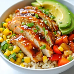 - 2 boneless, skinless chicken breasts - 1 cup brown rice - 1/2 cup BBQ sauce (preferably honey-infused) - 2 tablespoons honey - 1 tablespoon olive oil - 1 teaspoon smoked paprika - 1 teaspoon garlic powder - Salt and pepper to taste - 1 cup corn (fresh, canned, or frozen) - 1 cup bell peppers, diced (mixed colors for visual appeal) - 1/4 cup green onions, chopped - 1 avocado, sliced - Sesame seeds for garnish (optional) The main ingredients create a tasty base for your Honey BBQ Chicken Rice Bowl. The chicken provides protein and flavor. The brown rice gives you a hearty base. The honey-infused BBQ sauce ties it all together with sweet and smoky goodness. Seasonings like smoked paprika and garlic powder add depth. For optional ingredients, I love adding colorful bell peppers and corn. They not only boost nutrition but make the dish look great. Green onions add a fresh crunch, and avocado gives a creamy touch. If you want a little flair, sprinkle sesame seeds on top. Feel free to mix and match based on what you have. The great thing about this dish is its flexibility. You can customize it to suit your taste. {{ingredient_image_1}} To start, rinse 1 cup of brown rice under cold water. This step helps remove excess starch and makes the rice less sticky. Next, in a medium pot, combine the rinsed rice with 2 cups of water. Bring the mixture to a boil. Once boiling, reduce the heat to low. Cover the pot and let it simmer for about 40-45 minutes. The rice will become tender and absorb all the water. After cooking, remove the pot from heat and fluff the rice with a fork to separate the grains. Now, let’s prepare the marinade for the chicken. In a small bowl, mix together 1/2 cup of BBQ sauce, 2 tablespoons of honey, 1 teaspoon of smoked paprika, and 1 teaspoon of garlic powder. Add salt and pepper to taste. Place the 2 boneless, skinless chicken breasts in a resealable bag or a shallow dish. Pour the marinade over the chicken, making sure it is well coated. Let it sit for at least 30 minutes. For a deeper flavor, marinate it for up to 2 hours in the fridge. Next, heat 1 tablespoon of olive oil in a skillet over medium-high heat. Remove the chicken from the marinade and discard the leftover marinade. Cook the chicken for 6-7 minutes on each side. Make sure it is cooked through and no longer pink in the center. Use a meat thermometer to check that the internal temperature reaches 165°F (74°C). Once done, remove the chicken from the skillet and let it rest for a few minutes before slicing it into strips. In the same skillet, add 1 cup of diced bell peppers and 1 cup of corn. Sauté these veggies for about 5 minutes. You want the bell peppers to become tender and slightly charred. Season the mixture with a pinch of salt and pepper to enhance the flavors. To assemble your Honey BBQ Chicken Rice Bowl, start by layering the cooked brown rice at the bottom of each serving bowl. Then, add the sautéed vegetables on top. Next, place the sliced BBQ chicken over the veggies. Don’t forget to add sliced avocado for creaminess. Finally, sprinkle chopped green onions and sesame seeds for an extra touch. If you like, drizzle a little extra BBQ sauce over the top before serving. Enjoy your delicious creation! To make the best chicken for your bowl, I recommend using a skillet or grill. Both methods give great flavor. For the skillet, heat olive oil over medium-high heat. Cook each side for 6-7 minutes. To check if your chicken is done, use a meat thermometer. The inside should reach 165°F (74°C). Cut into the thickest part to check for pink. If it is white and juices run clear, it’s ready. Cooking brown rice takes a bit longer than white rice, but it’s worth it. Rinse the rice first to remove excess starch. Use 2 cups of water for every 1 cup of rice. Simmer it on low heat for 40-45 minutes. After cooking, fluff the rice with a fork. This keeps it light and airy. Fluffing also helps it absorb flavors better. To boost flavor, consider adding extra seasonings. You might try chili powder or cumin for a bit of heat. Fresh herbs like cilantro can also brighten the dish. If you want to switch up the sauce, try teriyaki or a spicy garlic sauce. These can add a new twist to your bowl. Pro Tips Marinate for Maximum Flavor: Allow the chicken to marinate for at least 2 hours in the refrigerator. This enhances the flavors and keeps the chicken juicy. Use a Meat Thermometer: To ensure your chicken is perfectly cooked, use a meat thermometer. The internal temperature should reach 165°F (74°C). Customize Your Veggies: Feel free to add or substitute any vegetables you like. Zucchini, broccoli, or even snap peas can add variety and nutrition. Perfectly Cooked Rice: For fluffier rice, let it sit covered for 10 minutes after cooking before fluffing it with a fork. This allows it to absorb any remaining moisture. {{image_2}} - Gluten-free options: To make this dish gluten-free, choose a gluten-free BBQ sauce. Many brands offer this type of sauce. Just ensure all other ingredients are gluten-free, including rice and seasonings. - Vegetarian adaptations: You can swap the chicken for tempeh, tofu, or chickpeas. These options soak up the BBQ sauce well and add protein. Use the same marinade to flavor your vegetarian choice. - Substituting ingredients for personal taste: If you prefer, use quinoa instead of brown rice. Quinoa has a nice nutty flavor that pairs well with BBQ. You can also swap bell peppers for zucchini or carrots, depending on what you have. - Add-ons like cheese or nuts: For a creamier texture, add shredded cheese like cheddar or pepper jack. If you want crunch, sprinkle some chopped nuts, like almonds or cashews, on top. - Pairing with sides: This bowl pairs well with a simple salad or steamed veggies. You can also serve it with tortilla chips for extra crunch. - Presentation ideas: Use a large bowl and layer the ingredients neatly. Arrange slices of avocado on top for color. A sprinkle of sesame seeds adds a nice touch. You can also serve it in a mason jar for a fun, portable meal. To store leftovers, place your honey BBQ chicken rice bowl in an airtight container. This keeps the food fresh and tasty. You should eat it within three days for the best flavor and safety. You can freeze this dish if you have extra. First, let it cool down. Then, put the chicken and rice in a freezer-safe bag or container. Make sure to remove as much air as possible. When you are ready to eat it, thaw it in the fridge overnight. To reheat, use a microwave or the oven. This helps keep the flavors and texture nice. The best way to reheat chicken and rice is in the microwave. Add a splash of water to keep it moist. Cover the dish with a damp paper towel. Heat it in short bursts, stirring in between. If you prefer the oven, preheat it to 350°F (175°C). Place the chicken and rice in a baking dish. Add a bit of water or broth to keep it from drying out. Cover with foil and heat for about 20 minutes. These tips ensure you enjoy your honey BBQ chicken rice bowl just like when it was fresh! You can use regular BBQ sauce or teriyaki sauce. For a sweeter touch, add a bit of honey. Mix it with soy sauce for a unique flavor. This gives a tasty twist to your dish. Yes, you can prepare the chicken and rice in advance. Cook them and store in the fridge. Just reheat the chicken and rice when you are ready to eat. The flavors will blend well overnight. Use a meat thermometer to check the chicken's internal temperature. It should reach 165°F (74°C). If you don’t have a thermometer, cut into the thickest part. The meat should be white, not pink. Yes! Use tofu or tempeh instead of chicken. Marinate them in the same sauce. You can also add more veggies, like zucchini or mushrooms. This keeps the dish tasty and satisfying. Cook the rice in vegetable or chicken broth instead of water. Add spices like garlic powder or a bay leaf while cooking. You can also mix in some fresh herbs or a squeeze of lemon for brightness. You've learned how to create a tasty chicken and rice bowl. We covered key ingredients, step-by-step cooking, and ways to make it your own. Remember, use fresh veggies or try new sauces for flavor. Storing leftovers properly helps keep them safe and tasty. Whether you're cooking for yourself or friends, this meal is simple and satisfying. Enjoy experimenting with variations until you find your perfect bowl!
