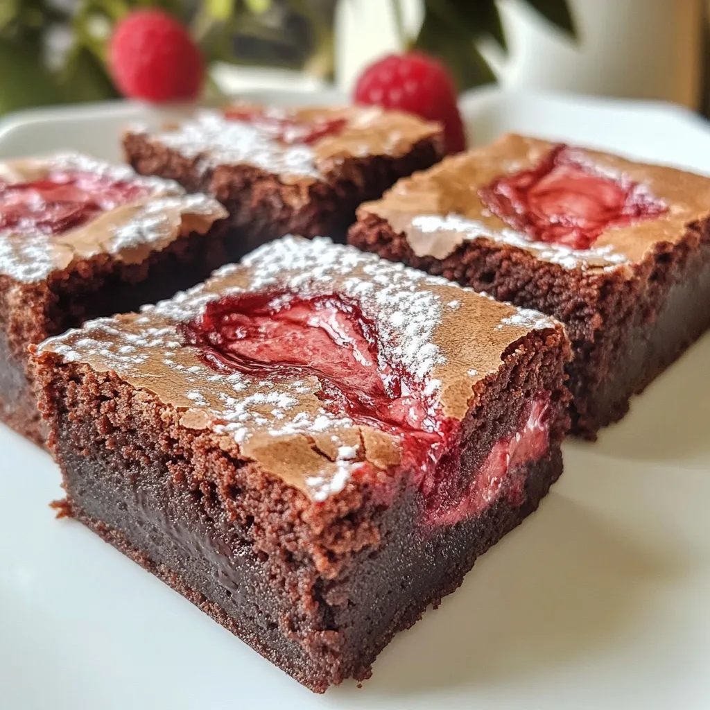 To make raspberry swirl brownies, gather these key ingredients: - 1 cup unsalted butter - 2 cups granulated sugar - 4 large eggs - 1 teaspoon vanilla extract - 1 cup all-purpose flour - 1 cup unsweetened cocoa powder - 1/2 teaspoon baking powder - 1/2 teaspoon salt - 1 cup fresh raspberries (or frozen, thawed) - 2 tablespoons honey (or maple syrup) - 1 tablespoon lemon juice - Optional: powdered sugar for dusting These ingredients work together to create rich, fudgy brownies with bright raspberry flavor. If you need alternatives, here are some options: - Use coconut oil instead of butter for a dairy-free option. - Swap granulated sugar for brown sugar for a deeper flavor. - Use flax eggs instead of chicken eggs to make it vegan. - You can replace all-purpose flour with almond flour or oat flour for gluten-free brownies. - Maple syrup can replace honey for a vegan sweetener. These substitutions keep the brownies tasty and fun. Choosing the right raspberries makes a big difference: - Look for bright red berries with no bruises. - They should smell sweet and fresh. - Check for firmness; soft berries may not hold up well. - If using frozen, ensure they are thawed and drained well. Fresh, juicy raspberries will enhance the flavor of your brownies. {{ingredient_image_1}} Start by preheating your oven to 350°F (175°C). This step is key for even baking. Next, grab a 9x13-inch baking pan. Grease it well with some butter. Then, line it with parchment paper. This will help you lift out the brownies easily later. Now, take a medium saucepan and melt 1 cup of unsalted butter over low heat. Once it's melted, remove it from the heat. Stir in 2 cups of granulated sugar until it looks smooth. It's time to add 4 large eggs. Add them one at a time, mixing well after each. Finally, stir in 1 teaspoon of vanilla extract. This will add a nice flavor. In a separate bowl, sift together 1 cup of all-purpose flour, 1 cup of unsweetened cocoa powder, 1/2 teaspoon of baking powder, and 1/2 teaspoon of salt. This step helps keep the brownies light. Gradually add this dry mix to the wet ingredients. Stir until just combined, but don't overmix. The batter should be thick and rich. In a small bowl, mash together 1 cup of fresh raspberries, 2 tablespoons of honey, and 1 tablespoon of lemon juice. Use a fork to create a chunky puree. Pour half the brownie batter into your prepared pan. Spread it evenly. Next, dollop spoonfuls of the raspberry mixture on top. Then, pour the rest of the brownie batter over this. Swirl the raspberry sauce into the batter gently with a knife. This creates a beautiful marbled effect. To get the best brownies, follow a few key steps. First, measure your ingredients carefully. This ensures the right balance of flavors and texture. Use room temperature eggs for better mixing. Always melt your butter slowly to avoid burning. When mixing, stir just until you see no flour. Overmixing can make brownies tough. For a lovely raspberry swirl, choose ripe, fresh raspberries. If using frozen ones, make sure to thaw and drain them first. Mash the raspberries gently. Mix honey and lemon juice into the berries. This adds sweetness and a touch of tartness. When layering, dollop the raspberry mix evenly on the batter. Use a knife to swirl gently, but don’t overdo it. You want a marbled look, not a full blend. These brownies shine on their own, but you can dress them up! Serve with a scoop of vanilla ice cream for a creamy contrast. A dusting of powdered sugar adds a nice touch. You might also try pairing them with fresh whipped cream. For a fun twist, drizzle chocolate sauce over the top. Enjoy them warm, or let them cool for a chewy treat. Pro Tips Use Room Temperature Ingredients: Allow your eggs and butter to come to room temperature before mixing. This helps create a smoother batter and ensures even baking. Don’t Overmix the Batter: When combining the dry and wet ingredients, mix just until incorporated. Overmixing can lead to dense brownies. Swirling Technique: For the best raspberry swirl effect, use a knife or toothpick to gently swirl the raspberry puree into the brownie batter, creating marbled patterns without fully blending. Cooling Time is Key: Let the brownies cool completely in the pan before cutting. This helps them set and makes for cleaner cuts. {{image_2}} You can make these brownies vegan with a few easy swaps. Replace the butter with coconut oil or vegan butter. Use flax eggs instead of regular eggs. Just mix one tablespoon of ground flaxseed with three tablespoons of water for each egg. This simple change keeps the brownies rich and moist. You still get that lovely raspberry swirl! If you need a gluten-free treat, swap the all-purpose flour for a gluten-free blend. Many brands offer great mixes that work well in brownies. Check the label to ensure it includes xanthan gum, which helps bind the batter. Your brownies will still be soft and chewy, with a tasty raspberry layer. You can get creative with flavors in these brownies. Add half a cup of chocolate chips for extra chocolate goodness. You could also mix in nuts like walnuts or pecans for a crunchy texture. Try adding a hint of orange zest for a fresh twist. These combinations will make your brownies even more exciting! To keep your raspberry swirl brownies fresh, store them in an airtight container. Place parchment paper between layers to prevent sticking. This method helps maintain their soft texture. Keep the container at room temperature for up to three days. If you live in a humid area, store them in the fridge to prevent spoilage. Freezing brownies is easy. Once they cool, cut them into squares. Wrap each square in plastic wrap and place them in a freezer-safe bag. Be sure to remove as much air as possible. You can freeze brownies for up to three months. When you want a treat, just thaw them at room temperature for about 30 minutes. Raspberry swirl brownies have a shelf life of about five days when stored properly at room temperature. If refrigerated, they can last up to a week. To reheat, pop them in the microwave for 10-15 seconds. This warms them up and makes them taste fresh. Enjoy them warm with a scoop of ice cream for a delightful dessert! Yes, you can use frozen raspberries in this recipe. Just remember to thaw them first. Drain any excess liquid to avoid making the batter too wet. The flavor will still be great, and your brownies will taste amazing! Check the brownies at 25 minutes by inserting a toothpick into the center. If it comes out with a few moist crumbs, they are done. If it comes out with wet batter, bake for a few more minutes. Keep an eye on them as ovens can vary. If your brownies turn out dry, it may be from overbaking. Next time, check them a few minutes earlier. You can also add a dollop of frosting or serve with ice cream to add moisture and flavor. Experiment with baking times to find what works best. Yes, you can double the recipe! Just use a larger baking pan, like a 9x18-inch pan. Make sure to adjust the baking time too. Start checking for doneness around the same time but expect it to take a bit longer. Enjoy the extra brownies! This article covers all you need for delicious raspberry swirl brownies. We explored ingredients, substitutes, and tips for choosing fresh raspberries. You learned step-by-step how to prepare, mix, and create the perfect raspberry swirl. We shared tricks to ensure the best texture and offered variations like vegan and gluten-free options. Lastly, we discussed storage methods and how to keep your brownies fresh. Enjoy making these treats with confidence, and remember, practice makes perfect!