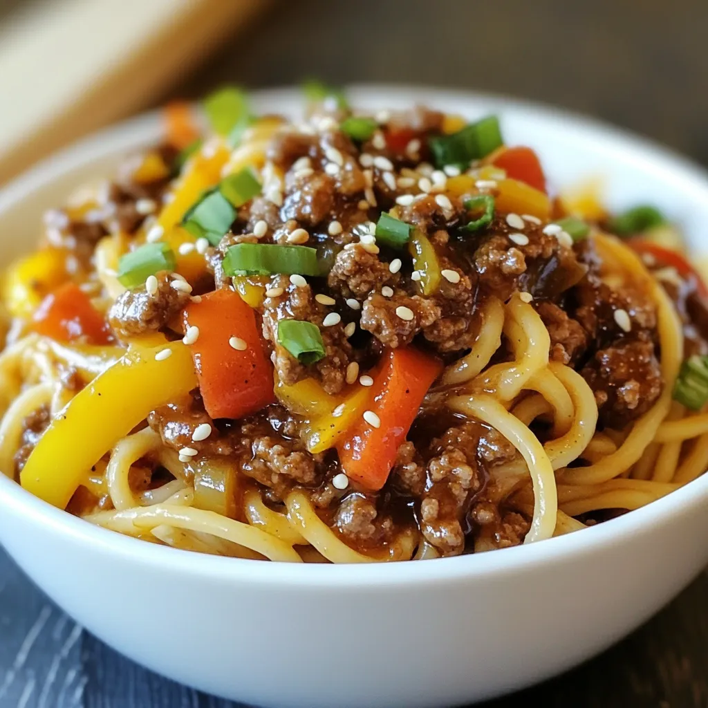 - 300g spaghetti - 250g ground beef - 1 tablespoon sesame oil - 3 cloves garlic, minced - 1 inch ginger, grated - 1 small onion, finely chopped - 1 bell pepper, thinly sliced - 2 carrots, julienned - 3 tablespoons soy sauce - 1 tablespoon oyster sauce - 1 tablespoon chili sauce, adjust to taste - Salt and pepper to taste - 2 green onions, chopped - Sesame seeds for garnish Gathering these ingredients is key. Start with spaghetti, which gives us a base. Ground beef adds protein and flavor. Sesame oil brings a nice nutty taste. Next, we turn to vegetables. Garlic, ginger, and onion form a fragrant trio. They add depth and warmth to the dish. Bell peppers and carrots contribute color and crunch. For sauces, soy sauce is a must for saltiness. Oyster sauce adds sweetness and richness. Chili sauce brings heat, which you can adjust based on your taste. Don't forget salt and pepper for seasoning. Finally, green onions and sesame seeds make great garnishes. They add a fresh look and extra flavor to the dish. {{ingredient_image_1}} First, bring a large pot of salted water to a boil. This adds flavor to the pasta. Next, add 300g of spaghetti. Cook according to the package instructions. You want it to be al dente, which means firm to the bite. Once it's ready, drain the spaghetti and set it aside. In a large skillet or wok, heat 1 tablespoon of sesame oil over medium-high heat. Add 3 cloves of minced garlic and 1 inch of grated ginger. Stir them for 30 seconds until you smell that great aroma. This step makes your dish even more tasty. Now it's time for the ground beef. Add 250g of ground beef to the skillet. Cook it for 5-7 minutes, breaking it apart with a spoon. You want it to be browned and fully cooked. Season with salt and pepper to taste. Next, it's time to add the veggies. Toss in 1 finely chopped onion, 1 thinly sliced bell pepper, and 2 julienned carrots into the skillet. Stir-fry everything for about 3-4 minutes. You want the vegetables to be tender but still crisp. Now, we will mix in the sauces. Pour in 3 tablespoons of soy sauce, 1 tablespoon of oyster sauce, and 1 tablespoon of chili sauce. Stir everything together. Make sure the beef and vegetables get well coated in the sauce. Now, add the cooked spaghetti back into the skillet. Toss everything together gently. You want the pasta to mix well with the beef and sauce. If you taste it and think it needs more flavor, adjust the seasoning as needed. Once everything looks good, remove it from heat. Stir in 2 chopped green onions for a fresh touch. Serve hot and sprinkle sesame seeds on top for a nice garnish. Enjoy your Asian-style ground beef spaghetti! - Choosing the right ground beef: Look for ground beef with 80% lean meat. This blend gives great flavor. Avoid very lean beef, as it can be dry. - Cooking tips for flavor: Heat the sesame oil before adding garlic and ginger. This step brings out their flavor. Sauté them for a short time to keep the taste bright. - Suggestions for swapping or adding vegetables: You can use broccoli, snap peas, or zucchini. These veggies add crunch and color. Feel free to mix your favorites into the dish. - Importance of texture and color: A mix of colorful veggies makes the meal appealing. Different textures keep each bite exciting. Aim for a rainbow of ingredients. - Personalized spice levels: Adjust the chili sauce to your taste. You can add more for heat or leave it out for mildness. Taste as you go to find what you love. - Recommendations for additional sauces: Try adding hoisin or teriyaki sauce for a sweet twist. These sauces can change the flavor profile. Just remember to balance with salt and pepper. Pro Tips Use Fresh Ingredients: Fresh vegetables and quality ground beef can significantly enhance the flavor and texture of your dish. Customize the Spice Level: Adjust the amount of chili sauce according to your taste preference. You can also add fresh chili for an extra kick. Cook Pasta Al Dente: Ensure the spaghetti is cooked al dente for the best texture. It will continue to cook slightly when mixed with the hot beef and sauce. Garnish for Presentation: A sprinkle of sesame seeds and chopped green onions not only adds visual appeal but also enhances flavor. {{image_2}} You can switch up the meat in this dish. Ground turkey or chicken works well. They provide a lighter taste but still pack flavor. For a vegetarian option, use crumbled tofu or tempeh. These will soak up the sauce nicely. Not a fan of regular spaghetti? Try rice noodles for a different texture. Whole wheat spaghetti adds fiber and is more filling. If you need gluten-free options, look for gluten-free pasta. There are many good choices available now. Want to make this dish even better? Add some nuts or seeds for crunch. Chopped peanuts or sesame seeds can add a nice touch. Fresh herbs like cilantro or basil brighten up the meal. Toss them in just before serving for a fresh burst of flavor. After you enjoy your Asian-style ground beef spaghetti, store any leftovers right away. Let it cool for about 30 minutes. Then, place it in an airtight container. Glass or plastic containers work well. Label the container with the date. This way, you know when you made it. If you want to freeze this dish, divide it into smaller portions. Use freezer-safe containers or bags. Remove as much air as possible to prevent freezer burn. To thaw, move it to the fridge overnight. For reheating, warm it in a skillet over medium heat or in the microwave. Add a splash of water for moisture. In the fridge, leftovers last about 3 to 4 days. If you freeze them, they can last up to 3 months. After that, they may lose taste and texture. Always check for signs of spoilage before eating. Asian-Style Ground Beef Spaghetti blends Asian and Western dishes. This dish combines classic spaghetti with bold Asian flavors. The use of soy sauce, sesame oil, and fresh vegetables adds a unique twist. Many cultures share similar ideas, making fusion cooking very popular. It reflects the creativity of chefs merging different cuisines. Yes, you can make this dish vegetarian! Swap the ground beef for plant-based meat. You can also use mushrooms, lentils, or chopped tofu for a hearty texture. Ensure you choose a vegetarian soy sauce and oyster sauce. This way, you keep the dish flavorful while meeting plant-based needs. To spice up your dish, add more chili sauce while cooking. You can also mix in fresh chopped chili peppers. For extra heat, sprinkle red pepper flakes on top before serving. Adjust the spice level to match your taste. Enjoy your Asian-Style Ground Beef Spaghetti with a kick! Check your spaghetti after about 8-10 minutes. It should feel firm yet tender. A good test is to take a bite. If it is chewy and not hard, it’s ready. Drain it as soon as it's done to prevent overcooking. Enjoy your perfectly cooked pasta! This blog post explored how to create delicious Asian-Style Ground Beef Spaghetti. We discussed key ingredients like spaghetti, ground beef, and flavorful sauces. I shared step-by-step instructions to guide you through cooking. Tips about perfecting the beef and adding variations made the dish even better. In closing, this recipe is easy, fun, and full of flavor. No matter your diet, you can customize it. Enjoy every bite!