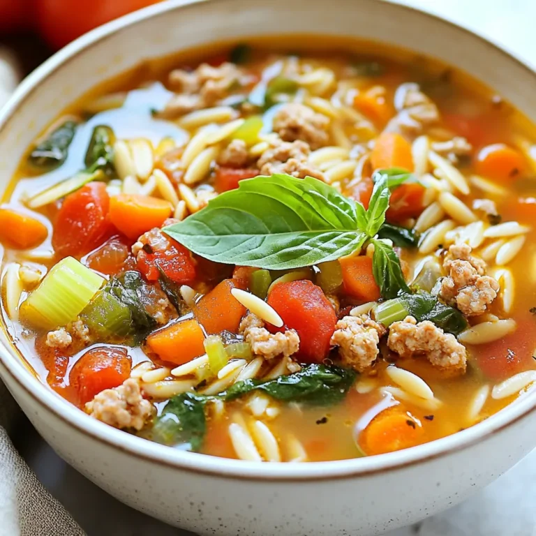 For this One Pot Italian Ground Chicken Soup, you need fresh and simple ingredients. Here’s what you will need: - 1 lb ground chicken - 1 medium onion, diced - 2 cloves garlic, minced - 1 carrot, diced - 1 celery stalk, diced - 1 can (14.5 oz) diced tomatoes (with juice) - 4 cups low-sodium chicken broth - 1 cup uncooked orzo pasta - 1 teaspoon dried Italian seasoning - 1/2 teaspoon red pepper flakes (optional) - Salt and pepper to taste - 2 cups baby spinach - Fresh basil leaves, for garnish - 1 tablespoon olive oil Each ingredient plays a key role. The ground chicken adds protein and heartiness. The onion, carrot, and celery bring sweetness and crunch. Garlic gives a nice depth of flavor. The diced tomatoes add acidity, while the broth provides richness. The orzo pasta is perfect for texture, soaking up all the flavors. Italian seasoning gives that classic taste we love. Red pepper flakes can add a touch of heat, but you can leave them out if you prefer a milder soup. The spinach adds color and nutrients. Fresh basil makes a lovely garnish that brightens the dish. Gather these ingredients, and you’ll be ready to create a delicious meal in no time! {{ingredient_image_1}} Sautéing Vegetables I start by heating olive oil in a large pot over medium heat. Next, I add diced onion, carrot, and celery. I sauté them for about five minutes until they soften. The aroma fills the kitchen, and it’s truly delightful. After that, I throw in minced garlic and cook it for one more minute. This step adds a rich flavor to the soup. Cooking Ground Chicken Now, I add one pound of ground chicken to the pot. I break it apart with a spoon. I cook it until the chicken turns white, which takes about five to seven minutes. This ensures that the chicken is fully cooked and safe to eat. Adding Tomatoes and Broth Once the chicken is cooked, I pour in a can of diced tomatoes with juice. Then, I add four cups of low-sodium chicken broth. I mix it well to combine all the flavors. The broth will be the base of my soup. Incorporating Orzo and Seasonings Next, I stir in one cup of uncooked orzo pasta. I also add one teaspoon of dried Italian seasoning. For a little heat, I can include half a teaspoon of red pepper flakes, if I like. Finally, I season it with salt and pepper to taste. Simmering the Soup I bring the soup to a gentle boil. Then, I reduce the heat to low and let it simmer for about 10 to 12 minutes. This allows the orzo to cook and absorb the flavors. Adding Spinach With just a few minutes left, I add two cups of baby spinach. I cook it for another two to three minutes until it wilts. This adds a vibrant color and nutrients to the soup. Now, I taste the soup and adjust the seasoning if needed before serving. Browning the Chicken Browning the ground chicken is key for flavor. Start by heating olive oil in your pot. Add the chicken and break it apart. Cook it until it turns golden. This step adds depth to your soup. Ensuring the Right Consistency You want your soup to be hearty but not too thick. If it seems too thick, add more broth. If it’s too thin, let it simmer longer. This will help the flavors meld nicely. Herbs and Seasoning Suggestions Dried Italian seasoning works well here. You can also add fresh herbs like thyme or oregano. They boost the taste. For a little heat, use red pepper flakes. Just a pinch can make a big difference. Using Fresh Ingredients Fresh veggies make your soup vibrant and tasty. Use crisp carrots, fresh spinach, and a good onion. Fresh ingredients enhance both flavor and nutrition. They make a simple soup feel gourmet. Garnishing Ideas Once you serve your soup, add fresh basil leaves on top. This adds color and a nice aroma. You can also sprinkle some grated cheese for extra richness. Serving Suggestions Serve the soup in deep bowls. Pair it with crusty bread or a side salad. This makes for a complete meal. The bread is perfect for dipping into the soup. Enjoy every bite! Pro Tips Use Fresh Herbs: Fresh basil adds a burst of flavor to the soup. Add it just before serving to maintain its vibrant taste. Cook Orzo Separately: For a less starchy soup, consider cooking the orzo separately and adding it just before serving. Customize Your Veggies: Feel free to add other vegetables like zucchini or bell peppers for more nutrients and flavor variations. Leftovers Storage: Store leftovers in an airtight container in the fridge for up to 3 days. Reheat gently on the stovetop to preserve the pasta's texture. {{image_2}} You can switch ground chicken for other meats. Ground turkey works well too. If you want a richer taste, use ground beef. For a lighter option, try ground pork. Each protein brings its own flavor, so feel free to experiment. This soup is flexible with veggies. If you don’t have carrots, use bell peppers instead. Zucchini or green beans are also great options. You can even add corn for sweetness. Just remember to adjust cooking times based on what you choose. To make this soup gluten-free, swap orzo for rice or gluten-free pasta. You can also skip the pasta altogether for a lighter dish. Use gluten-free broth to keep it safe for all diets. Always check labels to ensure no hidden gluten. For a vegetarian version, replace ground chicken with mushrooms or lentils. You can use vegetable broth instead of chicken broth. Add extra veggies like diced potatoes or chickpeas to boost protein. This version stays tasty and filling. If you like heat, add more red pepper flakes. You can also use fresh chili or hot sauce for a kick. For a milder soup, leave out the red pepper flakes. Always taste as you go to find your perfect heat level. Herbs can change the whole soup vibe. Basil and oregano are classic choices. But you can mix in thyme or rosemary for a twist. Fresh herbs added at the end will brighten the soup. Just chop them finely for a burst of flavor. To store leftovers of One Pot Italian Ground Chicken Soup, let it cool first. After cooling, transfer it into airtight containers. This keeps the soup fresh and safe to eat. I recommend using glass containers or BPA-free plastic. Glass is great for reheating too. You can freeze this soup for longer storage. Pour the cooled soup into freezer-safe bags or containers. Leave some space at the top for expansion. Label the bags with the date. For thawing, place the soup in the fridge overnight. For quick reheating, warm it in a pot over low heat. When stored properly, the soup lasts about 3-4 days in the fridge. If you freeze it, it can stay good for 2-3 months. After that, the flavor may fade. Always check for any odd smells or colors before eating. Enjoy your tasty soup whenever you want! Can I use cooked chicken instead of ground chicken? Yes, you can use cooked chicken. Shred or chop it into small pieces. Add it to the soup after cooking the veggies. This saves time and adds flavor. How can I make this soup dairy-free? This soup is naturally dairy-free. Just avoid adding cheese or cream. You can still enjoy the rich taste without any dairy! What can I serve with this soup? Serve this soup with crusty bread or a fresh salad. A side of garlic bread pairs well too. You can also add a sprinkle of cheese, if you like. How long can I cook the soup for optimal flavor? Cook the soup for about 20 minutes. This allows all the flavors to meld. If you have more time, let it simmer longer for even richer taste. Can I substitute orzo with another pasta? Yes, you can use any small pasta. Try ditalini or small shells. Just make sure to adjust cooking time based on the pasta you choose. What are alternatives to canned tomatoes? You can use fresh tomatoes if you prefer. Just chop them up and add juice. Another option is tomato sauce or crushed tomatoes for a smooth texture. In this blog post, we covered how to make a delicious soup with ground chicken, fresh veggies, and pasta. You learned step-by-step methods for preparing and combining ingredients. We also shared helpful tips for flavor and presentation. If you try variations and storage tips, you can enjoy this dish in many ways. Remember, cooking is all about experimenting. I encourage you to have fun while making this soup!