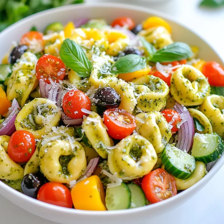 - 12 oz cheese tortellini (fresh or frozen) - 1 cup cherry tomatoes, halved - 1 cup cucumber, diced - 1/2 cup bell pepper, diced (any color) - 1/2 cup red onion, finely chopped - 1/4 cup black olives, sliced - 1/2 cup pesto sauce (store-bought or homemade) - 1/4 cup grated Parmesan cheese - Salt and pepper to taste - Fresh basil leaves for garnish You can swap the cheese tortellini with spinach or mushroom tortellini. This will add a nice twist. For the pesto, try sun-dried tomato pesto for a different flavor. If you prefer, use feta cheese instead of Parmesan. You can also use green olives instead of black olives for a tangy taste. When choosing cherry tomatoes, look for ones that feel firm and have bright color. The cucumber should be crisp and free from soft spots. Select bell peppers with shiny skin to ensure they are fresh. The red onion should feel heavy and firm. Always check for blemishes or soft spots. Fresh basil leaves should be vibrant and fragrant. {{ingredient_image_1}} To start, bring a large pot of salted water to a boil. This step is key for flavor. Once boiling, add 12 oz of cheese tortellini. Cook fresh tortellini for about 2-4 minutes. If using frozen, let it cook for 5-7 minutes. You want it al dente, which means firm but not hard. Drain the tortellini and rinse it under cold water. This stops the cooking process and keeps it from getting mushy. While the tortellini cooks, you can prep your veggies. Take 1 cup of cherry tomatoes and cut them in half. Next, grab 1 cup of cucumber and dice it into small pieces. For color, use 1/2 cup of bell pepper, diced in any color you like. Then, finely chop 1/2 cup of red onion. Finally, slice 1/4 cup of black olives. These fresh ingredients add great texture and flavor to your salad. Now, it’s time to combine everything. In a large mixing bowl, add the cooled tortellini, cherry tomatoes, cucumber, bell pepper, red onion, and black olives. Pour 1/2 cup of pesto sauce over the top. Toss gently to coat all the ingredients well. This is where the magic happens! Add 1/4 cup of grated Parmesan cheese, and season with salt and pepper to taste. Toss again to make sure the flavors mix evenly. For the best taste, cover the bowl and chill it in the fridge for at least 30 minutes. This lets the flavors meld together beautifully. When ready to serve, give it a final toss and garnish with fresh basil leaves. Enjoy your colorful, tasty dish! To keep tortellini perfect, watch the clock. Fresh tortellini cooks fast, about 2-4 minutes. Frozen tortellini takes a bit longer, around 5-7 minutes. Taste a piece before draining. It should be firm but tender. After cooking, drain the tortellini and rinse it under cold water. This stops the cooking and keeps it al dente. Mixing your salad well makes each bite tasty. Start with the cooled tortellini in a big bowl. Add your chopped veggies: cherry tomatoes, cucumber, bell pepper, red onion, and black olives. Pour the pesto sauce on top. Toss gently but thoroughly. You want every piece to be coated in that rich, green pesto. Want to kick up the flavor? Try adding a splash of lemon juice. It gives a bright taste. You can also toss in some pine nuts for crunch or sun-dried tomatoes for a sweet touch. Fresh herbs like parsley or dill can bring freshness. Don’t forget to taste your salad before serving. Adjust salt and pepper as needed for the best flavor. Pro Tips Fresh Ingredients: Use fresh vegetables for the best flavor and texture in your pasta salad. Chill Time: Allow the salad to chill for at least 30 minutes to enhance the flavors and overall taste. Pesto Varieties: Experiment with different types of pesto, such as sun-dried tomato or spinach, to give your salad a unique twist. Serving Suggestions: This salad pairs wonderfully with grilled chicken or shrimp for a complete meal. {{image_2}} You can choose many types of tortellini for this salad. Cheese tortellini is my go-to, but you can try others too. Spinach or mushroom tortellini adds a nice twist. You can even use meat-filled tortellini for a hearty option. When you pick your tortellini, consider what flavors you love. Each type brings its own taste and texture to the dish. To make your salad even better, add more ingredients. Here are some great options: - Artichoke hearts: They add a tangy flavor. - Peas: Fresh or frozen peas give a sweet crunch. - Feta cheese: It adds a salty creaminess. - Sun-dried tomatoes: These bring a rich, intense taste. - Fresh herbs: Basil, parsley, or oregano add freshness. Feel free to mix and match! The key is to balance flavors and textures. Each addition can transform the salad into something special. You can easily adapt this salad for different diets. If you want a vegan option, skip the cheese and use a vegan pesto. Many brands offer plant-based pesto that tastes great. For a gluten-free version, use gluten-free tortellini. They are now available at most stores. Make sure to check the labels of all ingredients. This way, you can enjoy a tasty meal that fits your diet. Cooking should be fun and inclusive for everyone! To store leftover Pesto Tortellini Pasta Salad, place it in an airtight container. This helps keep the salad fresh. Make sure to refrigerate it right away. When stored properly, the salad stays good for about 3 days. You can freeze this pasta salad, but it may change the texture. To freeze, pack the salad in a freezer-safe container. Leave some space for expansion. It will last up to 2 months in the freezer. When ready to eat, thaw it in the fridge overnight. Reheating this salad is simple. If you prefer it warm, use a microwave. Heat it for short intervals, stirring in between. This keeps the flavors intact. You can also serve it cold, as it tastes great that way too! Enjoy your salad no matter how you heat it! Yes, you can make this salad ahead of time. I often prepare it a few hours before serving. Just follow the recipe steps and chill it in the fridge. This helps the flavors blend. If you make it too early, the veggies may lose crunch. I suggest making it the day before for best taste. I recommend using fresh basil pesto. It adds a bright and rich flavor. You can use store-bought or homemade pesto. If you want something lighter, try a spinach or arugula pesto. Both options work well with the tortellini and veggies. This salad can last about 3 to 5 days in the fridge. Keep it in an airtight container to maintain freshness. If you notice any sogginess, it's best to eat it sooner. Always check for any off smells or changes in texture before enjoying leftovers. In this post, I covered how to make a delicious Pesto Tortellini Pasta Salad. We discussed key ingredients, substitutions, and tips for fresh produce. I shared step-by-step cooking instructions and easy mixing methods. You learned about variations to fit your taste and dietary needs. Finally, I provided storage tips and answered common questions. Now, you can enjoy a tasty meal anytime. Remember, cooking is fun and always a chance to be creative!