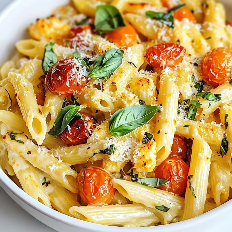 - 200g pasta (penne or fusilli works great) - 200g feta cheese (block) - 250g cherry tomatoes (halved) For this recipe, you need a few key items. First, choose your pasta. Penne or fusilli works best. Both shapes hold sauce well and cook evenly. Next, you need feta cheese, which should be in a block. It melts and softens beautifully while baking. Finally, grab some cherry tomatoes. You want to halve them to allow their sweet juices to mix with the feta. - 2-3 cloves garlic (minced) - 1/4 cup olive oil - 1 teaspoon dried oregano - 1 teaspoon chili flakes (optional) - Salt and pepper to taste - Fresh basil leaves (for garnish) - Grated Parmesan cheese (for topping, optional) Garlic adds depth to your dish. It brings a lovely aroma and flavor. Olive oil is crucial too. It helps to create a rich sauce while roasting the vegetables. Dried oregano adds an earthy note that pairs well with the feta. If you like some heat, add chili flakes. Salt and pepper balance all the flavors. Garnish with fresh basil for a bright touch. A sprinkle of grated Parmesan on top adds extra richness, if you choose. {{ingredient_image_1}} 1. First, preheat your oven to 200°C (400°F). This step is key for even cooking. 2. Next, grab a baking dish. Make sure it is large enough for all the ingredients. 1. In your baking dish, mix the halved cherry tomatoes, minced garlic, and olive oil. 2. Add the dried oregano and chili flakes. Season with salt and pepper, then stir well. 3. Place the block of feta cheese in the center of the mix. Drizzle a bit more olive oil over the feta. 1. Bake in the preheated oven for about 30-35 minutes. The tomatoes should blister, and the feta should soften. 2. To ensure the best texture, check that the feta is slightly golden but not burnt. 1. While the feta and tomatoes bake, cook your pasta. Follow the package instructions to get the timing right. 2. Cook until the pasta is al dente, then drain it and set it aside until the baking is done. 1. Once the baking dish is ready, use a fork to mash the feta into the tomatoes. This creates a creamy sauce. 2. Add the cooked pasta to the baking dish. Toss everything together until the pasta is well coated with the sauce. To get the best flavor, use fresh ingredients. The tomatoes should be ripe and sweet. I like to sprinkle a little extra oregano on top before baking. This adds a nice touch. For mashing feta smoothly, use a fork. Start with gentle pressure to break it down. This way, it blends well with the tomatoes. One common mistake is overbaking the feta. Keep an eye on it after 30 minutes. You want it soft, not browned too much. Also, check your ingredient prep. Ensure the garlic is minced well and tomatoes are halved. This helps in even cooking and flavor mixing. For ideal accompaniments, serve the pasta with a side salad. A fresh green salad pairs well. You can also add crusty bread to soak up the sauce. For wine, a crisp white wine works best. Try a Sauvignon Blanc or a light Pinot Grigio. These wines enhance the dish's flavors beautifully. Pro Tips Choose the Right Pasta: Using pasta shapes like penne or fusilli helps to trap the creamy sauce, ensuring every bite is flavorful. Fresh Ingredients Matter: Opt for fresh cherry tomatoes and high-quality feta cheese for the best flavor and texture. Adjust the Spice Level: If you prefer a milder dish, skip the chili flakes or reduce the amount to suit your taste. Garnish for Flavor: Fresh basil and grated Parmesan cheese not only add visual appeal but also enhance the dish's overall flavor profile. {{image_2}} You can switch up the cheese in baked feta pasta. Try goat cheese for a tangy taste. Creamy ricotta also works well. For a sharper flavor, use aged feta or even a mix of cheeses. You can add more veggies to this dish. Spinach or kale can boost nutrition. Bell peppers add crunch and color. Roasted zucchini or eggplant would also be tasty. Just remember to chop them small so they cook well. If you want a vegan version, use a plant-based feta cheese. You can find many brands that taste great. Also, replace the pasta with whole grains like quinoa for a nutty flavor. For gluten-free options, choose rice pasta or chickpea pasta. Both types hold up well in this dish. Just be sure to cook them al dente for the best texture. Use seasonal produce to enhance the flavors. In summer, fresh basil and ripe tomatoes shine. In fall, add roasted butternut squash or Brussels sprouts. You can create themed pasta for holidays too. For Christmas, add red and green veggies like red bell peppers and green spinach. For Halloween, consider black olives for spooky fun! To keep your baked feta pasta fresh, follow these steps: - Let the pasta cool completely before storing. - Use an airtight container to prevent moisture loss. - Divide leftovers into smaller portions for easy access. When you're ready to enjoy leftovers, use these methods: - Microwave: Heat on medium power in 30-second bursts. Stir between intervals. - Oven: Preheat to 180°C (350°F). Bake for about 15 minutes until warm. Avoid these common issues: - Overheating can dry out the pasta and cheese. - Stir well to make sure everything heats evenly. Baked feta pasta lasts about 3-5 days in the fridge. Look for these signs of spoilage: - Off smell or strange color. - Mold growth on the surface. If you see these, it's best to throw it out. To make baked feta pasta, follow these steps: 1. Preheat oven to 200°C (400°F). 2. Combine ingredients: In a baking dish, mix halved cherry tomatoes, minced garlic, olive oil, dried oregano, and optional chili flakes. Add salt and pepper, then stir. 3. Add feta: Place the block of feta cheese in the center of the dish. Drizzle more olive oil over the feta. 4. Bake: Put the dish in the oven for 30-35 minutes until tomatoes are blistered and feta is soft. 5. Cook pasta: While baking, cook 200g of pasta according to the package until al dente. 6. Mash feta: Once the baking is done, use a fork to mash the feta into the tomatoes. 7. Mix pasta: Add the cooked pasta to the baking dish and toss until well coated. 8. Serve: Garnish with fresh basil and grated Parmesan, if desired. Yes, you can use different cheeses. Here are some options: - Goat cheese adds a tangy flavor. - Ricotta gives a creamy texture. - Cream cheese offers a smooth consistency. - Mozzarella adds a stretchy, melty quality. These alternatives change the taste and texture. Feel free to experiment! For baked feta pasta, I recommend: - Penne: Its tubular shape holds sauce well. - Fusilli: The spirals catch more sauce and cheese. - Rigatoni: Large tubes add a hearty bite. Choose any of these pasta types for a great result. Baked feta pasta can be a healthy choice if you consider some factors: - Feta cheese: It has protein and calcium but is also higher in fat. - Pasta: Whole grain options add fiber. - Tomatoes: They are rich in vitamins and antioxidants. - Olive oil: It's a healthy fat, but use it in moderation. Overall, this dish can fit well into a balanced diet if you control portions and add veggies. This blog post showed you how to make baked feta pasta, starting with ingredients. You learned about pasta types, feta cheese, and essential seasonings. I shared step-by-step instructions to guide you through the baking and combining process. Key tips helped you avoid mistakes and enjoy perfect flavor. Don't hesitate to try variations or different ingredients. With a little creativity, you can enjoy this dish in many ways. Remember, cooking is about having fun and exploring new tastes!