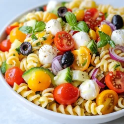- 12 oz rotini pasta - 1 cup cherry tomatoes, halved - 1 cup cucumber, diced - 1 bell pepper, diced (red or yellow) - 1/2 cup red onion, finely chopped - 1/2 cup black olives, sliced - 1 cup mozzarella balls - 1/4 cup fresh basil leaves, chopped - 1/3 cup Italian dressing (store-bought or homemade) - Salt and pepper to taste To make a tasty Italian dressing pasta salad, you'll need simple ingredients. Start with 12 oz of rotini pasta. This pasta holds the dressing well. Use 1 cup of cherry tomatoes, halved for a burst of flavor. Add 1 cup of diced cucumber for crunch. You can choose a bell pepper, either red or yellow, diced into small pieces. Include 1/2 cup of finely chopped red onion for a bit of bite. Toss in 1/2 cup of sliced black olives for richness. For creaminess, add 1 cup of mozzarella balls. Fresh basil adds a nice touch too, so use 1/4 cup, chopped. Finally, drizzle in 1/3 cup of Italian dressing. You can use store-bought or make your own. Don't forget to season with salt and pepper to taste. If you need alternatives for pasta, consider gluten-free or whole grain options. These choices offer different flavors and textures. You can also swap vegetables based on what you like or have. Try adding carrots, zucchini, or even spinach. For dressings, feel free to experiment. A balsamic vinaigrette or a creamy ranch dressing can change the taste. Don't hesitate to get creative with your salad. {{ingredient_image_1}} To start, boil 12 ounces of rotini pasta. Follow the package instructions for the best results. I recommend cooking it until it’s al dente. This means it should be firm but not hard. Once cooked, drain the pasta and rinse it under cold water. This step cools the pasta down quickly. It also stops the cooking process, keeping the pasta from getting mushy. Next, grab a large mixing bowl. Add the cooled pasta, along with 1 cup of halved cherry tomatoes, 1 cup of diced cucumber, and 1 diced bell pepper (red or yellow). Toss in ½ cup of finely chopped red onion, ½ cup of sliced black olives, and 1 cup of mozzarella balls. Drizzle ⅓ cup of Italian dressing over the top. Gently toss everything together. This helps coat all the ingredients evenly with the dressing. Make sure the dressing reaches all parts of the salad. Now, it’s time to chill the salad. Cover the bowl and place it in the fridge for at least 30 minutes. This step is key for flavor enhancement. As it chills, the flavors meld together. If you can wait longer, let it sit for up to two hours. The taste will get even better! Serve it chilled or at room temperature for a refreshing dish. To make your Italian dressing pasta salad shine, you want a colorful bowl. Choose a large, bright bowl to show off all the fresh veggies. You can garnish the top with extra basil leaves and a sprinkle of oregano. This adds a nice touch and makes it more inviting. When it comes to spices, think about adding garlic powder or Italian seasoning. You can also add some crushed red pepper for a kick. If you want a milder taste, skip the spice. Taste the salad, then adjust the salt and pepper to match your liking. Plan to make your pasta salad at least 30 minutes before serving. This time lets the flavors blend well. If you want to prepare it earlier, you can make it up to a day in advance. Just cover it and keep it in the fridge. This way, all the ingredients stay fresh and tasty until you are ready to eat. Pro Tips Perfect Pasta: Ensure you cook the pasta al dente for the best texture. It will continue to soften slightly as it cools. Chill Time: Let the salad chill in the refrigerator for at least 30 minutes. This allows the flavors to meld beautifully. Fresh Ingredients: Use the freshest vegetables you can find for maximum flavor and crunch. Seasonal produce is always a great choice. Custom Dressing: Try making your own Italian dressing for a personal touch. It can elevate the flavor profile and freshness of the salad. {{image_2}} You can change up the vegetables in your pasta salad. Use seasonal veggies for the best taste. Fresh tomatoes, cucumbers, and bell peppers add color and crunch. Try zucchini, asparagus, or peas for variety. You can also add proteins to make the dish heartier. Grilled chicken, salami, or even chickpeas all work well. Each choice adds a unique flavor and texture. While store-bought Italian dressing works great, homemade options shine too. Mix olive oil, vinegar, garlic, and herbs for a fresh taste. You can also try balsamic vinaigrette or ranch dressing. Each dressing brings its own twist to the salad. Experiment with flavors to find your favorite combo! To keep your Italian Dressing Pasta Salad fresh, store it properly. Place any leftovers in an airtight container. This helps lock in moisture and flavor. Make sure to cool the salad before sealing. If you leave it warm, it can create moisture inside the container. Use glass or plastic containers that seal well. This prevents spills and keeps your fridge clean. You can serve this salad cold or at room temperature. After refrigeration, give it a gentle stir. This helps mix the flavors again. If you reheat it, the texture may change. The pasta can become a bit mushy. The fresh vegetables may lose their crispness. For the best taste, enjoy it cold. The flavors are bright and refreshing when served chilled. You can store this pasta salad in the fridge for up to three days. After that, it may lose its taste and crunch. Watch for signs of spoilage, like an off smell or slimy texture. If you see these, it’s best to throw it away. Yes, making this pasta salad ahead is a great idea! Prepare it a day in advance. This gives the flavors time to mix and deepen. To keep it fresh, cover it tightly with plastic wrap or a lid. Avoid adding fresh basil until just before serving to keep it vibrant. Absolutely! This salad is perfect for meal prep. You can portion it into individual containers. This makes it easy to grab and go. When reheating, do it gently to keep the pasta from getting mushy. Enjoy it cold or at room temperature for the best taste! This Italian Dressing Pasta Salad is easy to make and full of fresh ingredients. From rotini pasta to colorful veggies, each component adds flavor. You can even swap ingredients or dressings to suit your taste. Involve your creativity with different veggies and proteins. Remember to chill your salad to boost flavor. This dish is also great for meal prep and leftovers. Enjoy a tasty and vibrant salad that pleases every palate!
