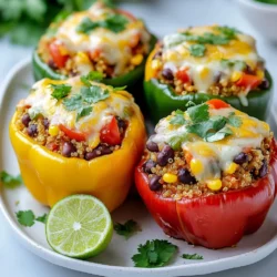- 4 large bell peppers (any color) - 1 cup quinoa, rinsed - 2 cups vegetable broth - 1 cup black beans, drained and rinsed - 1 cup corn (fresh or frozen) - 1 cup diced tomatoes (canned or fresh) - 1 small red onion, chopped - 2 cloves garlic, minced - 1 teaspoon cumin - 1 teaspoon chili powder - 1 teaspoon smoked paprika - ½ teaspoon salt - ¼ teaspoon black pepper - 1 cup shredded cheese (cheddar or Mexican blend) - Fresh cilantro, for garnish - Variations of grains or beans for filling - Seasonings or spices for added flavor When choosing your bell peppers, pick ones that feel heavy and firm. Any color works great, so go with your favorites. Quinoa adds a nutty taste to the dish. It is easy to cook and packed with nutrients. The black beans and corn provide extra protein and fiber. Diced tomatoes bring moisture and flavor to the filling. You can customize the spices to match your taste. If you like heat, add more chili powder. For a bit of zest, try lime juice. You can switch up the cheese too. Goat cheese or feta can give a fresh twist to the dish. These ingredients come together to create a colorful and tasty meal. Every bite will be full of flavor! {{ingredient_image_1}} To prepare the bell peppers, first cut off the tops. Use a sharp knife for clean cuts. Next, remove the seeds and membranes inside. I like to use large bell peppers since they hold more filling. You can pick any color you like. Red, yellow, or green peppers all work well and add a nice touch. To cook quinoa, you need one cup of rinsed quinoa and two cups of vegetable broth. Rinse the quinoa under cold water. This step removes the bitter taste. Then, bring the broth to a boil in a medium saucepan. Add the quinoa, reduce the heat, and cover the pot. Let it simmer for about 15 to 20 minutes. The quinoa is done when it becomes fluffy and absorbs all the liquid. In a large bowl, combine the cooked quinoa, black beans, corn, diced tomatoes, chopped red onion, and minced garlic. Add cumin, chili powder, smoked paprika, salt, and black pepper. Mix everything well. Taste the filling to check the flavor. If you want it spicier, add more chili powder. This balance of flavors makes the dish shine. Stuff each bell pepper with the quinoa mixture. Press the filling down gently to pack it in. Top with shredded cheese for that creamy finish. Cover your baking dish with aluminum foil. Bake in a preheated oven at 375°F (190°C) for 30 minutes. After that, remove the foil and bake for another 10 to 15 minutes. This lets the cheese melt and turn golden. You'll know they are done when the peppers are tender. When you pick bell peppers, look for ones that feel firm. They should have smooth skin and no blemishes. A weighty pepper usually means it is fresh. Bell peppers come in many colors. Red peppers are the sweetest. Yellow and orange peppers are milder. Green peppers taste more bitter and less sweet. Choose your favorite color for the best flavor in your dish. To make your stuffed peppers even tastier, add spices and herbs you love. Try adding oregano or paprika for more depth. A pinch of cayenne can give it a nice kick. If you want it less spicy, skip the chili powder. For a sweeter taste, add some corn or a dash of honey. Taste as you mix to get it just right. You will need a few tools for this recipe. A sharp knife helps cut the peppers easily. A baking dish should fit all the peppers snugly. Using a thermometer is smart. It helps you check when the peppers are done. This way, the cheese melts just right, and the peppers stay tender. Pro Tips Choose Colorful Peppers: Using a mix of colorful bell peppers not only makes the dish visually appealing but also adds a variety of flavors. Cook Quinoa Perfectly: Rinse quinoa thoroughly before cooking to remove any bitterness and enhance its nutty flavor. Spice it Up: Feel free to adjust the spices according to your heat preference. Adding jalapeños or hot sauce can give your stuffed peppers an extra kick! Customize Your Filling: You can add other ingredients like diced zucchini, mushrooms, or ground meat to the filling for a different twist. {{image_2}} You can easily make stuffed bell peppers vegetarian or vegan. Start by swapping quinoa with other grains. Brown rice, bulgur, or even farro work great. These grains give different textures and flavors. For plant-based protein, use lentils or chickpeas. They add protein and enhance the dish's heartiness. To ensure your stuffed peppers are gluten-free, check all ingredients. Many grains and beans are gluten-free, but always verify. You can also use gluten-free breadcrumbs in the filling. If the recipe calls for cheese, choose a gluten-free brand. This way, you’ll keep the dish safe and tasty for everyone. If you love meat, add ground meat to the filling mix. Ground beef, chicken, or turkey are all fantastic options. For a tasty twist, mix different meats together. Just cook the meat before adding it to the filling. This keeps everything safe and ensures great flavor. To keep your stuffed peppers fresh, place them in an airtight container. Wrap them well to avoid any air. You can store them in the fridge for up to 4 days. When you're ready to enjoy them, just reheat in the oven or microwave. You can freeze stuffed peppers for later use. If you freeze them before baking, wrap each pepper in plastic wrap and then foil. This way, they stay fresh. If you freeze them after baking, let them cool first. Then, store them in a freezer-safe bag. To thaw, place the peppers in the fridge overnight. If you're in a hurry, you can use the microwave. Reheat them until hot. Enjoy your delicious peppers even after freezing! Stuffed bell peppers take about 40 to 45 minutes to bake. First, cover them with foil and bake for 30 minutes. After that, remove the foil and bake for an extra 10 to 15 minutes. This helps the cheese melt and turn golden. The peppers should be tender when done. Yes! You can make stuffed bell peppers ahead of time. Just prepare them, but do not bake them. Store the stuffed peppers in the fridge for up to 24 hours. When ready, bake them straight from the fridge. Just add a few extra minutes to the bake time. You can get creative with fillings! Some tasty options include: - Cooked grains like rice or farro - Ground meat like beef or turkey - Lentils or chickpeas for a protein boost - Chopped veggies or even fruits like diced apples for a sweet touch Feel free to mix and match based on your taste! Stuffed bell peppers are a healthy option! They are low in calories and high in nutrients. The veggies provide fiber, while quinoa and beans add protein. You can adjust the filling to suit your health goals. Using fresh ingredients makes them even better for you. Yes, you can use cooked rice instead of quinoa. Both work well as a base for the filling. Just make sure your rice is cooked and cooled before mixing it with the other ingredients. This will keep the filling from getting too sticky. Stuffed bell peppers are a great meal choice. We explored their ingredients, prep steps, and variations. I highlighted tips for choosing peppers and enhancing flavors. Whether you prefer vegetarian options or meat-filled versions, there’s something for everyone. Store leftovers smartly, and freezing them is easy. Following these steps brings delicious stuffed peppers to your table. Enjoy this healthy and customizable dish with family or friends!