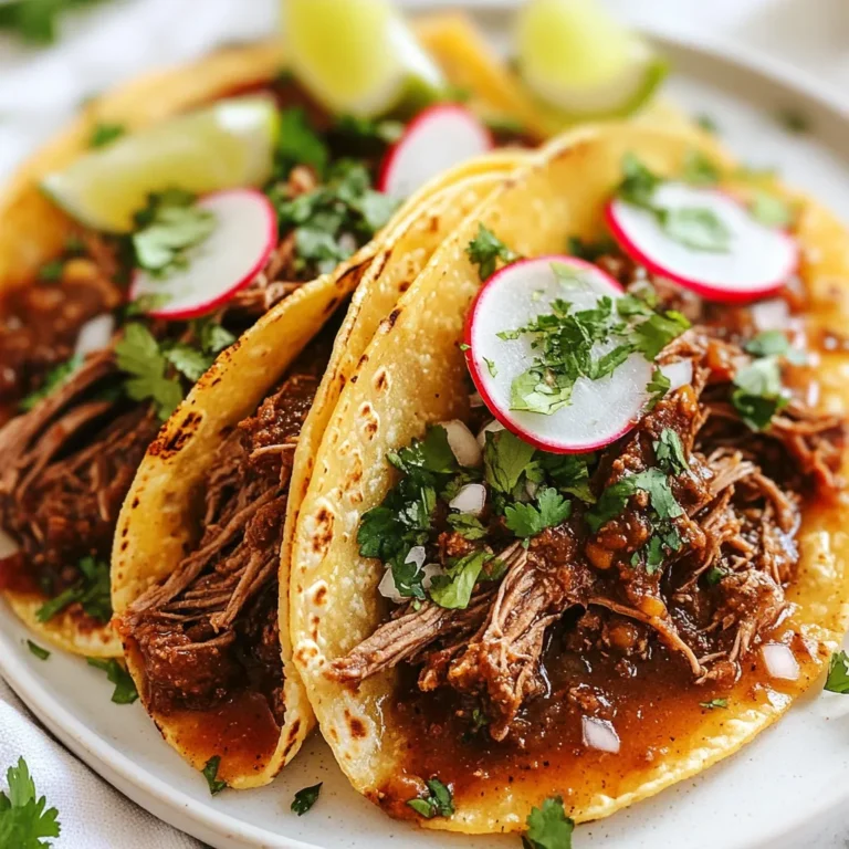 - 2 lbs beef chuck roast, cut into large chunks - 2 dried guajillo chilies, seeds removed - 2 dried ancho chilies, seeds removed - 1 medium onion, chopped - 4 cloves garlic, minced The beef chuck roast is key for juicy tacos. It has great flavor and tenderness when cooked low and slow. The guajillo and ancho chilies add depth and warmth to the dish. Donโt skip the onion and garlic; they build a strong base for the sauce. - 2 teaspoons ground cumin - 1 teaspoon dried oregano - 1 cinnamon stick - Salt and pepper to taste Cumin brings a nutty taste, while oregano adds earthiness. The cinnamon stick adds a hint of sweetness. Adjust salt and pepper to fit your taste. These seasonings create a balanced flavor that makes each bite special. - 4 cups beef broth - 2 tablespoons apple cider vinegar - Small corn tortillas - Fresh cilantro, chopped (for garnish) - Lime wedges (for serving) - Sliced radishes (for serving) Beef broth keeps the meat moist and flavorful. Apple cider vinegar cuts through the richness. Small corn tortillas are perfect for holding the beef. Fresh cilantro, lime, and radishes add bright flavors and a crunchy texture. These extras make the tacos fresh and fun! {{ingredient_image_1}} To start, you need to toast the chilies. Heat a dry skillet over medium heat. Add the dried guajillo and ancho chilies. Toast them for about two minutes, just until they smell nice. Be careful not to burn them. Once toasted, take them off the heat. Soak the chilies in hot water for about 15 minutes. This helps them become soft and easy to blend. Now, let's make the sauce. In a blender, add the soaked chilies, chopped onion, minced garlic, cumin, oregano, and the cinnamon stick. You can also add a pinch of salt and pepper. Blend everything until it is smooth. If the mix is too thick, add a little beef broth to help it blend. The sauce should be thick but pourable, like a smoothie. Next, it's time to cook in the crockpot. First, place the chunks of beef chuck roast into the crockpot. Pour the blended chili sauce over the beef. Then, add the beef broth. Stir everything together so the beef is well-coated in the sauce. Cover the crockpot with the lid. Cook on low for about eight hours or on high for four to five hours. The beef should be very tender and easy to shred with a fork. Once the beef is ready, take it out and shred it using two forks. Return the shredded beef to the crockpot so it can soak up all the tasty juices. To make your birria even better, adjust the spices. You can add more cumin for warmth or oregano for earthiness. If you like a little heat, toss in some crushed red pepper or cayenne. For deeper flavor, try adding smoked paprika. This spice adds a nice smokiness to the sauce, enhancing the overall taste. When it comes to toppings, fresh cilantro adds brightness. Lime wedges give a zesty kick. Sliced radishes add crunch and color. For a fun twist, dip your tacos into the birria broth. This extra step gives an amazing burst of flavor. You can also serve with a side of pickled onions for added zing. For this recipe, a 6-quart crockpot works best. It holds the beef and sauce perfectly. If you have a smaller crockpot, cut the recipe in half. Essential tools include a sharp knife, a cutting board, and a blender for the sauce. A pair of tongs helps when shredding the beef and serving the tacos. Pro Tips Choose the Right Cut: For the best flavor and tenderness, always opt for beef chuck roast. It has the right amount of fat to keep the meat juicy during the slow cooking process. Don't Skip the Toasting: Toasting the dried chilies enhances their flavor significantly. Keep an eye on them to prevent burning, as this can lead to a bitter taste. Let it Rest: After cooking, allow the beef to rest for a few minutes before shredding. This helps retain the juices, making the meat more flavorful and moist. Serving Suggestions: For an authentic experience, serve the tacos with a side of the birria broth for dipping. This adds an extra layer of flavor and moisture to each bite. {{image_2}} You can swap beef for other meats. Pork works well and adds a nice flavor. Use pork shoulder for a similar texture. Chicken is another option. Choose thighs for more moisture. Both alternatives still taste great in birria tacos. For plant-based diets, try jackfruit. It shreds nicely and soaks up flavors well. Use the same spices and sauces as in the beef recipe. Also, consider lentils for a protein boost. They cook well in the crockpot and give a hearty bite. Birria varies by region in Mexico. In Jalisco, birria is often made with goat meat. It features a rich, spicy sauce. In Tijuana, you might find a cheesy twist. They add melting cheese to the tacos. Each region offers a unique taste and style. To store leftovers, let the birria cool first. Then, put it in an airtight container. This keeps it fresh and tasty. You can store it in the fridge for up to four days. If you want to keep it longer, freezing is a good option. For best results, pack the birria in freezer-safe bags or containers. Squeeze out any air to prevent freezer burn. You can freeze birria for up to three months. When you are ready to eat, thaw it in the fridge overnight. For reheating, warm it slowly on the stove. This helps bring back the rich flavor. You can also use a microwave, but make sure to stir it often. In the fridge, your birria stays fresh for about four days. In the freezer, it lasts for up to three months. Always check for any off smells or changes in texture before eating leftovers. The best way to shred the beef is to use two forks. After cooking, take the beef out of the crockpot. Let it cool for a few minutes. Then, pull the meat apart with the forks. This method gives you nice, even shreds. You can also use your hands if the beef is cool enough. Yes, you can make this recipe without a crockpot. Use a heavy pot instead. Brown the beef on the stove first. Then, add the sauce and broth. Cover and simmer on low heat for about two to three hours. Check the beef often. You want it to be tender and easy to shred. These tacos have a mild to medium spice level. If you want to adjust the spice, try these tips: - Remove the seeds from the chilies for less heat. - Use fewer chilies in the sauce. - Add a pinch of sugar to balance the spice. Feel free to taste the sauce as you go. This way, you can find the spice level you like best. This post covered the essential elements to make delicious birria tacos. We explored the key ingredients, seasonings, and the step-by-step process. You learned tips to perfect your flavor and different ways to serve birria. Whether you prefer beef, pork, or a vegetarian version, thereโs a birria for you. Remember to store leftovers properly for the best taste. Enjoy your cooking adventure and impress with your tasty birria tacos!