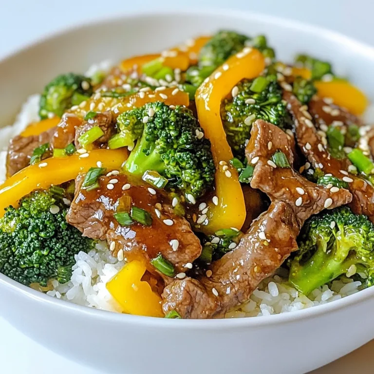 - 1 lb (450g) sirloin beef, thinly sliced - 2 cups broccoli florets - 1 cup bell peppers, sliced (red or yellow) - 4 cloves garlic, minced - 1/4 cup honey - 1/4 cup soy sauce (low sodium) - 1 tablespoon cornstarch - 1 tablespoon sesame oil - 2 tablespoons vegetable oil (for cooking) - 1 teaspoon grated fresh ginger - 1/4 cup water - Salt and pepper to taste - Cooked white or brown rice (for serving) To make the Honey Garlic Beef and Broccoli, you need fresh ingredients. Start with the sirloin beef. It adds a tender bite that pairs well with the sauce. The broccoli florets bring a crunchy texture and bright color. Use red or yellow bell peppers for sweetness and a pop of color. Garlic and ginger give the dish a warm, aromatic flavor. Honey and soy sauce create the base of the sauce. The honey offers sweetness, while the soy sauce brings a salty depth. Cornstarch acts as a thickener, making the sauce glossy. Sesame oil adds a nutty taste that rounds out the flavors. Vegetable oil is best for cooking at high heat. Donβt forget salt and pepper for seasoning. Finally, serve the dish over cooked rice. This combination makes a filling meal that everyone will love. Itβs simple, fresh, and packed with flavor. Gather these ingredients, and youβre ready to create a delicious dinner! {{ingredient_image_1}} First, grab a bowl. In it, mix the honey, soy sauce, minced garlic, grated ginger, and water. Stir until everything blends well. This sauce gives the dish its sweet and savory flavor. Set it aside for now. Next, take another bowl. Toss the sliced beef with cornstarch, salt, and pepper. Make sure every piece is coated. This step helps the beef brown nicely when cooked. Heat one tablespoon of vegetable oil in a large skillet over medium-high heat. Once hot, add the beef in a single layer. Cook for about 3-4 minutes, or until it is browned and cooked through. After that, remove the beef from the skillet and set it aside. In the same skillet, add the remaining tablespoon of vegetable oil. Then, add the broccoli florets and sliced bell peppers. Stir-fry these for about 3-5 minutes. You want them to be bright and tender-crisp. Now, return the cooked beef to the skillet with the veggies. Pour the prepared honey garlic sauce over everything. Stir it well to coat the beef and vegetables evenly. Let it cook for another 2-3 minutes. This allows the sauce to thicken slightly. Finally, drizzle sesame oil over the dish and toss to mix. Remove from heat. Serve the beef and broccoli hot over a bed of rice. You can add sesame seeds or chopped green onions as a garnish if you like. Enjoy your meal! To get a great sear on your beef, start with a hot pan. Heat the skillet first before adding oil. Use just enough oil to coat the bottom. Once the oil shimmers, add the beef in a single layer. Cook it without moving for about 3-4 minutes. This helps form a nice crust. If you overcrowd the pan, the beef will steam instead of sear. Always work in batches if needed. For tender vegetables, stir-fry them quickly over high heat. Use fresh produce for the best taste and texture. Start with denser veggies like broccoli, as they take longer to cook. Add bell peppers later to keep them crisp. Stir-fry for 3-5 minutes until bright and tender-crisp. Avoid overcooking; you want them vibrant and crunchy. A great sauce needs balance. The honey gives sweetness, while soy sauce adds saltiness. Minced garlic and ginger bring depth and warmth. Taste the sauce before adding it to the pan. If itβs too sweet, add a splash more soy sauce. If itβs too salty, a bit of water can help. Adjust it to your liking for the best flavor. Pro Tips Slice Against the Grain: To ensure tender beef, always slice the sirloin against the grain. This shortens the muscle fibers and makes the meat easier to chew. Prep Your Ingredients First: Since this recipe cooks quickly, have all your ingredients prepped and ready to go before you start cooking. This will help prevent overcooking the vegetables. Adjust the Sweetness: Depending on your preference, feel free to adjust the amount of honey in the sauce. You can reduce it for a less sweet flavor or add a bit more for a sweeter dish. Use Fresh Ingredients: Fresh garlic and ginger will enhance the flavor of your dish significantly. Opt for freshly grated ginger and minced garlic for the best results. {{image_2}} You can mix up this dish by using different veggies. Try green beans, snap peas, or carrots. These add nice crunch and color. You can even use cauliflower florets for a fun twist. Just remember to adjust cooking times so they stay tender-crisp. If you like your meal sweeter, add more honey. Start with one tablespoon and mix it in. Taste and see if you want more. For a less sweet dish, cut back on honey. Also, try using less soy sauce if you need it less salty. Want some heat? Add red pepper flakes or sliced jalapeΓ±os. Start with a pinch and add more if you like. If you prefer a savory flavor, try adding mushrooms or a splash of rice vinegar. This gives it depth and balances the sweetness. To keep your honey garlic beef and broccoli fresh, place leftovers in an airtight container. Make sure to cool the dish to room temperature before sealing it. Store it in the fridge for up to three days. This way, your meal will stay tasty and safe to eat. When you are ready to enjoy your leftovers, reheat them on the stove or in the microwave. If using the stove, add a splash of water to prevent drying. Heat over medium heat until warm. If using a microwave, cover the dish and heat in short bursts. Stir between heating to ensure even warmth. You can freeze honey garlic beef and broccoli for later. Place the cooled dish in a freezer-safe container. Be sure to leave some space at the top, as the meal may expand when frozen. It can last up to three months in the freezer. When youβre ready to eat, thaw it overnight in the fridge. Then, reheat as mentioned above. Enjoy your meal anytime! Yes, you can swap the sirloin beef for chicken, pork, or tofu. Each option brings a unique flavor. Chicken works well with the honey garlic sauce. Pork adds a nice richness, while tofu keeps it light and is great for vegans. Just adjust cooking times to ensure everything cooks evenly. To make this dish gluten-free, use tamari instead of soy sauce. Tamari is a gluten-free soy sauce alternative. Check your cornstarch to ensure it is gluten-free too. Serve with rice, which is naturally gluten-free, and enjoy a tasty meal without worries. I recommend serving this dish over white or brown rice. The rice soaks up the sauce well. You could also pair it with quinoa or noodles for a twist. Add a side of steamed or stir-fried vegetables for extra color and nutrition. Yes, you can prepare the sauce ahead of time. Just mix the honey, soy sauce, garlic, ginger, and water, then store it in the fridge. It will keep for about a week. This makes dinner prep quick and easy on busy nights. In this blog post, we explored making a tasty Honey Garlic Beef and Broccoli dish. We covered the key ingredients, easy steps, and helpful tips for the best results. I shared ways to customize the recipe, store leftovers, and answered common questions. You can create a flavorful meal that impresses everyone. Enjoy cooking and savoring your own delicious dish!