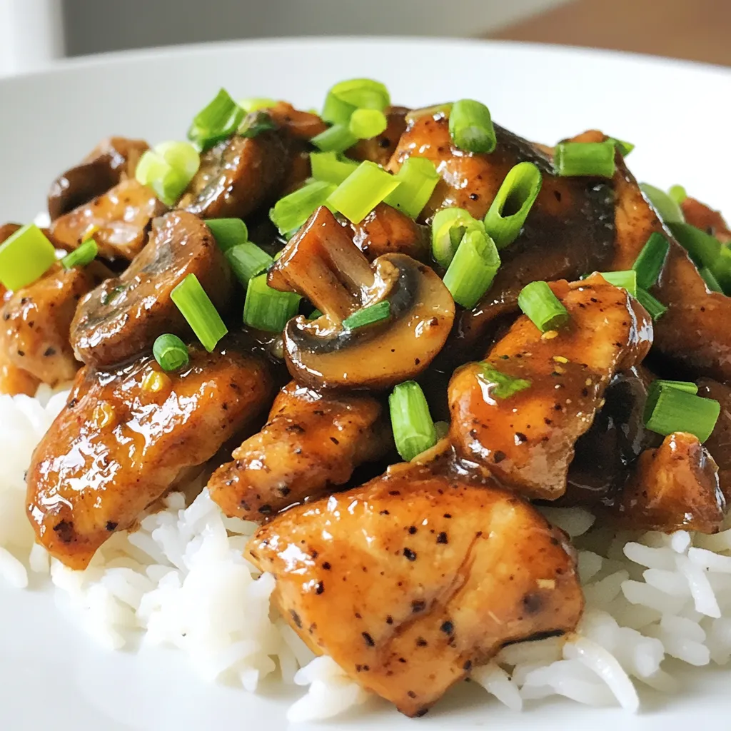 - 500g chicken breast, thinly sliced - 200g mushrooms, sliced (shiitake or button) - 2 tablespoons vegetable oil - 1 onion, finely chopped - 3 cloves garlic, minced - 1 tablespoon freshly ground black pepper (adjust to taste) - 2 tablespoons soy sauce - 1 tablespoon oyster sauce (optional for depth) - 1 teaspoon cornstarch mixed with 2 tablespoons water (to thicken) - 2 spring onions, chopped (for garnish) - Cooked jasmine rice or steamed noodles (for serving) If you need to change some ingredients, here are good swaps: - Use tofu for a plant-based option instead of chicken. - Replace soy sauce with tamari for a gluten-free dish. - Use vegetable broth instead of oyster sauce to keep it vegan. Want to make it even better? Try these: - Add bell peppers for more color and crunch. - Use ginger for a fresh, spicy kick. - Top with sesame seeds for a nutty flavor and nice texture. {{ingredient_image_1}} 1. First, heat the vegetable oil in a large skillet or wok over medium-high heat. 2. Next, add the finely chopped onion and minced garlic to the pan. Sauté until the onions look clear and smell good, about 2-3 minutes. 3. Turn up the heat to high. Then, add the sliced chicken to the pan. Stir-fry until the chicken turns golden brown and is fully cooked, about 5-7 minutes. 4. After the chicken is done, toss in the sliced mushrooms. Stir-fry for another 3-4 minutes until the mushrooms soften. 5. Now, sprinkle the freshly ground black pepper over the mix. Pour in the soy sauce and oyster sauce if you want that extra depth. Stir well to blend all the flavors. 6. Next, add the cornstarch mixture to the pan. Stir until the sauce thickens, which takes about 1-2 minutes. You can adjust the seasoning with more black pepper if you like it spicier. 7. Finally, take it off the heat. Garnish with chopped spring onions and serve hot over jasmine rice or steamed noodles. - Cut the chicken and mushrooms into even pieces for quick cooking. - Make sure the pan is hot before adding the ingredients. This helps prevent sticking. - Stir constantly to cook everything evenly and avoid burning. - Cook the chicken until it reaches an internal temperature of 165°F (75°C). - Mushrooms should be tender but not mushy; they typically need 3-4 minutes. - Keep an eye on the color; golden brown means it's ready! You can easily change the spice level in your Black Pepper Chicken and Mushrooms. If you like it spicy, add more freshly ground black pepper. Start with one tablespoon, then taste it. If it needs more heat, add a bit more. For mild flavors, reduce the black pepper to half a tablespoon. Always remember, you can add more, but you cannot take it out! Meal prep can save you time and make cooking easier. Slice the chicken and mushrooms ahead of time. Store them in separate containers in the fridge. You can also chop the onion and garlic in advance. This way, when it’s time to cook, you just need to toss everything in the pan. Meal prep helps you enjoy this dish on busy days. To make juicy chicken, cook it over high heat. This helps seal in the juices. Stir-fry the chicken until it turns golden brown. This usually takes about 5-7 minutes. Avoid overcrowding the pan. If needed, cook in batches. This keeps the heat up and helps the chicken cook evenly. Always let the chicken rest for a minute before serving. This keeps it tender and juicy. Pro Tips Choose the Right Mushrooms: Using shiitake mushrooms adds a rich umami flavor to the dish. However, button mushrooms work well too for a milder taste. Marinate the Chicken: For extra flavor, consider marinating the chicken slices in soy sauce and black pepper for 30 minutes before cooking. Adjust the Spice Level: Feel free to adjust the amount of black pepper according to your taste. Start with a smaller amount and add more as needed. Use Fresh Ingredients: Using fresh garlic and spring onions will enhance the overall flavor and aroma of your dish. {{image_2}} You can swap chicken for other proteins. Try using thinly sliced beef or pork. Tofu works great for a plant-based choice. Each protein brings a unique texture and taste. Adjust cooking times based on the protein you choose. Beef may need more heat, while tofu cooks faster. If you want a full vegetarian dish, focus on mushrooms. Use a mix of shiitake, button, or portobello. Portobello adds a nice, meaty flavor. You can also add other veggies like bell peppers or broccoli. This adds color and nutrients to your meal. Soy sauce is a classic choice, but you can change it up. Try adding hoisin sauce for sweetness. A splash of sesame oil gives a nutty taste. For more heat, add chili sauce or sriracha. Each sauce will change the dish's flavor profile. Be bold and experiment to find your favorite combo. After enjoying Black Pepper Chicken and Mushrooms, let leftovers cool down. Place them in an airtight container. Store the container in the fridge. This dish stays fresh for about three days. To reheat, you can use a skillet or microwave. If using a skillet, add a splash of water. Heat over low until warm. If using a microwave, cover the dish and heat in 30-second bursts. Stir in between to heat evenly. You can freeze this dish for later use. First, let it cool completely. Then, divide it into portions. Use freezer-safe bags or containers. Remove as much air as possible before sealing. It will keep well for about two months. When ready to eat, thaw in the fridge overnight before reheating. Yes, you can use frozen chicken or mushrooms. Just remember to thaw them first. Thawing helps the food cook evenly. If you skip this step, the chicken might cook unevenly. The mushrooms may also release extra water when cooked. This could make the dish too watery. Serve Black Pepper Chicken and Mushrooms over jasmine rice or steamed noodles. These sides soak up the sauce well. You could also add a simple salad or steamed vegetables. Broccoli or green beans pair nicely. Their crunch balances the dish's soft textures. Yes, you can make this dish ahead of time. Cook it, then let it cool completely. Store it in an airtight container in the fridge. It stays fresh for up to three days. When ready to eat, reheat it on the stove or microwave. Just add a splash of water to keep it moist. This blog post covered everything you need for Black Pepper Chicken and Mushrooms. We discussed ingredients, cooking steps, and helpful tips for a great meal. You learned how to adjust flavors, choose variations, and store your leftovers too. With these insights, you can create a dish that's tasty and suits your needs. Cooking can be fun and simple. Enjoy making this dish and feel confident in the kitchen!