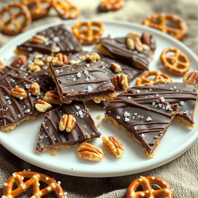 When making Salted Caramel Pretzel Bark, you need a few key ingredients. Each one adds to the sweet and salty mix. Below is the list: - 2 cups pretzel sticks - 1 cup semi-sweet chocolate chips - 1 cup caramel candies, unwrapped - 1/4 cup heavy cream - Sea salt, to taste - Optional: 1/4 cup chopped nuts (e.g., pecans or almonds) These ingredients are simple yet create a fun treat. The pretzel sticks give crunch, while the chocolate offers a rich flavor. The caramel adds a smooth sweetness that ties everything together. Don't forget the sea salt! It brings out the flavors and adds that perfect bite. If you like nuts, adding them is a great option. They add texture and taste. First, you need to preheat your oven to 350°F (175°C). This step is key for even cooking. Next, take a baking sheet and line it with parchment paper. This will help prevent sticking and make clean-up easier. Now, spread 2 cups of pretzel sticks evenly on the prepared baking sheet. Toast them in the oven for about 5 minutes. You want them slightly crispy, not too brown. After toasting, take them out and let them cool for a bit. This adds a nice crunch to your bark. In a small saucepan, combine 1 cup of unwrapped caramel candies and 1/4 cup of heavy cream. Heat this mixture on low. Stir it constantly until it melts into a smooth sauce. Remove it from the heat when ready. Next, melt 1 cup of semi-sweet chocolate chips in a microwave-safe bowl. Do this in 30-second bursts, stirring in between. This prevents burning. Once melted, the chocolate should be smooth and glossy. Now, pour the melted chocolate over your cooled pretzels. Use a spatula to spread it evenly. Then, drizzle your warm caramel sauce over the chocolate. You can use a knife or skewer to swirl it together. This creates a beautiful mix of flavors. Finish by sprinkling a pinch of sea salt on top. If you like, add 1/4 cup of chopped nuts for extra crunch. Now, refrigerate your bark for at least 30 minutes. This will help it set. After it hardens, break it into pieces and enjoy your sweet snack! You can add nuts to your salted caramel pretzel bark for extra crunch. I love using pecans or almonds, but you can choose any nut you like. Just chop them roughly and sprinkle them on top of the melted chocolate and caramel. This adds flavor and texture. If you want a sweeter taste, try adding walnuts or hazelnuts. Each nut brings its own twist! To get smooth melted chocolate, use a microwave-safe bowl. Heat the chocolate chips in 30-second bursts. Stir well between each session. This keeps the chocolate from burning. If you see small lumps, keep stirring. The heat from the melted chocolate will melt the lumps. You want it glossy and smooth for the best bark. Sometimes, you might face issues while making bark. If the chocolate seizes, it can become grainy. This happens if it gets too hot or has water in it. If this occurs, add a tiny bit of coconut oil to help it smooth out. If the caramel cools too quickly and hardens, warm it gently again. Just heat on low until it softens. Don't worry; these fixes work well! {{image_2}} You can change the flavor of your salted caramel pretzel bark easily. One way is to use sea salt caramel instead of regular caramel. This adds a deeper taste. You can also use flavored chocolate. Think of dark chocolate or white chocolate. Each option brings a new twist to this treat. If you want to try different sweeteners, use maple syrup or honey. They can replace caramel candies for a unique spin. You can also swap the semi-sweet chocolate for milk chocolate or dark chocolate. Each change keeps the bark delicious yet different. For special times of the year, you can dress up your bark. In fall, add chopped candy corn or pumpkin spice. During winter, sprinkle crushed candy canes for a festive touch. For spring, use pastel-colored chocolate drizzles or bright sprinkles. These small changes make your bark fun and festive! To keep your salted caramel pretzel bark fresh, place it in an airtight container. Use parchment paper to separate the layers. This helps prevent sticking. Store it in a cool, dry place. Avoid direct sunlight or heat, as this can melt the chocolate. When stored properly, your bark lasts about two weeks. It may lose some crispness after a few days. For best taste, enjoy it fresh. If you notice any changes in texture or flavor, it’s best to toss it. You can freeze your bark for up to three months. First, break it into pieces. Wrap each piece tightly in plastic wrap. Then place all wrapped pieces in a freezer bag. When ready to enjoy, let it thaw at room temperature. This keeps the bark tasting great, even after freezing. Yes, you can use different chocolates. Dark chocolate adds a rich taste. Milk chocolate gives a sweet touch. White chocolate offers a creamy base. Each type brings a unique flavor. Feel free to mix them too! The bark needs at least 30 minutes to set in the fridge. This time allows it to harden properly. If you want it firmer, you can leave it longer. Just keep an eye on it! Yes, this recipe can be vegan. Use dairy-free chocolate chips instead of semi-sweet. For caramel, choose a vegan brand or make your own. Replace heavy cream with coconut cream or almond milk. Enjoy your tasty vegan treat! You learned how to make salted caramel pretzel bark. With simple steps, you can enjoy this treat at home. Don't forget to explore variations and customize to your taste. Storing your bark properly helps it last longer. Remember, this recipe is fun and easy for any occasion. Happy snacking on your delicious creation!