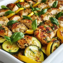 To make this Chicken with Zucchini and Squash, you need: - 2 boneless, skinless chicken breasts - 2 medium zucchinis, sliced into half-moons - 2 yellow squashes, sliced into half-moons - 1 red bell pepper, diced - 3 cloves garlic, minced - 1 teaspoon dried thyme - 1 teaspoon smoked paprika - 2 tablespoons olive oil - Salt and pepper to taste - Fresh basil leaves for garnish You can also add these for more taste: - 1 onion, diced - 1 teaspoon Italian seasoning - A splash of lemon juice - Red pepper flakes for heat For this dish, gather the following tools: - A large skillet - A sharp knife - A cutting board - A cooking spoon - A meat thermometer (helpful for checking chicken doneness) This simple list keeps the focus on fresh flavors and easy cooking. Enjoy your meal prep! {{ingredient_image_1}} - Start by seasoning the chicken breasts. - Use salt, pepper, smoked paprika, and dried thyme. - Coat both sides well for great flavor. - Slice zucchinis and yellow squashes into half-moons. - Dice the red bell pepper. - Mince the garlic cloves. - Heat olive oil in a large skillet over medium heat. - Once hot, add the seasoned chicken breasts. - Cook for 5-7 minutes on each side. - Look for a golden brown color and 165°F inside. - Remove the chicken and set it aside. - Add minced garlic to the same skillet. - Sauté for 30 seconds until fragrant. - Add the sliced zucchinis, yellow squash, and bell pepper. - Sauté for 5-7 minutes until veggies are tender but crisp. - Return the chicken to the skillet. - Cook together for an additional 2-3 minutes. - Taste and adjust seasoning if needed. - Add more salt, pepper, or thyme to your liking. - Remove from heat and let it rest for a minute. - Garnish with fresh basil leaves for added flavor. - Serve warm and enjoy your delicious meal! To season chicken well, start with salt and pepper. Sprinkle them on both sides evenly. Then add smoked paprika for a nice smoky flavor. Dried thyme gives it a lovely herbal note. Use your hands to rub the spices in. This way, the flavors stick and deepen. Let the chicken sit for a few minutes to soak up the spices. This simple step makes a big difference in taste. Zucchini and squash cook best when sautéed. This method keeps them crisp and colorful. Heat olive oil in a skillet over medium heat. Add minced garlic first to infuse flavor. Then, toss in the sliced veggies. Cook for about 5-7 minutes, stirring often. You want them tender but still a bit firm. This way, they hold their shape and add a nice crunch. To save time, prep all ingredients before cooking. Slice the zucchini and squash, and dice the bell pepper ahead. Use a sharp knife to make quick work. You can also use pre-minced garlic to cut down on prep time. Cook chicken and veggies in the same skillet. This method reduces dishes and keeps flavors rich. Finally, keep your heat at medium. This helps everything cook evenly without burning. Pro Tips Proper Chicken Preparation: Ensure the chicken breasts are at room temperature before cooking for even cooking and tenderness. Vegetable Crunch: To maintain the crispness of the zucchini and squash, avoid overcooking them. Sauté just until tender. Flavor Infusion: For increased flavor, marinate the chicken in olive oil, garlic, and herbs for at least 30 minutes before cooking. Garnish for Freshness: Always add fresh herbs like basil right before serving to enhance the dish’s aroma and flavor profile. {{image_2}} You can swap chicken breasts for turkey or pork. These meats cook similarly. You can also use tofu for a plant-based option. Just ensure it’s firm enough to hold up in the skillet. Feel free to mix in more veggies. Broccoli, asparagus, or bell peppers add great color. Carrots or snap peas can add crunch. Use whatever you have on hand for a fun twist. Don’t be afraid to try new herbs and spices. Swap thyme for oregano or rosemary for a different flavor. Add chili powder if you like heat. You can even use a squeeze of lemon juice for brightness. After your meal, let the chicken and veggies cool down. Place them in an airtight container. Store the container in the fridge for up to three days. Make sure to keep the chicken and veggies separate if possible. This helps maintain their texture and taste. To reheat, use a skillet over medium heat. Add a splash of olive oil or water. Cook for about five minutes, stirring often. Ensure the chicken reaches an internal temperature of 165°F for safety. You can also use a microwave. Heat for 1-2 minutes, checking often, until warm. For longer storage, freeze the chicken and veggies. Use freezer-safe bags or containers. Remove as much air as possible to prevent freezer burn. Label the bags with the date. You can keep them in the freezer for up to three months. When ready to eat, thaw overnight in the fridge before reheating. Yes, you can use other chicken cuts. Thighs work well, too. They have more flavor and stay moist. Bone-in chicken adds a nice taste but takes longer to cook. If you use chicken wings, adjust cooking time to ensure they cook through. A large skillet is ideal for this dish. A non-stick skillet helps prevent sticking. You can also use a cast-iron pan for great heat distribution. A meat thermometer ensures the chicken is cooked to 165°F. This tool helps you avoid dry chicken. To make this dish vegetarian, swap the chicken for tofu or tempeh. Both options absorb flavors well and add protein. Use the same seasonings for a tasty result. You may also add more veggies, like mushrooms or bell peppers, for extra texture and taste. This blog post covered key ingredients, step-by-step cooking, and helpful tips for preparing a delicious meal. You learned about required and optional ingredients, cooking methods, and storage options. Remember, you can mix and match flavors and vegetables to suit your taste. By keeping these points in mind, you’ll make cooking easy and fun. Try new variations and share your results. Enjoy your meals, and keep experimenting in the kitchen!