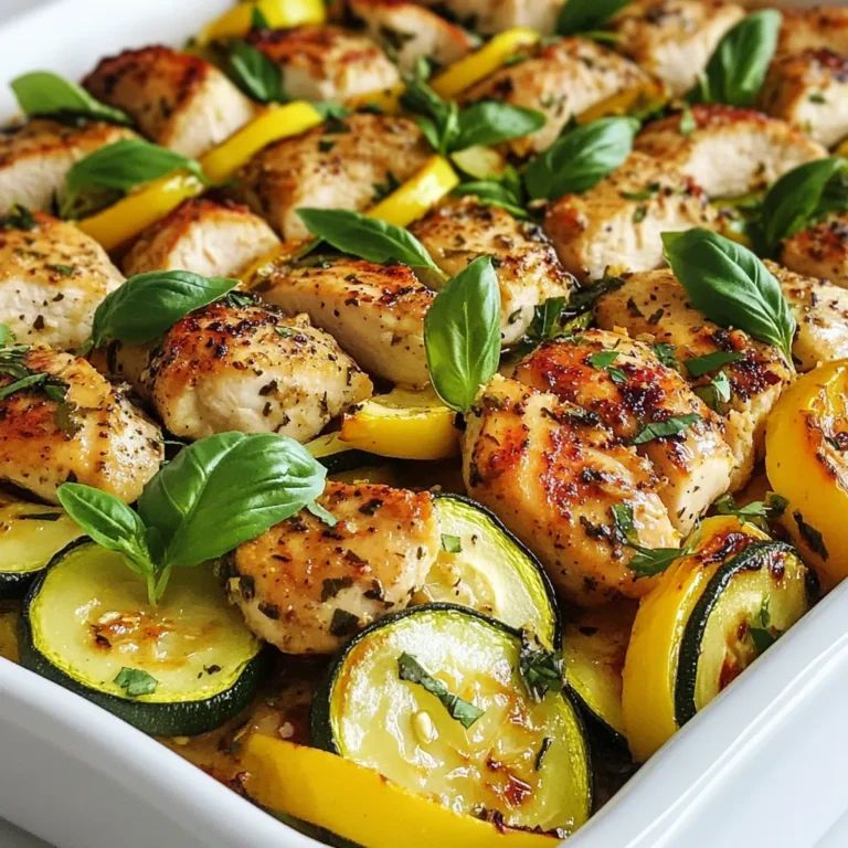To make this Chicken with Zucchini and Squash, you need: - 2 boneless, skinless chicken breasts - 2 medium zucchinis, sliced into half-moons - 2 yellow squashes, sliced into half-moons - 1 red bell pepper, diced - 3 cloves garlic, minced - 1 teaspoon dried thyme - 1 teaspoon smoked paprika - 2 tablespoons olive oil - Salt and pepper to taste - Fresh basil leaves for garnish You can also add these for more taste: - 1 onion, diced - 1 teaspoon Italian seasoning - A splash of lemon juice - Red pepper flakes for heat For this dish, gather the following tools: - A large skillet - A sharp knife - A cutting board - A cooking spoon - A meat thermometer (helpful for checking chicken doneness) This simple list keeps the focus on fresh flavors and easy cooking. Enjoy your meal prep! {{ingredient_image_1}} - Start by seasoning the chicken breasts. - Use salt, pepper, smoked paprika, and dried thyme. - Coat both sides well for great flavor. - Slice zucchinis and yellow squashes into half-moons. - Dice the red bell pepper. - Mince the garlic cloves. - Heat olive oil in a large skillet over medium heat. - Once hot, add the seasoned chicken breasts. - Cook for 5-7 minutes on each side. - Look for a golden brown color and 165°F inside. - Remove the chicken and set it aside. - Add minced garlic to the same skillet. - Sauté for 30 seconds until fragrant. - Add the sliced zucchinis, yellow squash, and bell pepper. - Sauté for 5-7 minutes until veggies are tender but crisp. - Return the chicken to the skillet. - Cook together for an additional 2-3 minutes. - Taste and adjust seasoning if needed. - Add more salt, pepper, or thyme to your liking. - Remove from heat and let it rest for a minute. - Garnish with fresh basil leaves for added flavor. - Serve warm and enjoy your delicious meal! To season chicken well, start with salt and pepper. Sprinkle them on both sides evenly. Then add smoked paprika for a nice smoky flavor. Dried thyme gives it a lovely herbal note. Use your hands to rub the spices in. This way, the flavors stick and deepen. Let the chicken sit for a few minutes to soak up the spices. This simple step makes a big difference in taste. Zucchini and squash cook best when sautéed. This method keeps them crisp and colorful. Heat olive oil in a skillet over medium heat. Add minced garlic first to infuse flavor. Then, toss in the sliced veggies. Cook for about 5-7 minutes, stirring often. You want them tender but still a bit firm. This way, they hold their shape and add a nice crunch. To save time, prep all ingredients before cooking. Slice the zucchini and squash, and dice the bell pepper ahead. Use a sharp knife to make quick work. You can also use pre-minced garlic to cut down on prep time. Cook chicken and veggies in the same skillet. This method reduces dishes and keeps flavors rich. Finally, keep your heat at medium. This helps everything cook evenly without burning. Pro Tips Proper Chicken Preparation: Ensure the chicken breasts are at room temperature before cooking for even cooking and tenderness. Vegetable Crunch: To maintain the crispness of the zucchini and squash, avoid overcooking them. Sauté just until tender. Flavor Infusion: For increased flavor, marinate the chicken in olive oil, garlic, and herbs for at least 30 minutes before cooking. Garnish for Freshness: Always add fresh herbs like basil right before serving to enhance the dish’s aroma and flavor profile. {{image_2}} You can swap chicken breasts for turkey or pork. These meats cook similarly. You can also use tofu for a plant-based option. Just ensure it’s firm enough to hold up in the skillet. Feel free to mix in more veggies. Broccoli, asparagus, or bell peppers add great color. Carrots or snap peas can add crunch. Use whatever you have on hand for a fun twist. Don’t be afraid to try new herbs and spices. Swap thyme for oregano or rosemary for a different flavor. Add chili powder if you like heat. You can even use a squeeze of lemon juice for brightness. After your meal, let the chicken and veggies cool down. Place them in an airtight container. Store the container in the fridge for up to three days. Make sure to keep the chicken and veggies separate if possible. This helps maintain their texture and taste. To reheat, use a skillet over medium heat. Add a splash of olive oil or water. Cook for about five minutes, stirring often. Ensure the chicken reaches an internal temperature of 165°F for safety. You can also use a microwave. Heat for 1-2 minutes, checking often, until warm. For longer storage, freeze the chicken and veggies. Use freezer-safe bags or containers. Remove as much air as possible to prevent freezer burn. Label the bags with the date. You can keep them in the freezer for up to three months. When ready to eat, thaw overnight in the fridge before reheating. Yes, you can use other chicken cuts. Thighs work well, too. They have more flavor and stay moist. Bone-in chicken adds a nice taste but takes longer to cook. If you use chicken wings, adjust cooking time to ensure they cook through. A large skillet is ideal for this dish. A non-stick skillet helps prevent sticking. You can also use a cast-iron pan for great heat distribution. A meat thermometer ensures the chicken is cooked to 165°F. This tool helps you avoid dry chicken. To make this dish vegetarian, swap the chicken for tofu or tempeh. Both options absorb flavors well and add protein. Use the same seasonings for a tasty result. You may also add more veggies, like mushrooms or bell peppers, for extra texture and taste. This blog post covered key ingredients, step-by-step cooking, and helpful tips for preparing a delicious meal. You learned about required and optional ingredients, cooking methods, and storage options. Remember, you can mix and match flavors and vegetables to suit your taste. By keeping these points in mind, you’ll make cooking easy and fun. Try new variations and share your results. Enjoy your meals, and keep experimenting in the kitchen!