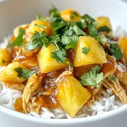 - 4 boneless, skinless chicken breasts - 1 cup pineapple juice - 1 cup BBQ sauce - 1 cup pineapple chunks - 1 tablespoon soy sauce - 1 tablespoon minced garlic - 1 teaspoon ground ginger - 1 teaspoon onion powder - Salt and pepper to taste - Fresh cilantro for garnish Using fresh ingredients makes a big difference. I love using boneless, skinless chicken breasts for this dish. They cook well and stay tender. The pineapple juice adds sweetness and flavor that pairs perfectly with BBQ sauce. You can use your favorite BBQ sauce here; it really shapes the taste. I often add soy sauce for a bit of umami. Minced garlic gives that nice aromatic touch. Ground ginger and onion powder bring warmth and depth to the dish. Don't forget to season with salt and pepper! They help balance the flavors. Finally, fresh cilantro adds a pop of color and freshness when serving. You can use canned or fresh pineapple chunks, but make sure they are drained if using canned. This mix of ingredients creates a full, rich flavor that makes the chicken super tasty! {{ingredient_image_1}} - First, rinse the chicken breasts under cold water. - Use a paper towel to pat them dry. - Season both sides of the chicken breasts with salt and pepper. - Add onion powder, minced garlic, and ground ginger for extra flavor. - In a bowl, mix 1 cup of pineapple juice and 1 cup of BBQ sauce. - Add 1 tablespoon of soy sauce and 1 cup of pineapple chunks. - Stir the mixture well until all ingredients blend together. - Place the seasoned chicken in the crockpot. - Pour the pineapple BBQ sauce mixture over the chicken. - Make sure the chicken is well coated. - Cover the crockpot and set it to low for 6-7 hours or high for 3-4 hours. - Once cooked, shred the chicken with two forks. - Stir the shredded chicken back into the sauce for flavor. This recipe makes a tasty, easy meal that you will enjoy. Seasoning is key for great taste. I love to use fresh spices. They bring life to the dish. You should try garlic and ginger for a tasty kick. Choose a good BBQ sauce, too. I recommend brands like Sweet Baby Ray's or Stubbs. Their flavors really shine in this recipe. Once the chicken is cooked, it’s time to shred. The best way is to use two forks. Hold the chicken with one fork and pull with the other. This makes it easy to shred. After shredding, mix the chicken back into the sauce. This adds flavor to every bite. Serving is just as fun! You can put the chicken over rice for a nice meal. Sliders are great, too. Use small rolls and pile on the chicken. Drizzle with extra BBQ sauce for more taste. Top with pineapple chunks for a pop of color. A sprinkle of fresh cilantro makes it look fancy. Enjoy your delicious creation! Pro Tips Use Fresh Ingredients: Whenever possible, opt for fresh pineapple and high-quality BBQ sauce to enhance the flavor profile of your dish. Adjust Sweetness: If you prefer a less sweet dish, consider reducing the amount of pineapple juice or using a sugar-free BBQ sauce. Perfect Shredding: For the best texture, let the chicken rest for a few minutes before shredding, allowing the juices to redistribute. Meal Prep Friendly: This dish can be made ahead of time and stored in the fridge for up to three days, making it perfect for meal prep. {{image_2}} You can switch things up with different ingredients. Instead of chicken breasts, try chicken thighs. They have more fat, which makes them juicy and tender. If you want a meat-free option, use tofu. Just press it first to remove extra water. For the BBQ sauce, you don’t have to stick with just one flavor. Try a spicy version for a kick. You can also use a sweet and tangy sauce for a different taste. Mix and match to find your favorite! If you want to make this dish faster, use an Instant Pot. You can cook it on high for about 20 minutes. The flavors will still blend well, and you’ll have a great meal in no time. You can also cook it on the stovetop. Just brown the chicken first, then add the sauce. Let it simmer for about 30 minutes until the chicken is cooked through. This method gives you a nice aroma in your kitchen! The way you serve this chicken can change the meal completely. Try it in tacos for a fun twist. You can also make sandwiches with slider buns. For a lighter option, serve it on a salad. Don’t forget the toppings! Add coleslaw for crunch. You can also sprinkle extra pineapple chunks on top for sweetness. These small changes can make your dish exciting and new each time! After you make Pineapple BBQ Crockpot Chicken, store any leftovers right away. Place the chicken in an airtight container. This keeps the chicken fresh and prevents odors in your fridge. The chicken lasts up to three days in the fridge. Make sure it cools down before storing. If you want to keep it longer, freezing is a great option. You can freeze the chicken for up to three months. Use freezer-safe bags or containers. Remove as much air as possible to avoid freezer burn. Label the bags with the date so you know when to use them. When it’s time to eat your leftovers, there are several ways to reheat them. You can use the stove, microwave, or oven. - Stove: Place the chicken in a pan over medium heat. Add a splash of water or sauce to keep it moist. Stir often until it’s hot. - Microwave: Put the chicken in a microwave-safe dish. Cover it with a damp paper towel. Heat it for one minute, then check if it’s hot. If not, heat it in 30-second bursts. - Oven: Preheat the oven to 350°F (175°C). Place the chicken in an oven-safe dish and cover it with foil. Heat for about 15-20 minutes. To keep the best texture, avoid overheating. You want the chicken to be warm, not dry. Enjoy your meal! You can store leftover Pineapple BBQ Crockpot Chicken in the fridge for up to four days. Make sure to keep it in an airtight container. If you want to keep it longer, freeze it for up to three months. Yes, you can use frozen chicken breasts. Just know that cooking time will be longer. If you cook on low, it may take up to eight hours. Always check the chicken's internal temperature to ensure it's safe to eat. Pineapple BBQ Crockpot Chicken pairs well with rice or slider buns. You can also serve it with a fresh salad or steamed veggies for a balanced meal. Feel free to add extra pineapple chunks for a burst of flavor. This recipe can be gluten-free if you choose a gluten-free BBQ sauce and soy sauce. Always check labels to ensure all ingredients meet your dietary needs. Yes, you can adjust the spice level easily. To add heat, include some red pepper flakes or hot sauce. If you prefer a milder flavor, skip the ginger or reduce the amount. This blog post detailed how to make tasty Pineapple BBQ Crockpot Chicken. You learned about the key ingredients, like chicken and pineapple juice. The step-by-step guide takes you from prep to serving. Tips on seasoning and shredding enhance flavor. We explored fun variations and smart storage methods. You can enjoy this dish in many ways. Remember, cooking is all about experimenting. Use these ideas to make your meals fun and delicious. Happy cooking!