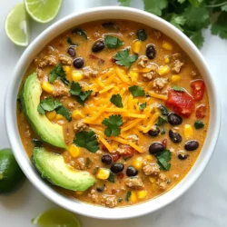 - 1 lb ground turkey or beef - 1 medium onion, chopped - 2 cloves garlic, minced - 1 can (15 oz) black beans, drained and rinsed - 1 can (15 oz) corn, drained - 1 can (10 oz) diced tomatoes with green chilies In this recipe, you can choose between ground turkey or beef. Both add great flavor. The onion and garlic form a tasty base. Black beans and corn bring texture and nutrition. Diced tomatoes with green chilies add a zesty kick. - 1 cup heavy cream - 1 cup shredded cheddar cheese - 4 cups chicken broth Heavy cream makes the soup rich and smooth. Cheddar cheese melts in and adds creaminess. Chicken broth gives depth and flavor to the soup. - 1 packet taco seasoning - Fresh cilantro, for garnish - Avocado and lime wedges, for serving Taco seasoning ties all the flavors together. Fresh cilantro adds brightness. Avocado and lime wedges enhance each bowl, making it fun to eat. {{ingredient_image_1}} 1. Start by heating 1 tablespoon of olive oil in a large pot over medium heat. 2. Add the chopped onion to the pot. Cook for about 5 minutes until soft and clear. 3. Next, add 2 cloves of minced garlic. Cook for another minute until you smell its great aroma. 4. Now, add 1 pound of ground turkey or beef. Brown the meat while breaking it apart with a spatula. 1. After the meat is cooked, stir in 1 packet of taco seasoning. Cook this for 2 minutes to blend the flavors. 2. Pour in 4 cups of chicken broth. Then, add 1 can of diced tomatoes with green chilies, 1 can of black beans, and 1 can of corn. 3. Mix everything well and bring the soup to a gentle simmer. 1. Let the soup simmer for about 10 to 15 minutes. This step helps the flavors come together. 2. Once done, remove the pot from heat. Stir in 1 cup of heavy cream and 1 cup of shredded cheddar cheese. Mix until the cheese is melted and the soup is creamy. 3. Taste your soup and add salt and pepper if needed. This creamy taco soup is now ready to serve! To avoid curdling the cream, add it at the end. Stir it in after the soup cools slightly. This keeps the cream smooth and rich. For optimal flavor, let the soup simmer long enough. A good simmer melds all the spices and ingredients. I suggest letting it simmer for at least 10 minutes. This helps the flavors develop and enhances the taste. For a great presentation, use colorful bowls. Top the soup with fresh cilantro and diced avocado. A lime wedge adds a nice touch. You can also serve tortilla chips on the side. They give a nice crunch and pair well with the creamy soup. Store the soup in an airtight container. It keeps well in the fridge for about 3-4 days. If you want to freeze it, use freezer-safe bags. To reheat, warm the soup on the stove over low heat. Stir often to keep it smooth. You can also microwave it in a bowl, but stir it every minute for even heating. Pro Tips Use Fresh Ingredients: Opt for fresh garlic and onions for the best flavor. Fresh ingredients enhance the overall taste of the soup. Adjust the Spice Level: If you prefer a spicier soup, add some diced jalapeños or a pinch of cayenne pepper to the mix. Make it a Meal: Serve the soup with a side of crusty bread or over rice for a heartier meal option that will satisfy even the hungriest guests. Store Leftovers Properly: Allow the soup to cool completely before transferring it to an airtight container. It can be refrigerated for up to 3 days or frozen for longer storage. {{image_2}} You can easily make this soup fit different diets. For a vegetarian option, skip the meat. Use lentils instead of ground turkey or beef. Cook the lentils separately and add them in after the broth. This gives a hearty texture and keeps the soup filling. If you want a dairy-free version, swap the heavy cream with coconut milk. This adds a nice flavor and keeps the soup creamy. You can also leave out the cheese or use a dairy-free cheese instead. Want more flavor? Try adding spices! A dash of cayenne pepper or crushed red pepper can spice things up. If you enjoy smoky flavors, mix in some smoked paprika. For toppings, get creative! Consider adding sliced jalapeños for heat or crushed tortilla chips for crunch. You can also add fresh ingredients like diced tomatoes or corn for extra color and flavor. You can change the proteins in this soup easily. Lentils work well for a meatless dish. If you prefer chicken, use shredded rotisserie chicken for a quick swap. It adds protein and flavor while saving time. Switching up vegetables is another great way to vary the recipe. Bell peppers can add sweetness, while zucchini can keep it light. You can even throw in some spinach or kale for added nutrients. To keep your creamy taco soup fresh, store it correctly. After it cools, place the soup in airtight containers. If you plan to refrigerate, fill the container, leaving some space at the top. This lets the soup expand without making a mess. For freezing, use freezer-safe bags or containers. Make sure to label them with the date. In the fridge, creamy taco soup lasts about 3 to 5 days. Always check for signs of spoilage before eating. If the soup smells off, looks unusual, or has mold, throw it away. You can prep creamy taco soup in advance for busy days. Cook the soup and let it cool. Store it in the fridge or freezer. When ready to eat, reheat it on the stove. Stir well to mix the ingredients. This tip makes meal prep easy and enjoyable. Can I use ground turkey instead of beef? Yes, you can use ground turkey instead of beef. It makes the soup lighter but still tasty. Ground turkey has less fat, so it’s a great choice for a healthy meal. What can I substitute for heavy cream? You can use half-and-half or coconut milk instead of heavy cream. Both options keep the soup creamy. If you want a lower-fat option, try using whole milk with a little flour to thicken it. How to thicken the soup if too thin? If your soup is too thin, add a cornstarch slurry. Mix equal parts cornstarch and cold water, and stir it in while the soup simmers. This will help thicken it up nicely. What if the soup is too thick? If the soup is too thick, add more chicken broth. Gradually stir it in until you reach your desired consistency. You can also add a little water if you need. What to serve with creamy taco soup? Serve your creamy taco soup with tortilla chips or crusty bread. You can also add a side salad for a fresh crunch. A dollop of sour cream on top adds flavor too! Can I add rice or pasta to the soup? Yes, you can add rice or pasta to the soup. Cook them separately and stir them in before serving. This makes the soup heartier and helps fill you up. This blog post covered ingredients, instructions, tips, variations, and storage for creamy taco soup. You can use ground turkey or beef, fresh veggies, and spices for rich flavor. I shared ways to serve and store your soup too. Remember, cooking is fun. Don't fear trying new flavors or ingredients. Enjoy making this dish your own! Make it cozy, tasty, and perfect for any meal.