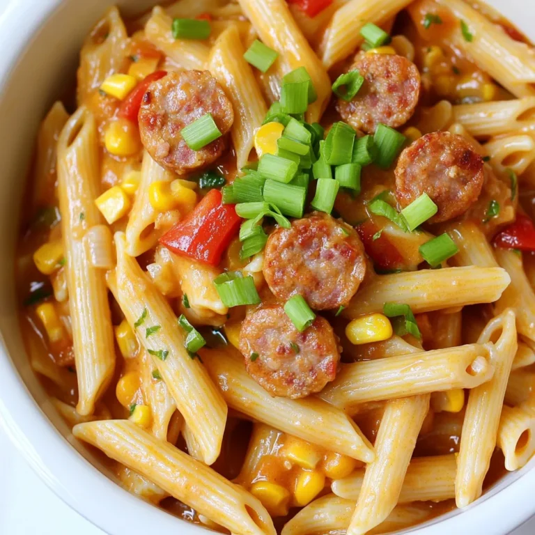 - 12 oz penne pasta - 1 lb smoked sausage, sliced - 1 tablespoon Cajun seasoning - 1 medium onion, diced - 1 red bell pepper, diced - 2 cloves garlic, minced - 3 cups chicken broth - 1 can (14.5 oz) diced tomatoes (with juice) - 1 cup heavy cream - 1 cup sweet corn (frozen or fresh) - 2 tablespoons olive oil - Salt and pepper to taste - Chopped green onions for garnish Gathering the right ingredients makes cooking easy and fun. For this dish, I use smoked sausage for its rich flavor. The Cajun seasoning packs a spicy punch. Fresh veggies like onion and bell pepper add crunch and color. Chicken broth helps to create a tasty sauce. Heavy cream brings a creamy texture, while sweet corn adds a hint of sweetness. - Large pot or deep skillet - Wooden spoon or spatula - Measuring cups and spoons - Knife and cutting board These basic tools help you create the dish without any fuss. A large pot lets you cook everything in one place. A good knife helps chop your veggies quickly. Measuring cups ensure you get the right amounts. - Calories: 540 - Protein: 24g - Carbohydrates: 56g - Fat: 26g - Fiber: 3g - Sodium: 950mg This dish is hearty and filling. It offers a good balance of protein and carbs, making it perfect for dinner. Keep in mind the sodium content if you need to watch your intake. You can adjust it by using low-sodium broth or less seasoning. 1. Start with a large pot or deep skillet. Heat 2 tablespoons of olive oil on medium heat. 2. Add 1 pound of sliced smoked sausage. Cook for about 5-7 minutes until it turns brown. 3. Stir in 1 diced medium onion, 1 diced red bell pepper, and 2 minced garlic cloves. Cook for 3-4 minutes until the veggies soften. 4. Sprinkle 1 tablespoon of Cajun seasoning over the mix. Stir well to coat everything evenly. 5. Pour in 3 cups of chicken broth and add 1 can of diced tomatoes with their juice. Stir to combine. 6. Bring this mixture to a boil. Then, add 12 ounces of penne pasta. Lower the heat to a simmer. 7. Cover and cook for about 10-12 minutes until the pasta is al dente. Stir occasionally to prevent sticking. 8. After the pasta cooks, mix in 1 cup of heavy cream and 1 cup of sweet corn. Add salt and pepper to taste. 9. Cook for another 2-3 minutes until everything is heated through. 10. Remove from heat and let it rest for a couple of minutes before serving. You can make this dish in an Instant Pot. Start by using the sauté function to brown the sausage. After that, add the onions, bell pepper, and garlic. Once cooked, add the broth, tomatoes, and pasta. Set the Instant Pot to high pressure for 4 minutes. Quick-release the pressure, then stir in the cream and corn. For a visual guide on making One Pot Cajun Sausage Pasta, check out this [video tutorial](https://www.example.com/video). It shows each step clearly and will help you get the perfect dish! Use a good Cajun seasoning mix. This boosts the dish's flavor. You can make your own by mixing paprika, cayenne, thyme, and garlic powder. Start with one tablespoon, then taste. If you want more heat, add a little more. For al dente pasta, cook penne for about 10-12 minutes. Stir it occasionally to keep it from sticking. Always check the pasta a minute or two before the time is up. This way, you get the perfect bite. Don't skip the browning of the sausage. This adds depth to your dish. Also, avoid overcooking the pasta. It can become mushy and lose its shape. Lastly, ensure you stir well after adding the broth and tomatoes. This helps all flavors blend together better. {{image_2}} You can switch up the sausage for different flavors. Try chicken sausage or turkey sausage for a leaner option. If you want more spice, use andouille sausage. You can also use gluten-free pasta if you need that. Just remember to cook it a bit less than regular pasta. To make this dish vegetarian, skip the sausage. You can add more veggies like mushrooms or zucchini instead. For the cream, use coconut milk or a cashew cream. This keeps the dish rich and tasty. You can still use the Cajun seasoning to keep all the bold flavors. Want more heat? Add cayenne pepper or crushed red pepper flakes to the mix. For less spice, reduce the Cajun seasoning. You can also use sweet bell peppers to balance the heat. Always taste as you go to find the right flavor for you. To keep your One Pot Cajun Sausage Pasta fresh, let it cool down. Once cool, place it in an airtight container. This helps prevent extra moisture, which can make the pasta soggy. Store the container in the fridge. It will stay good for up to three days. When you’re ready to eat, just follow the reheating instructions below. Reheat your pasta on the stove for the best texture. Pour the pasta into a pot and add a splash of water or broth. This helps bring back the creaminess. Heat it over medium-low heat, stirring often. If you prefer, you can use the microwave too. Just cover it and heat in short bursts, stirring in between. This way, it warms evenly. If you want to freeze the pasta, do it before adding the heavy cream. Freeze the pasta in single servings. Use airtight containers or freezer bags. Label them with the date. When you want to eat, thaw it overnight in the fridge. After thawing, add the cream and heat as described above. Freezing is a great way to enjoy this dish later! Yes, you can make this dish ahead of time. Cook the pasta and sauce as usual. Let it cool, then store it in an airtight container. It will keep well in the fridge for up to three days. When ready to eat, reheat it on the stove. Add a splash of broth to loosen it up if needed. This keeps the pasta from drying out. If you want a lighter option, you can use half-and-half or milk. For dairy-free, try coconut cream or cashew cream. These work well and still give a creamy texture. Adjust the amount to fit your taste. Just keep in mind that some options may change the flavor slightly. To kick up the heat, add more Cajun seasoning or a pinch of cayenne pepper. You can also mix in diced jalapeños for extra spice. If you prefer less heat, reduce the Cajun seasoning. Adding more cream can help cool it down too. Adjust the spices to find your perfect balance. This guide covered all you need to know for a great dish. We explored ingredients, tools, and clear cooking steps. You learned essential tips for flavor and texture. We discussed variations to match your taste and dietary needs. Finally, storage tips help keep your meal fresh. With this knowledge, you can make cooking fun and tasty. Enjoy your culinary adventure, and remember, practice makes perfect!