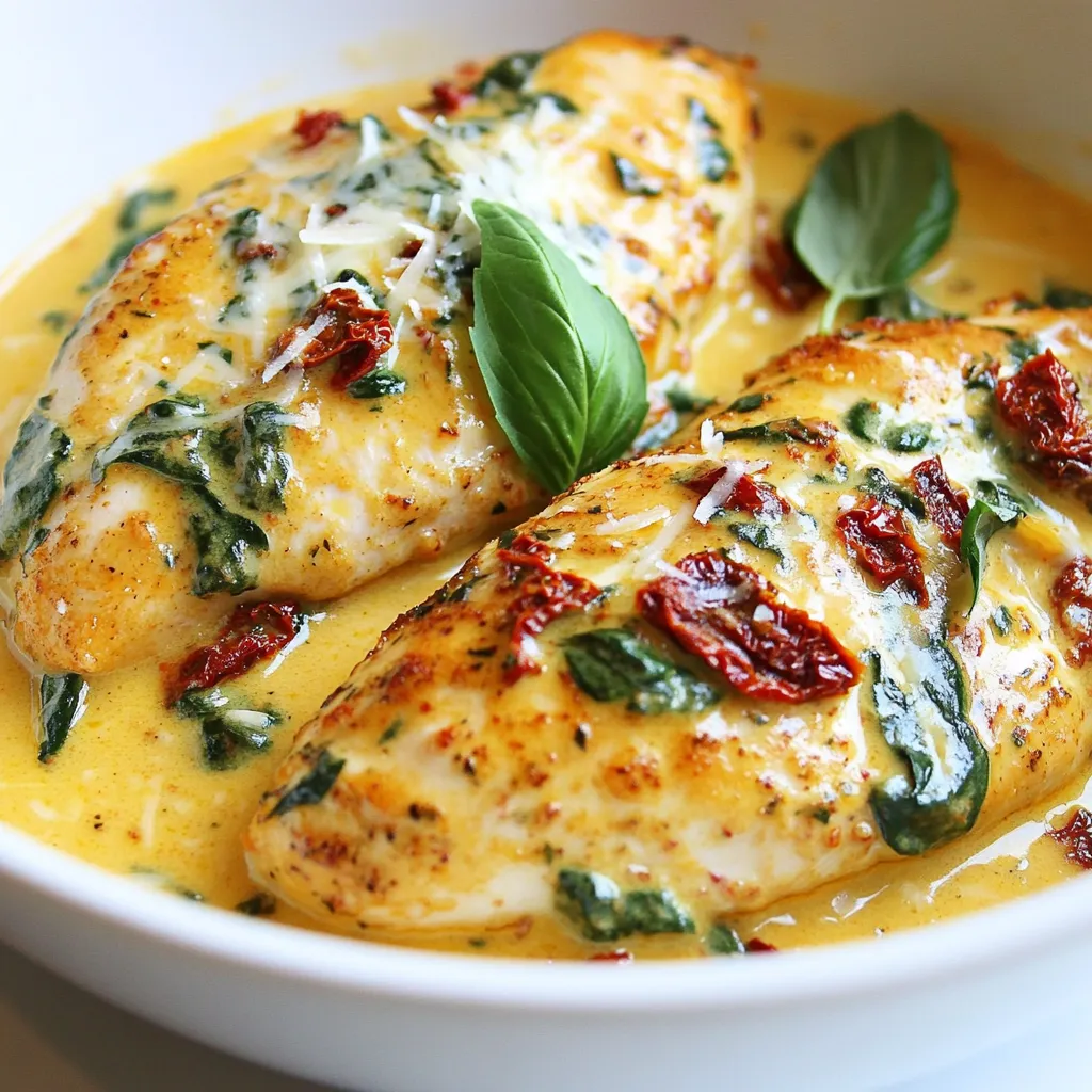 For this Crockpot Marry Me Chicken, you need: - 4 boneless, skinless chicken breasts - 1 cup sun-dried tomatoes (in oil, drained and chopped) - 1 cup heavy cream - 1 cup chicken broth These main items form the heart of this dish. The chicken is tender, juicy, and so easy to cook. Sun-dried tomatoes add a burst of flavor and a nice texture. Heavy cream makes the sauce rich and creamy, while chicken broth keeps everything moist. To bring out the best taste, you will add: - 1 teaspoon garlic powder - 1 teaspoon Italian seasoning - 1/2 teaspoon red pepper flakes (optional for heat) - Salt and pepper to taste Garlic powder adds a savory note, while Italian seasoning gives a classic flavor. Red pepper flakes add a bit of heat if you like it spicy. Don’t forget to season with salt and pepper to suit your taste. For an extra kick, consider adding: - 1 cup fresh spinach - 1/2 cup grated Parmesan cheese - Fresh basil leaves for garnish Spinach brings color and nutrition to the dish, while Parmesan adds a salty, nutty taste. Fresh basil leaves on top make the meal look and taste even better. Feel free to mix and match these extras based on your taste! {{ingredient_image_1}} Start with four boneless, skinless chicken breasts. Place them at the bottom of the crockpot. Season the chicken with salt, pepper, garlic powder, and Italian seasoning. This will add great flavor. Make sure each piece is coated well. In a separate bowl, mix one cup of chopped sun-dried tomatoes, one cup of heavy cream, and one cup of chicken broth. If you like heat, add half a teaspoon of red pepper flakes. Stir this mixture until it blends together smoothly. This sauce is rich and creamy, making the chicken taste amazing. Pour the sauce over the seasoned chicken breasts in the crockpot. Cover the pot and set it on low for six to seven hours. If you are short on time, you can cook it on high for four hours. About thirty minutes before serving, add one cup of fresh spinach and half a cup of grated Parmesan cheese. Stir it in to let the cheese melt and the spinach wilt. When it’s done, the chicken will be tender, and the sauce will be thick and delicious. Enjoy! To get tender chicken, start with boneless, skinless breasts. These cook evenly. Season the chicken well with salt, pepper, garlic powder, and Italian seasoning. This adds flavor throughout. Always make sure to layer the chicken on the bottom of the crockpot. This helps it stay juicy as it cooks. Cooking time is key. Cook on low for 6-7 hours or on high for 4 hours. Use a meat thermometer to check the chicken’s internal temp. It should reach 165°F. If you leave it too long, it may dry out. You can also add the spinach and cheese about 30 minutes before serving. This keeps them fresh and vibrant. Serve the chicken with the creamy sauce on top. This enhances the taste. Garnish with fresh basil leaves for a pop of color. Pair it with pasta or rice to soak up that flavorful sauce. You can also serve it with a side salad for a light meal. Enjoy every bite! Pro Tips Use Fresh Herbs: Fresh basil not only enhances the flavor but also adds a vibrant color to the dish. Consider adding it just before serving for the best taste. Customize the Heat: If you enjoy a little kick, feel free to increase the red pepper flakes. Start with a small amount, taste, and adjust as needed. Perfectly Cooked Chicken: Ensure your chicken breasts are of uniform size for even cooking. If they’re thick, you might want to pound them slightly before placing them in the crockpot. Thicken the Sauce: If you prefer a thicker sauce, remove the lid for the last 30 minutes of cooking to allow some of the moisture to evaporate. {{image_2}} You can make this dish low-carb with a few simple swaps. Instead of heavy cream, use full-fat coconut milk. It gives a rich flavor without the carbs. Use cauliflower rice instead of pasta or rice. This will keep your meal low in carbs while still being filling. The sun-dried tomatoes add a nice touch, but be sure to check the carbs on the label. If you're looking for dairy-free options, swap heavy cream for almond milk. You can also use nutritional yeast in place of Parmesan cheese for a cheesy flavor. For a tangy twist, try adding a splash of lemon juice. You will still get a creamy sauce that is rich and tasty, even without dairy. Adding more veggies boosts flavor and nutrition. You can toss in bell peppers, zucchini, or mushrooms. Add them in at the same time as the spinach. They will cook down nicely and blend with the sauce. Another great option is adding broccoli or green beans for a healthy crunch. These additions are not only good for you; they also make the dish colorful and fun. To keep your Crockpot Marry Me Chicken fresh, let it cool first. Place the chicken and sauce in an airtight container. Make sure to store it in the fridge. It will last up to three days. For best taste, eat it sooner rather than later. If you want to save some for later, freezing is a great option. Portion the chicken and sauce into freezer-safe bags. Remove as much air as you can before sealing. Label the bags with the date. You can freeze it for up to three months. When you're ready to eat, just thaw it in the fridge overnight. To reheat, you can use the stove or microwave. If using the stove, heat it in a pan over low heat. Stir often until it's hot. In the microwave, place the chicken in a bowl and cover it. Heat in short bursts, stirring in between. This keeps the chicken moist and tasty. Enjoy your meal again! Yes, you can make this dish without cream. You can use Greek yogurt or coconut milk for a lighter version. These options give a creamy taste without the fat of heavy cream. Just mix them in the same way as you would the cream. If you choose yogurt, stir it in towards the end of cooking to keep it smooth. The chicken is done when it reaches 165°F inside. You can check this with a meat thermometer. The chicken should also look white and not pink. If you press it with a fork, the juices should run clear. If it falls apart easily, it is very tender and ready to eat. This dish pairs well with many sides. Here are some ideas: - Cooked rice or quinoa to soak up the sauce - Pasta for a hearty meal - Fresh salad for a light option - Steamed veggies for added nutrition You can also serve it with crusty bread to enjoy the creamy sauce! This blog post explored making delicious Crockpot Marry Me Chicken. We discussed the key ingredients, including chicken and seasonings. I shared step-by-step instructions, tips for cooking tender chicken, and ideas for extra flavor. You can customize the dish with variations and learn how to store leftovers properly. In summary, this recipe offers a simple way to create a flavorful meal. With a few tweaks, you can make it suit your taste and diet. Enjoy crafting this tasty dish that’s sure to impress!