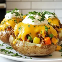 For this easy and tasty dish, you need a few main ingredients: - 4 large russet potatoes - 1 lb ground beef or lamb - 1 cup frozen mixed vegetables (peas, carrots, corn) - 1 medium onion, diced - 2 cloves garlic, minced - 1 tablespoon tomato paste - 1 cup beef broth - 1 teaspoon Worcestershire sauce (optional) - Salt and pepper to taste - 2 tablespoons olive oil - 1 cup shredded cheddar cheese - ½ cup sour cream - Fresh parsley for garnish These ingredients come together to create a warm and filling meal. You can make this dish your own by adding some optional ingredients: - Different cheese types like mozzarella or gouda - Fresh herbs like thyme or rosemary - Hot sauce for a spicy kick - Extra veggies like mushrooms or bell peppers Feel free to mix and match these extras to fit your taste. Having the right tools makes cooking easier. Here’s what I recommend for this recipe: - Baking sheet for the potatoes - Large skillet for the meat mixture - Cutting board and knife for chopping - Fork to pierce potatoes - Spoon for filling the baked potatoes These tools will help you prepare the dish with ease. {{ingredient_image_1}} First, preheat your oven to 400°F (200°C). This helps the potatoes cook evenly. Next, scrub the russet potatoes clean. Use a fork to pierce them several times. This step stops the potatoes from bursting in the oven. Then, rub each potato with olive oil and sprinkle a pinch of salt on top. Place the potatoes directly on the oven rack. Bake them for about 45 to 60 minutes. They are done when a fork easily pierces them. This makes the insides soft and fluffy. While the potatoes bake, it’s time to cook the meat. Heat a skillet over medium heat and add the olive oil. Once hot, add the diced onion and minced garlic. Sauté until they turn translucent, about 3 to 5 minutes. Then, add the ground beef or lamb to the pan. Cook until it’s browned, stirring often. If there’s excess fat, drain it away. Now, stir in the tomato paste, beef broth, Worcestershire sauce, salt, and pepper. Bring this mixture to a simmer. After a few minutes, add the frozen mixed vegetables. Cook for another 5 minutes, just until they warm up. Finally, remove the skillet from heat and mix in the shredded cheddar cheese until it melts. Once your potatoes are ready, cut a slit down the center of each one. Gently squeeze the sides to fluff the insides. This creates a nice space for the filling. Spoon the meat mixture generously into each potato, packing it to the top. For the final touch, drizzle some sour cream over each one. Finish by sprinkling fresh parsley on top for color and flavor. Now, your Shepherd’s Pie Baked Potatoes are ready to enjoy! To bake russet potatoes perfectly, start with clean potatoes. Scrub them well under water. This removes dirt and makes them taste better. After cleaning, pierce each potato a few times with a fork. This helps steam escape while baking. Rub olive oil and a pinch of salt on the skin. This gives a nice, crispy texture. Bake at 400°F (200°C) for 45 to 60 minutes. You want them tender. A fork should slide in easily. For a flavorful meat filling, use either ground beef or lamb. Both work well and taste great. Start by sautéing diced onions and minced garlic in olive oil. Cook them until soft and clear. Then, add the ground meat. Cook it until browned, and drain excess fat. Stir in tomato paste and beef broth for depth. Add Worcestershire sauce for a touch of umami. Season with salt and pepper. Finally, mix in frozen vegetables and let it heat through. This adds color and nutrition. When serving, slice each potato open gently. Fluff the insides for a better texture. Spoon the meat mixture on top, packing it in well. Finish with a drizzle of sour cream. This adds creaminess and tang. For a fresh touch, sprinkle chopped parsley on top. You can also try adding cheese before serving. It melts nicely and adds a rich flavor. Enjoy your meal warm, and don’t forget to share it with friends! Pro Tips Choose the Right Potatoes: Opt for large russet potatoes as they have the perfect starchy texture that makes them fluffy when baked. Customize Your Filling: Feel free to add other vegetables or spices to the meat mixture for extra flavor and nutrition. Cheese Variations: Experiment with different types of cheese, such as mozzarella or gouda, for a unique twist on the classic flavor. Make Ahead: Prepare the filling in advance and store it in the fridge, then simply bake the potatoes and assemble when ready to serve. {{image_2}} You can easily make a vegetarian version. Just swap the ground meat for lentils or mushrooms. Cook the lentils until soft, about 20 minutes. Use the same spices and broth for flavor. Add more veggies like bell peppers or zucchini for extra texture and taste. You can choose different meats for variety. Ground turkey or chicken works well. These meats are leaner and still very tasty. You can also mix meats, like beef and lamb. This gives a nice depth of flavor. Just make sure to adjust the cooking time for each meat if needed. Adding flavor is key to a great dish. You can mix in herbs like thyme or rosemary. These add a fresh taste. A splash of red wine can deepen the flavor, too. Consider adding spicy elements like chili flakes or a dash of hot sauce. You can stir in some spinach or kale for added health benefits. Just make sure everything is cooked well before you fill the potatoes. To store leftover Shepherd's Pie Baked Potatoes, let them cool first. Place each potato in an airtight container. You can also wrap them tightly with plastic wrap. Store them in the fridge for up to three days. This keeps the flavors fresh and the potatoes safe to eat. When you're ready to eat, preheat your oven to 350°F (175°C). Remove the potatoes from the fridge. Place them on a baking sheet. Cover them with foil to keep them moist. Heat for about 20-30 minutes or until hot. You can also reheat them in the microwave. Just heat for 2-3 minutes, checking if they're hot all the way through. If you want to freeze Shepherd's Pie Baked Potatoes, it's best to do this before adding the sour cream. Wrap each potato tightly in plastic wrap. Then, place them in a freezer bag. They can last up to three months in the freezer. When you’re ready to eat, thaw them in the fridge overnight. Then, reheat them in the oven or microwave as described above. Yes, you can use other potatoes. Yukon gold or sweet potatoes work well. They add a unique flavor and texture. Just make sure to adjust your baking time if needed. You can try ground turkey or chicken. For a meatless option, use lentils or mushrooms. Both options bring great taste and texture. They can make your dish lighter and still hearty. To make it healthier, use lean meat and add more veggies. You can also swap sour cream for Greek yogurt. This reduces fat and adds protein. Keep an eye on salt to control sodium levels. Sour cream and fresh herbs like parsley are great. You can also add crispy bacon bits or avocado. These toppings give extra flavor and texture. Try mixing in some hot sauce for a kick! Yes, you can make the filling ahead. Store it in the fridge for up to two days. Just reheat it before filling the baked potatoes. This saves time and makes cooking easier on busy days. Shepherd's Pie Baked Potatoes offer a tasty and easy meal. We covered key ingredients, tools, and step-by-step instructions. You learned how to make the filling and customize it to your taste. We also shared tips for perfect potatoes and fun variations. In the end, you can enjoy this dish however you like. Make it your own, and don’t hesitate to experiment. Happy cooking!