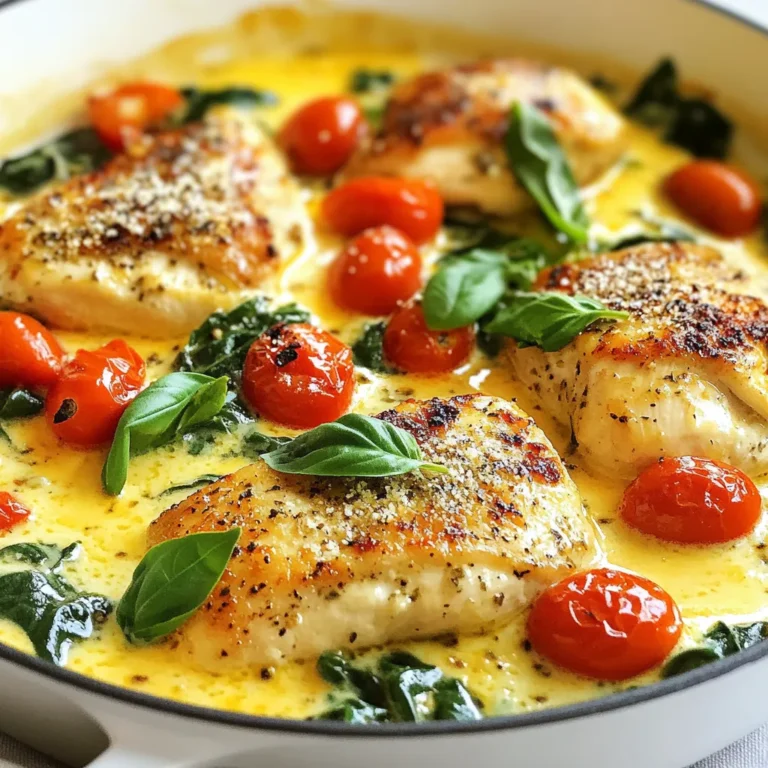 - 4 boneless, skinless chicken breasts - 1 cup cherry tomatoes, halved - 1 cup heavy cream - 1/2 cup grated Parmesan cheese - 1 cup fresh spinach - 1 tablespoon olive oil - 1 teaspoon garlic powder - 1 teaspoon onion powder - 1 teaspoon Italian seasoning - Salt and pepper to taste - Fresh basil leaves for garnish The marriage of flavors in this dish is key. The chicken brings a juicy base, while the tomatoes add a burst of freshness. Heavy cream creates a rich sauce that hugs each piece of chicken. The Parmesan cheese melts into the sauce, giving it that comforting, cheesy flavor we all love. Fresh spinach adds a pop of color and nutrition. When cooking, the olive oil helps brown the chicken nicely. The garlic and onion powders add depth to the seasoning, while Italian seasoning ties everything together. Salt and pepper are essential for bringing out the natural flavors of each ingredient. For garnish, fresh basil leaves not only look pretty but also give a fragrant finish. They brighten the dish and add a lovely touch. Each ingredient works together to make a tasty meal that feels special, yet it’s simple enough for a weeknight dinner. {{ingredient_image_1}} - Heat olive oil in a large skillet over medium-high heat. Start by using a good amount of olive oil for flavor. Once hot, the oil helps cook the chicken evenly. - Season chicken breasts with spices. Take your chicken breasts and sprinkle garlic powder, onion powder, Italian seasoning, salt, and pepper on both sides. This adds great flavor. - Cook chicken until golden brown. Place the seasoned chicken in the skillet. Cook for about 6-7 minutes on each side. Look for a nice golden color. Once done, set the chicken aside on a plate. - Add cherry tomatoes to the skillet. In the same skillet, add the halved cherry tomatoes. Cook them for 2-3 minutes. You want them to burst and release their juices. - Pour in heavy cream and stir. Next, lower the heat and pour in the heavy cream. Stir it well with the tomatoes. This creates a rich, creamy sauce. - Incorporate Parmesan cheese. Now, add the grated Parmesan cheese. Mix until the cheese melts and the sauce is smooth. This makes the sauce thick and tasty. - Stir in fresh spinach. Add the fresh spinach to the skillet. Stir until it wilts down. This adds color and nutrition. - Return chicken to the skillet. Now, place the cooked chicken back into the skillet. Coat the chicken with the creamy sauce. - Simmer to meld the flavors. Let everything simmer for another 2-3 minutes. This step helps the flavors mix together. Enjoy your delicious Marry Me Chicken Skillet! To keep chicken moist, use a meat thermometer. Cook it to 165°F. Remove it from the skillet as soon as it reaches that temp. Let it rest for a few minutes before cutting. This helps keep the juices inside. I prefer using a heavy-bottomed skillet or a cast-iron pan. These types heat evenly and help brown the chicken well. For a thicker sauce, let it simmer longer. If it gets too thick, add a splash of chicken broth. To boost flavor, add more cherry tomatoes or a splash of white wine. You can also toss in some garlic for a richer taste. To plate the dish, place the chicken in the center. Spoon the creamy sauce and tomatoes over the top. Add a handful of fresh spinach on the side for color. For a finishing touch, sprinkle fresh basil leaves over the dish. This adds flavor and looks beautiful! Pro Tips Rest the Chicken: Let the chicken breasts rest for a few minutes after cooking to retain their juices and enhance flavor. Use Fresh Ingredients: For the best flavor, use fresh spinach and ripe cherry tomatoes. They add vibrant color and taste to the dish. Customize the Sauce: Feel free to add other herbs like thyme or oregano for an extra layer of flavor in the creamy sauce. Serve with Sides: Pair this dish with pasta or a light salad to create a complete meal that complements the rich flavors of the chicken. {{image_2}} You can change some ingredients in Marry Me Chicken Skillet for new flavors. Try using different cheeses. Mozzarella gives a nice stretch and creaminess. You can also swap out the spinach. Kale or zucchini works well too. Both add great taste and color to the dish. To boost the flavor, add fresh herbs. Thyme and oregano bring a warm, earthy taste. You can also sprinkle in extra spices. A pinch of red pepper flakes adds a nice kick. These small changes can make the dish even better. If you need to make this dish gluten-free, it’s easy. Just ensure that your spices and cheese do not contain gluten. For a dairy-free option, replace heavy cream with coconut cream. This change keeps the dish creamy while making it suitable for more diets. Enjoy experimenting with these variations! To store leftovers, let the dish cool first. Place it in an airtight container. This keeps it fresh. You can store it in the fridge for up to three days. If you want to enjoy it later, don’t wait too long! If you want to freeze Marry Me Chicken, you can do that too. First, let the dish cool completely. Then, transfer it to a freezer-safe container. Use plastic wrap or a lid to seal it tight. This dish can stay good in the freezer for up to three months. When it’s time to eat, thaw it in the fridge overnight. For reheating, the stove works best. Just add a splash of water or broth to the skillet. Heat it on low and stir often. This keeps the sauce creamy. If you prefer the microwave, use a microwave-safe dish. Cover it loosely and heat in short bursts. Stir in between to avoid hot spots. Enjoy your meal as if it were fresh! Marry Me Chicken Skillet is a creamy chicken dish. It features boneless chicken breasts cooked in a skillet with a rich sauce. This dish has gained popularity for its delicious taste and simple method. The mix of cherry tomatoes, heavy cream, and Parmesan cheese creates a flavor that many love. It's easy to make, perfect for weeknight dinners, and sure to impress. Yes, you can use frozen chicken breasts in this recipe. Just follow these tips for best results: - Increase cooking time by a few minutes to ensure they cook through. - Cook them on medium heat to avoid burning the outside. - Use a meat thermometer to check if the chicken reaches 165°F. You can serve Marry Me Chicken with many side dishes. Here are some great ideas: - Steamed broccoli or green beans for a fresh crunch. - Mashed potatoes to soak up the creamy sauce. - Rice or pasta for a filling option. - A simple salad for a light, refreshing side. This blog post covered how to make Marry Me Chicken Skillet. You learned about key ingredients, like chicken, cherry tomatoes, and cream, along with handy tips for cooking. We also discussed variations, storage tips, and answers to common questions. This dish is easy to make and perfect for any meal. With a little creativity, you can adapt it to your taste. Enjoy cooking this delicious dish that may win hearts and taste buds alike.
