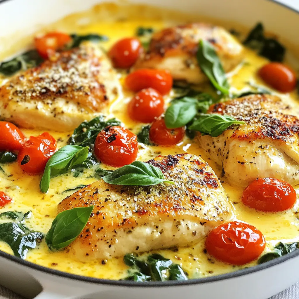 - 4 boneless, skinless chicken breasts - 1 cup cherry tomatoes, halved - 1 cup heavy cream - 1/2 cup grated Parmesan cheese - 1 cup fresh spinach - 1 tablespoon olive oil - 1 teaspoon garlic powder - 1 teaspoon onion powder - 1 teaspoon Italian seasoning - Salt and pepper to taste - Fresh basil leaves for garnish The marriage of flavors in this dish is key. The chicken brings a juicy base, while the tomatoes add a burst of freshness. Heavy cream creates a rich sauce that hugs each piece of chicken. The Parmesan cheese melts into the sauce, giving it that comforting, cheesy flavor we all love. Fresh spinach adds a pop of color and nutrition. When cooking, the olive oil helps brown the chicken nicely. The garlic and onion powders add depth to the seasoning, while Italian seasoning ties everything together. Salt and pepper are essential for bringing out the natural flavors of each ingredient. For garnish, fresh basil leaves not only look pretty but also give a fragrant finish. They brighten the dish and add a lovely touch. Each ingredient works together to make a tasty meal that feels special, yet it’s simple enough for a weeknight dinner. {{ingredient_image_1}} - Heat olive oil in a large skillet over medium-high heat. Start by using a good amount of olive oil for flavor. Once hot, the oil helps cook the chicken evenly. - Season chicken breasts with spices. Take your chicken breasts and sprinkle garlic powder, onion powder, Italian seasoning, salt, and pepper on both sides. This adds great flavor. - Cook chicken until golden brown. Place the seasoned chicken in the skillet. Cook for about 6-7 minutes on each side. Look for a nice golden color. Once done, set the chicken aside on a plate. - Add cherry tomatoes to the skillet. In the same skillet, add the halved cherry tomatoes. Cook them for 2-3 minutes. You want them to burst and release their juices. - Pour in heavy cream and stir. Next, lower the heat and pour in the heavy cream. Stir it well with the tomatoes. This creates a rich, creamy sauce. - Incorporate Parmesan cheese. Now, add the grated Parmesan cheese. Mix until the cheese melts and the sauce is smooth. This makes the sauce thick and tasty. - Stir in fresh spinach. Add the fresh spinach to the skillet. Stir until it wilts down. This adds color and nutrition. - Return chicken to the skillet. Now, place the cooked chicken back into the skillet. Coat the chicken with the creamy sauce. - Simmer to meld the flavors. Let everything simmer for another 2-3 minutes. This step helps the flavors mix together. Enjoy your delicious Marry Me Chicken Skillet! To keep chicken moist, use a meat thermometer. Cook it to 165°F. Remove it from the skillet as soon as it reaches that temp. Let it rest for a few minutes before cutting. This helps keep the juices inside. I prefer using a heavy-bottomed skillet or a cast-iron pan. These types heat evenly and help brown the chicken well. For a thicker sauce, let it simmer longer. If it gets too thick, add a splash of chicken broth. To boost flavor, add more cherry tomatoes or a splash of white wine. You can also toss in some garlic for a richer taste. To plate the dish, place the chicken in the center. Spoon the creamy sauce and tomatoes over the top. Add a handful of fresh spinach on the side for color. For a finishing touch, sprinkle fresh basil leaves over the dish. This adds flavor and looks beautiful! Pro Tips Rest the Chicken: Let the chicken breasts rest for a few minutes after cooking to retain their juices and enhance flavor. Use Fresh Ingredients: For the best flavor, use fresh spinach and ripe cherry tomatoes. They add vibrant color and taste to the dish. Customize the Sauce: Feel free to add other herbs like thyme or oregano for an extra layer of flavor in the creamy sauce. Serve with Sides: Pair this dish with pasta or a light salad to create a complete meal that complements the rich flavors of the chicken. {{image_2}} You can change some ingredients in Marry Me Chicken Skillet for new flavors. Try using different cheeses. Mozzarella gives a nice stretch and creaminess. You can also swap out the spinach. Kale or zucchini works well too. Both add great taste and color to the dish. To boost the flavor, add fresh herbs. Thyme and oregano bring a warm, earthy taste. You can also sprinkle in extra spices. A pinch of red pepper flakes adds a nice kick. These small changes can make the dish even better. If you need to make this dish gluten-free, it’s easy. Just ensure that your spices and cheese do not contain gluten. For a dairy-free option, replace heavy cream with coconut cream. This change keeps the dish creamy while making it suitable for more diets. Enjoy experimenting with these variations! To store leftovers, let the dish cool first. Place it in an airtight container. This keeps it fresh. You can store it in the fridge for up to three days. If you want to enjoy it later, don’t wait too long! If you want to freeze Marry Me Chicken, you can do that too. First, let the dish cool completely. Then, transfer it to a freezer-safe container. Use plastic wrap or a lid to seal it tight. This dish can stay good in the freezer for up to three months. When it’s time to eat, thaw it in the fridge overnight. For reheating, the stove works best. Just add a splash of water or broth to the skillet. Heat it on low and stir often. This keeps the sauce creamy. If you prefer the microwave, use a microwave-safe dish. Cover it loosely and heat in short bursts. Stir in between to avoid hot spots. Enjoy your meal as if it were fresh! Marry Me Chicken Skillet is a creamy chicken dish. It features boneless chicken breasts cooked in a skillet with a rich sauce. This dish has gained popularity for its delicious taste and simple method. The mix of cherry tomatoes, heavy cream, and Parmesan cheese creates a flavor that many love. It's easy to make, perfect for weeknight dinners, and sure to impress. Yes, you can use frozen chicken breasts in this recipe. Just follow these tips for best results: - Increase cooking time by a few minutes to ensure they cook through. - Cook them on medium heat to avoid burning the outside. - Use a meat thermometer to check if the chicken reaches 165°F. You can serve Marry Me Chicken with many side dishes. Here are some great ideas: - Steamed broccoli or green beans for a fresh crunch. - Mashed potatoes to soak up the creamy sauce. - Rice or pasta for a filling option. - A simple salad for a light, refreshing side. This blog post covered how to make Marry Me Chicken Skillet. You learned about key ingredients, like chicken, cherry tomatoes, and cream, along with handy tips for cooking. We also discussed variations, storage tips, and answers to common questions. This dish is easy to make and perfect for any meal. With a little creativity, you can adapt it to your taste. Enjoy cooking this delicious dish that may win hearts and taste buds alike.