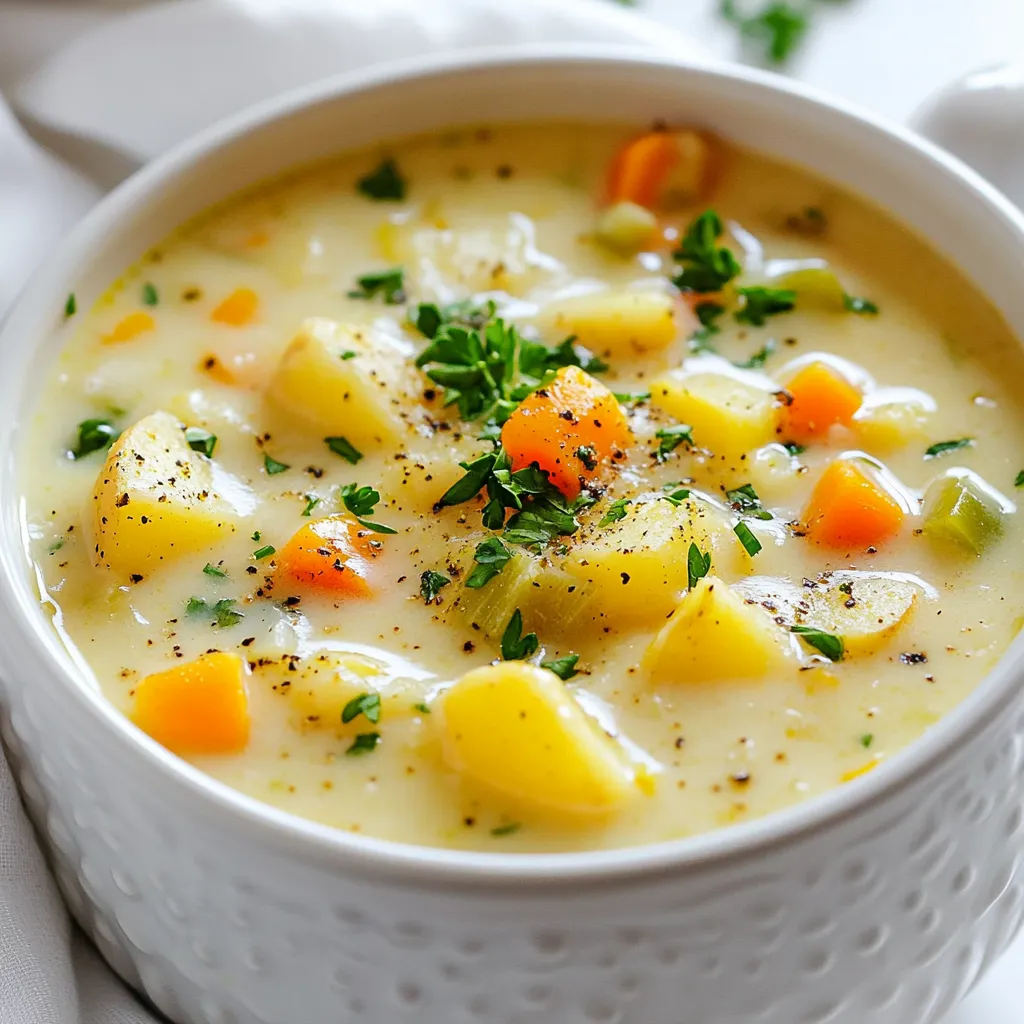 To make this tasty Cajun Potato Chowder, gather these simple ingredients: - 4 medium potatoes, peeled and diced - 1 onion, chopped - 2 cloves garlic, minced - 1 green bell pepper, chopped - 1 celery stalk, chopped - 2 carrots, diced - 4 cups vegetable broth - 1 cup whole milk (or coconut milk for a dairy-free version) - 1 tablespoon Cajun seasoning - 1 teaspoon smoked paprika - 1 bay leaf - 2 tablespoons olive oil - Salt and pepper to taste - Fresh parsley, chopped (for garnish) These ingredients create a rich, warm chowder. The potatoes add heartiness, while the Cajun seasoning brings a kick. You can easily adapt this recipe. If you want a vegan version, swap whole milk for coconut milk. For gluten-free options, check the vegetable broth label. You can also replace the green bell pepper with red or yellow for a sweeter taste. Using fresh ingredients makes a big difference. Fresh potatoes, onions, and peppers enhance the flavor and texture of your chowder. They also add color and nutrients. Always choose the best quality you can find for the most delicious results. Fresh herbs, like parsley, can brighten the chowder and make it more appealing. Enjoy the process of picking and preparing these ingredients! {{ingredient_image_1}} Start by gathering all your ingredients. This makes cooking easier. You will need: - 4 medium potatoes, peeled and diced - 1 onion, chopped - 2 cloves garlic, minced - 1 green bell pepper, chopped - 1 celery stalk, chopped - 2 carrots, diced - 4 cups vegetable broth - 1 cup whole milk (or coconut milk for a dairy-free version) - 1 tablespoon Cajun seasoning - 1 teaspoon smoked paprika - 1 bay leaf - 2 tablespoons olive oil - Salt and pepper to taste - Fresh parsley, chopped (for garnish) Chop the veggies into small pieces. This helps them cook evenly. Peel and dice the potatoes into bite-sized chunks. Heat the olive oil in a large pot over medium heat. Add the chopped onion and bell pepper. Sauté for about 5 minutes until they soften. Stir in the minced garlic, celery, and carrots. Cook for another 3-4 minutes until the aromas fill your kitchen. Next, add the diced potatoes, vegetable broth, bay leaf, Cajun seasoning, and smoked paprika. Bring everything to a boil. Once boiling, reduce the heat to low, cover the pot, and let it simmer for 20-25 minutes. Check if the potatoes are tender. After simmering, remove the bay leaf. Here comes the fun part! Use an immersion blender to blend the chowder until it is smooth. If you prefer some texture, leave it chunky. Finally, stir in the milk or coconut milk. Adjust the seasoning with salt and pepper. Let it heat through for another 5 minutes. Your chowder is now ready to serve! Using an immersion blender is easy and fun. Here are some tips: - Make sure the blender is fully submerged before blending. This helps avoid splashes. - Blend in short bursts. This gives you more control over the texture. - If you want a chunkier chowder, blend only half of it. This creates a nice mix of smooth and chunky. - Clean the immersion blender right after use. This makes it easier to wash. With these steps, you can create a bowl of flavorful Cajun potato chowder that warms the soul. Enjoy every bite! To make the best Cajun potato chowder, focus on your spices. Use a good Cajun seasoning. Look for one with a blend of paprika, garlic, and herbs. This mix brings warmth and depth to your dish. Smoked paprika adds a lovely, smoky note. You can also add more spice if you like it hot. Try adding cayenne pepper or crushed red pepper for extra heat. Don’t forget fresh parsley for garnish. It brightens the flavor and looks nice. Timing is key for a great chowder. Sauté the onions and bell peppers first. This helps build a strong base flavor. After adding the garlic and other veggies, cook them until soft. Then, when you add the potatoes and broth, bring it to a boil. Lower the heat and cover the pot. Let it simmer for 20-25 minutes. This allows the potatoes to soften and soak up flavors. Blend the chowder right before serving. This keeps it fresh and warm. One common mistake is not cooking the veggies long enough. If they’re not soft, the chowder will lack flavor. Another mistake is skipping the bay leaf. It adds a subtle depth that enhances the dish. Don’t rush the blending process. If you blend too much, the chowder can turn too smooth. I like to blend half for creaminess and leave some chunks for texture. Lastly, always taste before serving. Adjust the salt and pepper to your liking. This ensures a well-seasoned chowder. Pro Tips Use Fresh Ingredients: The flavor of your chowder will be significantly enhanced by using fresh, seasonal vegetables. Try to source local produce when possible. Adjust the Spice Level: If you prefer a milder chowder, start with half the amount of Cajun seasoning and gradually add more to taste as it simmers. Blend for Creaminess: For a creamier texture, blend more of the chowder. If you enjoy a chunkier consistency, blend only half of it. Garnish for Presentation: A sprinkle of fresh parsley or a drizzle of olive oil on top before serving can elevate the dish visually and enhance the flavor profile. {{image_2}} You can easily add protein to your chowder. Shrimp and chicken work well. For shrimp, use about one pound, peeled and deveined. Add it during the last five minutes of cooking. The shrimp will cook quickly and add a nice flavor. If you choose chicken, use about two cups of cooked, shredded chicken. Stir it in after blending the chowder. This makes the dish heartier and more filling. To make this chowder dairy-free, swap whole milk for coconut milk. This change keeps it creamy while adding a hint of sweetness. You can also use almond milk or oat milk. Just make sure to choose unsweetened options. These alternatives work well and still taste great. Your chowder will remain rich and flavorful without dairy. If you love heat, adjust the spice level to your liking. You can add more Cajun seasoning or extra smoked paprika. A splash of hot sauce adds a nice kick, too. For a real challenge, include diced jalapeños or crushed red pepper flakes. Start with a small amount and taste as you go. This way, you can find the perfect level of heat for your chowder. After enjoying your Cajun potato chowder, store the leftovers in an airtight container. Let the chowder cool down to room temperature before sealing it. This helps keep it fresh. Place the container in the fridge. It will stay good for about three to four days. If you want to keep it longer, freezing is a great option. When you're ready to enjoy the chowder again, reheating is easy. Pour the chowder into a pot and heat it over low to medium heat. Stir it often to avoid burning. If it seems thick, add a splash of milk or broth to loosen it. You can also use the microwave. Just heat it in short bursts, stirring in between. This ensures even heating. To freeze your chowder, use a freezer-safe container. Leave some space at the top, as the soup will expand when frozen. It can last for about two to three months in the freezer. When you want to eat it, thaw it in the fridge overnight. Reheat it on the stove or in the microwave as mentioned earlier. Enjoy that comforting flavor anytime! Cajun Potato Chowder is a warm, creamy soup. It blends potatoes with Cajun spices. You get a rich flavor that comforts you. The chowder also has vegetables like onion, bell pepper, and carrots. This mix gives it depth and texture. You can enjoy it as a meal or side dish. Yes, you can make it vegan! Simply use coconut milk instead of whole milk. This swap keeps it creamy without dairy. Also, ensure your vegetable broth is vegan. With these changes, the chowder remains tasty and fulfilling. Cajun Potato Chowder lasts about 3 to 5 days in the fridge. Store it in an airtight container. Make sure it cools down before you seal it. This helps keep flavors fresh and safe to eat later. Yes, you can freeze the chowder! Let it cool completely first. Then, place it in a freezer-safe container. It will keep well for about 2 to 3 months. When you’re ready to eat, thaw it overnight in the fridge. You can serve the chowder with crusty bread. A slice of warm baguette works great. You can also pair it with a fresh salad. This adds a nice crunch and balances the creamy soup. The chowder has a mild spice level. Cajun seasoning adds flavor without too much heat. You can adjust the spice by adding more seasoning. If you like it spicier, try adding hot sauce! This article covered the key elements for making Cajun Potato Chowder. We looked at ingredients, step-by-step cooking, tips for flavor, and variations for dietary needs. Remember, fresh ingredients make a big difference. With simple swaps and our cooking tips, you can create a delicious meal. Store your leftovers right to enjoy later. Whether you love spice or prefer it mild, there’s a version for you. Dive in, get cooking, and enjoy your chowder adventure!