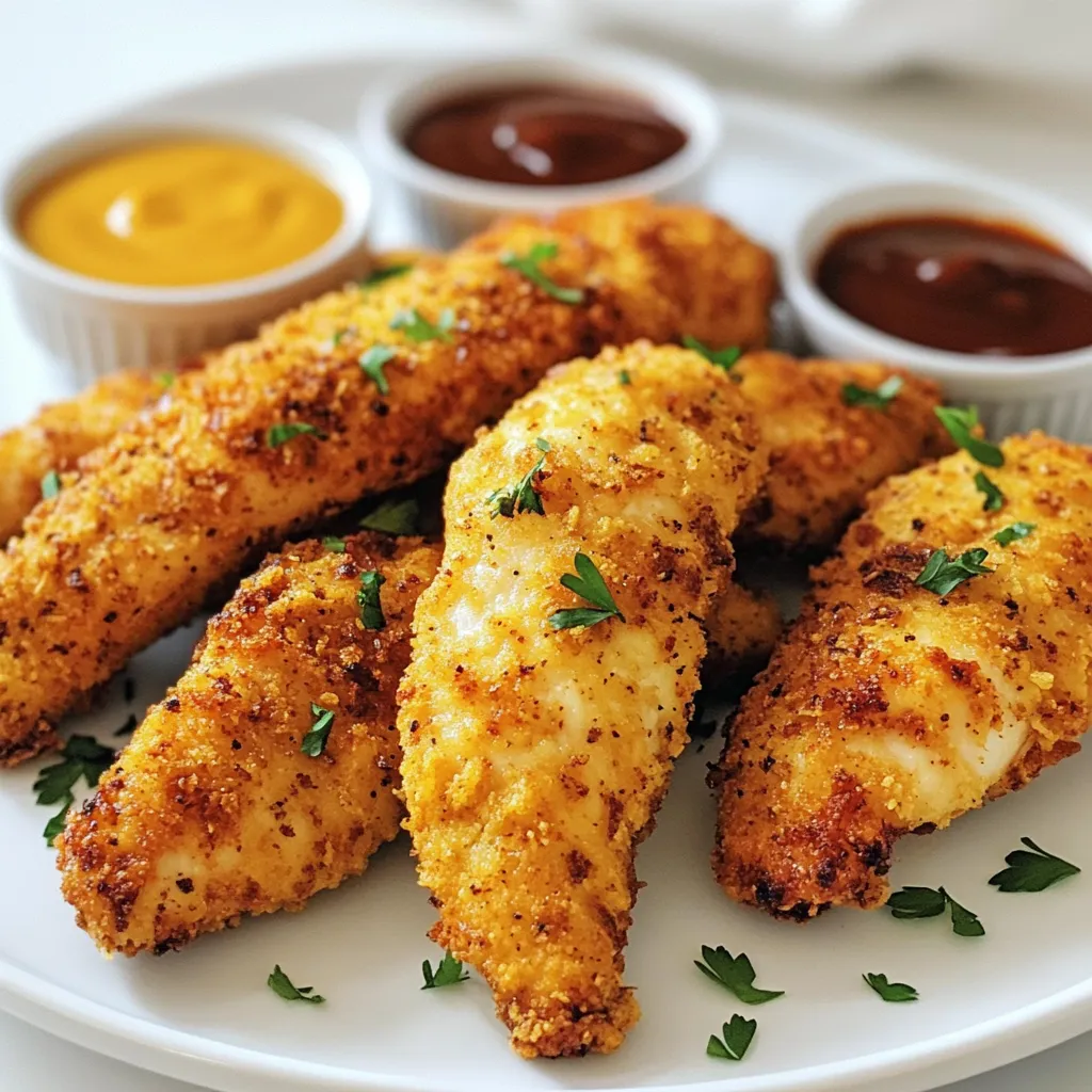 - 1 pound boneless, skinless chicken breasts - 1 cup buttermilk - 1 cup all-purpose flour - 1 teaspoon garlic powder - 1 teaspoon onion powder - 1 teaspoon smoked paprika - 1 teaspoon salt - ½ teaspoon black pepper - ½ teaspoon cayenne pepper (optional for heat) - 1 cup breadcrumbs (panko preferred for extra crunch) - Cooking spray or olive oil spray For this recipe, I focus on simple, quality ingredients. The chicken breasts are the star, providing a tender bite. Buttermilk does wonders, keeping the chicken juicy. Flour helps create a nice crust. The seasonings boost flavor. Garlic and onion powder add depth. Smoked paprika gives a warm touch. Salt and pepper bring balance. Cayenne adds a hint of heat, but feel free to skip it if you prefer mild. Panko breadcrumbs are my go-to for crunch. They create a crispy outer layer that makes each bite delightful. A light spray of oil ensures an even golden finish. Gather these ingredients, and you will be on your way to making delicious crispy air fryer chicken tenders. {{ingredient_image_1}} Start by soaking your chicken strips in buttermilk. This step is key. The buttermilk helps tenderize the meat and adds flavor. I recommend marinating for at least 30 minutes. This gives the chicken time to soak up all that goodness. Next, mix the dry ingredients for the coating. In a shallow dish, combine 1 cup of all-purpose flour, 1 teaspoon each of garlic powder, onion powder, smoked paprika, salt, and black pepper. If you like some heat, add ½ teaspoon of cayenne pepper. In another dish, place 1 cup of breadcrumbs. Panko works best for extra crunch. Once the chicken has marinated, take it out and shake off any excess buttermilk. Dip each strip into the flour mixture first. Then, shake off the excess flour. Next, dip the strip into the breadcrumbs. Press down gently. This helps the breadcrumbs stick well. Before you cook, preheat your air fryer to 400°F (200°C) for about 5 minutes. While it heats, spray the air fryer basket with cooking spray. This will help the chicken not to stick. Now it’s time to cook! Place the coated chicken strips in a single layer in the basket. Spray the tops lightly with olive oil spray. Cook for 8-10 minutes. Flip the chicken halfway through for even cooking. Check for doneness. The internal temperature should reach 165°F (75°C). Once cooked, carefully remove the chicken tenders. Let them rest for a couple of minutes before serving. This helps keep them juicy. Serve warm with your favorite dipping sauces. Honey mustard or barbecue sauce is a great choice! To get that perfect crunch, use panko breadcrumbs. They create a light and crispy coating. Regular breadcrumbs can work, but panko gives a better texture. For even coating, shake off excess flour and breadcrumbs. This helps the coating stick. Make sure each piece is well-coated for the best crunch. You can boost flavor by adding herbs and spices to the coating mix. Try adding dried oregano or thyme for a fresh taste. For a kick, increase the cayenne pepper. Marinating is also key. Soaking chicken in buttermilk adds flavor and keeps it juicy. Let it marinate for at least 30 minutes to really absorb those flavors. For the best look, arrange the chicken tenders on a nice platter. You can garnish with fresh parsley or basil for color. Pair with dipping sauces like honey mustard or barbecue for added flavor. Serve with crunchy veggies or fries on the side for a fun meal. Pro Tips Marination Magic: Allow the chicken to marinate in buttermilk for at least 1 hour, or up to overnight, for maximum tenderness and flavor. Crunchy Coating: Use panko breadcrumbs for an extra crispy texture that elevates your chicken tenders. Even Cooking: Ensure the chicken strips are of uniform size for even cooking and browning in the air fryer. Resting Time: Let the chicken tenders rest for a few minutes after cooking to maintain juiciness before serving. {{image_2}} You can change up the flavors of your chicken tenders easily. Here are two tasty ideas: - BBQ chicken tenders: After coating your chicken, brush on your favorite BBQ sauce before air frying. This adds a sweet and smoky flavor that is hard to resist. - Spicy buffalo chicken tenders: Mix hot sauce into your buttermilk for a spicy kick. You can also toss the cooked tenders in buffalo sauce for extra heat. If you want a gluten-free meal, it's easy to swap out some ingredients. Use gluten-free flour instead of all-purpose flour. For the breading, choose gluten-free breadcrumbs. This way, you can enjoy crispy chicken without the gluten. Not everyone has an air fryer, and that's okay! You can bake the chicken tenders in the oven. Here’s how: - Preheat your oven to 400°F (200°C). - Place the coated chicken strips on a baking sheet lined with parchment paper. - Spray them lightly with cooking spray for a crispy finish. - Bake for 15-20 minutes, flipping halfway. Check that the chicken reaches 165°F (75°C) for safety. These variations let you enjoy chicken tenders your way! To store leftovers, let the chicken tenders cool first. Place them in an airtight container. This helps keep them fresh. I recommend using glass containers. They hold heat well and do not stain. Store the chicken tenders in the fridge for up to three days. To freeze chicken tenders, let them cool completely. Then, place them on a baking sheet in a single layer. Freeze until solid, about 1-2 hours. After that, transfer them to a freezer-safe bag. Remove as much air as possible. Chicken tenders can last up to three months in the freezer. For reheating, use the air fryer if you want to keep them crispy. Preheat the air fryer to 350°F (175°C). Place the chicken tenders in the basket. Heat for about 5-7 minutes. You can also use the oven. Set it to 375°F (190°C) and bake for 10-15 minutes. This keeps them warm and crispy. Yes, you can use frozen chicken strips! Here are tips for using them: - Thaw first: Let the chicken strips thaw in the fridge overnight. - Marinate: Even frozen strips can soak in buttermilk, but marinate longer if possible. - Adjust cooking time: Cook for an extra few minutes to ensure they are done. To enhance crunch, follow these techniques: - Use panko breadcrumbs: They add a great crunch. - Double coat: Coat in flour, dip in buttermilk, and roll in breadcrumbs twice. - Spray oil: Lightly spray the chicken with oil before cooking for a crispier finish. Here are popular dipping sauce options: - Honey mustard: Sweet and tangy, a classic choice. - Barbecue sauce: Smoky and flavorful, great for dipping. - Ranch dressing: Creamy and cool, pairs well with crispy chicken. - Buffalo sauce: For a spicy kick, it's a fan favorite. In summary, you learned how to make delicious chicken tenders. We discussed key ingredients like chicken, buttermilk, and spices. You also gained step-by-step instructions for marinating, coating, and cooking. Tips for texture and flavor variations were shared to enhance your dish. Finally, remember to store leftovers properly and try different sauces. Enjoy your crunchy chicken tenders! They are perfect for any meal or snack.