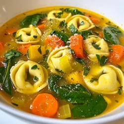 - 8 oz cheese tortellini - 1 tablespoon olive oil - 1 small onion, diced - 2 cloves garlic, minced - 3 medium carrots, sliced - 1 zucchini, diced - 1 red bell pepper, chopped - 4 cups vegetable broth - 1 cup canned diced tomatoes (with juices) - 1 teaspoon dried basil - 1 teaspoon dried oregano - Salt and pepper to taste - 2 cups fresh spinach - Grated Parmesan cheese for serving (optional) Quality ingredients make a huge difference. Use fresh vegetables for the best flavor. Choose good cheese tortellini for a creamy taste. I prefer organic vegetable broth for a rich base. It adds depth to the soup. Canned tomatoes should be whole or diced, packed in juice for extra flavor. Always check the expiration date on canned goods. Fresh spinach should be bright green and crisp. You can change ingredients based on what you have. Use frozen tortellini if fresh is not available. Swap the cheese tortellini for meat-filled or gluten-free versions. For the broth, homemade is great, but store-bought works too. If you don’t have red bell pepper, use any color. You can replace zucchini with yellow squash or green beans. Add different herbs like thyme or parsley for unique flavors. {{ingredient_image_1}} Making Tortellini Vegetable Soup is simple and fun. First, you sauté your veggies. Then, you add broth and tomatoes. Next, you cook the tortellini. Finally, mix in fresh spinach for a bright touch. 1. Heat the Olive Oil: In a large pot, warm 1 tablespoon of olive oil over medium heat. 2. Sauté the Onion: Add 1 small diced onion. Sauté it for about 3-4 minutes until it looks clear. 3. Add Garlic: Stir in 2 minced garlic cloves. Cook for 1 more minute until you smell the garlic. 4. Cook the Vegetables: Toss in 3 sliced carrots, 1 diced zucchini, and 1 chopped red bell pepper. Cook for 5-7 minutes until the veggies are soft. 5. Add Broth and Tomatoes: Pour in 4 cups of vegetable broth. Add 1 cup of canned diced tomatoes with juices, along with 1 teaspoon each of dried basil and oregano. Season with salt and pepper. 6. Boil the Soup: Bring the soup to a boil. This helps all the flavors come together. 7. Simmer: Once boiling, reduce the heat. Let it simmer for 10 minutes to blend the flavors well. 8. Cook the Tortellini: Add 8 oz of cheese tortellini. Cook according to package directions, usually 3-5 minutes. 9. Add Spinach: Stir in 2 cups of fresh spinach. Cook for about 2 minutes until it wilts. 10. Serve: Ladle the hot soup into bowls. You can sprinkle grated Parmesan cheese on top if you like. - Heating Oil: Use a pot that is big enough to hold all the soup. A heavy bottom pot works best. - Sautéing Onions: Clear onions are ready when they look shiny and soft. - Adding Garlic: Be careful not to burn the garlic; it can turn bitter. - Cooking Vegetables: Stir often to cook evenly. You want them to be tender but not mushy. - Simmering: Keep the lid partially on to let steam escape while cooking. - Cooking Tortellini: Check the package for cooking times. It should be tender but not too soft. - Adding Spinach: Fresh spinach cooks quickly, so keep an eye on it. You want it to stay bright green. Following these steps will lead you to a warm, hearty bowl of Tortellini Vegetable Soup that you can enjoy any day! To make the soup burst with flavor, use fresh herbs. Fresh basil and oregano always taste better than dried. If you only have dried herbs, add them early while cooking. This gives them time to release their flavors. For a touch of heat, add a pinch of red pepper flakes. This enhances the overall taste without overpowering the dish. To achieve a great texture, sauté your veggies first. This step adds depth and makes them tender. Be careful not to overcook them. You want them to stay a bit crunchy. When adding the tortellini, stir gently. This helps avoid breaking them. If the soup seems too thick, add more vegetable broth until you reach the right consistency. Serve the soup hot in bowls with a sprinkle of Parmesan cheese on top. This adds richness and flavor. Crusty bread pairs perfectly with this dish. It’s great for dipping! For a complete meal, consider a light salad on the side. A simple green salad with a lemon vinaigrette complements the soup well. Enjoy the warmth and comfort this dish brings! Pro Tips Fresh Herbs for Flavor: Add fresh basil or parsley just before serving to enhance the soup's flavor and provide a vibrant color. Veggie Variations: Feel free to swap in your favorite vegetables like broccoli or kale for added nutrition and flavor. Make it Creamy: For a creamier soup, stir in a splash of heavy cream or coconut milk just before serving. Leftover Storage: Store leftovers in an airtight container in the fridge for up to 3 days. Reheat gently on the stove to maintain texture. {{image_2}} You can boost the protein in your tortellini vegetable soup easily. Adding cooked chicken, sausage, or beans can help. If you use chicken, shred it before adding it to the pot. For beans, try white beans or chickpeas. They add creaminess and nutrition. If you want a meatless option, add tofu or tempeh. These options keep it hearty and filling. This soup is great for vegetarians and vegans. To make it vegan, skip the cheese tortellini and use a vegan brand. You can also leave out the Parmesan cheese on top. Use vegetable broth to keep it plant-based. You can add extra veggies like mushrooms or peas for more flavor. The soup will still taste amazing without meat or dairy. Switching up the vegetables can keep this soup fun. In spring, add asparagus or fresh peas. In summer, try corn or fresh green beans. In fall, use squash or sweet potatoes. In winter, root vegetables like turnips work well. Just remember to cut them into small, even pieces. This keeps the soup cooking evenly. Mix and match based on what’s fresh and in season. After making your Tortellini Vegetable Soup, let it cool down. Once it cools, store it in an airtight container. This keeps the soup fresh and good to eat. Place it in the fridge if you plan to eat it within three days. Remember to label the container with the date. This way, you won’t forget how long it has been stored. You can freeze this soup if you want to save some for later. Use a freezer-safe container and leave some space at the top. Soup expands when it freezes. It’s best to freeze it without the tortellini if you can. Cook the tortellini fresh later for the best taste. The soup will stay good in the freezer for up to three months. To reheat, take the soup out of the fridge or freezer. If frozen, let it thaw in the fridge overnight. When ready, pour the soup into a pot. Heat it on medium until it bubbles gently. If you froze the soup without the tortellini, add the tortellini now. Cook it according to the package instructions. Stir in some fresh spinach at the end for extra flavor. Enjoy your warm and hearty soup! What is tortellini vegetable soup? Tortellini vegetable soup is a warm dish made with cheese tortellini and fresh veggies. You’ll find carrots, zucchini, and bell peppers, all simmered in a tasty broth. How long does it take to make? It takes about 30 minutes to make this soup, from prep to serving. You can enjoy it quickly, making it perfect for busy days. Can I use frozen tortellini? Yes, frozen tortellini works well in this recipe. Just add a few extra minutes to the cooking time. My soup is too salty. What can I do? If your soup tastes salty, add more water or broth to balance it out. You can also add more veggies to soak up the salt. Why is my soup too thick? If the soup is thick, add more vegetable broth or water. Stir it well and heat it back up. How can I make my soup more flavorful? Use fresh herbs like basil and oregano, and add a splash of lemon juice. This brightens up the flavors. Is tortellini vegetable soup healthy? Yes, this soup is healthy! It packs in vitamins from the fresh veggies and protein from the tortellini. What are the main nutrients in this soup? This soup provides fiber from the vegetables and protein from the cheese tortellini. It’s low in fat and high in flavor. Can this soup fit into a balanced diet? Absolutely! Pair it with a side salad for a well-rounded meal. Enjoy it as a satisfying lunch or dinner option. We covered the key ingredients, cooking steps, and expert tips for making tortellini vegetable soup. I shared ways to enhance flavor, texture, and possible variations. We also discussed storage tips and answered common questions. Now, you have all the tools to create a delightful soup. Enjoy exploring different ingredients and sharing this dish with others. Simple changes can make your soup great every time. Happy cooking!