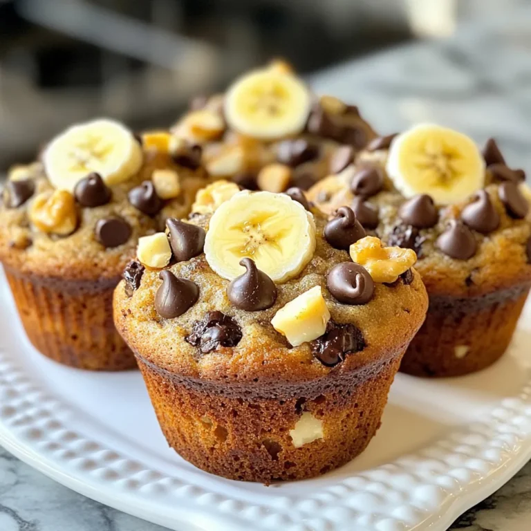 To make the perfect chocolate chip banana bread muffins, you need simple and fresh ingredients. Here’s the list: - 3 ripe bananas, mashed - 1/3 cup melted coconut oil - 1/2 cup brown sugar - 1 large egg, beaten - 1 teaspoon vanilla extract - 1 teaspoon baking soda - Pinch of salt - 1 cup all-purpose flour - 1/2 cup chocolate chips - 1/4 cup chopped walnuts (optional) Using ripe bananas is key. They add natural sweetness and moisture to your muffins. Coconut oil gives a rich flavor while keeping the muffins soft. Brown sugar adds a hint of caramel taste, which pairs well with chocolate. The beaten egg binds everything together, making the muffins fluffy. Baking soda helps your muffins rise, while a pinch of salt balances the sweetness. All-purpose flour is your base, providing structure. Chocolate chips bring that delicious melty goodness. If you like a bit of crunch, add walnuts. They give a nice texture and nutty flavor. Gather these ingredients, and you’re ready to bake some delightful muffins! {{ingredient_image_1}} 1. Preheat your oven to 350°F (175°C). This will help the muffins bake evenly. 2. Prepare your muffin tin with cupcake liners or grease it lightly. This keeps muffins from sticking. 3. In a large bowl, mash 3 ripe bananas until smooth. Add 1/3 cup melted coconut oil and mix well. 4. Stir in 1/2 cup brown sugar until it blends in completely. Then, add 1 large beaten egg and 1 teaspoon vanilla extract. Mix again until smooth. 5. Sprinkle 1 teaspoon baking soda and a pinch of salt over the wet mix. Whisk gently to combine. 1. Gradually add 1 cup of all-purpose flour to the wet mix. Stir until just combined. A few lumps are fine; do not overmix! 2. Fold in 1/2 cup chocolate chips and 1/4 cup chopped walnuts, if you like. Make sure they are evenly spread throughout the batter. 1. Pour the batter into your prepared muffin tin. Fill each cup about 2/3 full. 2. Bake in the preheated oven for 18-20 minutes. Check with a toothpick; it should come out clean. 3. Let the muffins cool in the tin for 5 minutes. Then, move them to a wire rack to cool completely. - Avoid overmixing the batter. Overmixing can make your muffins tough. Stop mixing as soon as the flour blends in. A few lumps are fine. - Ensure even distribution of chocolate chips. Fold them in gently. This way, every bite has chocolate goodness. - To check for doneness, insert a toothpick into the center. It should come out clean. If there is wet batter, bake a few more minutes. - Adjust baking time for different ovens. Some ovens run hot or cool. Keep an eye on your muffins to avoid overbaking. - Serve warm with cream cheese or butter. This adds a creamy touch that blends well with the muffins. - Arrange muffins on a rustic wooden board. Garnish with fresh banana slices and a sprinkle of chocolate chips for a delightful display. Pro Tips Use Overripe Bananas: The riper the bananas, the sweeter and more flavorful your muffins will be. Look for bananas with lots of brown spots for the best taste. Don't Overmix: When combining the dry and wet ingredients, stir just until combined. Overmixing can lead to dense muffins, so a few lumps are perfectly fine! Customize Your Add-ins: Feel free to get creative! Substitute the walnuts with pecans or add dried fruit for a unique twist on the classic recipe. Storage Tips: Store any leftover muffins in an airtight container at room temperature for up to 3 days, or freeze them for longer storage. Just reheat in the microwave when you're ready to enjoy! {{image_2}} You can switch out some ingredients for different flavors and textures. Here are some ideas: - Alternative sweeteners: Use honey or maple syrup instead of brown sugar. This adds a unique taste. - Gluten-free flour options: Swap all-purpose flour for almond flour or a gluten-free blend. This makes the muffins safe for those with gluten sensitivities. You can easily change the flavor of your muffins. Consider these options: - Adding spices: A pinch of cinnamon or nutmeg gives your muffins a warm, cozy taste. Just a little can make a big difference. - Incorporating different mix-ins: Try adding dried fruits like cranberries or nuts like pecans. These add crunch and a burst of flavor. If you have dietary needs, you can still enjoy these muffins. Here are some suggestions: - Vegan version: Replace the egg with a flaxseed meal mixture. Combine one tablespoon of flaxseed meal with three tablespoons of water. Let it sit until it thickens. - Low-sugar alternatives: Use a sugar substitute like stevia or erythritol. This keeps the muffins sweet without extra sugar. These variations let you personalize the muffins for your tastes and needs. Enjoy experimenting! To keep your muffins fresh at room temperature, place them in an airtight container. This will help keep them soft. You can also wrap them in plastic wrap. If you want to refrigerate, keep them in a sealed bag. This works great if you plan to eat them in a few days. For freezing muffins, first cool them completely. Then, wrap each muffin in plastic wrap. Place them in a freezer bag for best results. To thaw, leave them at room temperature for an hour. You can also reheat them in the oven at 350°F for about 5-10 minutes. These muffins can last about 3 days at room temperature. If you refrigerate them, they stay good for up to a week. In the freezer, they can last up to 3 months. Enjoy your muffins fresh or saved for later! Can I use frozen bananas for this recipe? Yes, you can use frozen bananas. Just thaw them first. Drain any extra liquid. Mash them until smooth. This helps keep the muffins moist and flavorful. How do I know when the muffins are done baking? You can check for doneness by inserting a toothpick into the center. If it comes out clean, the muffins are ready. They should also be golden brown on top and spring back when gently pressed. Can I make this recipe as a loaf instead of muffins? Absolutely! To make a loaf, pour the batter into a greased loaf pan. Bake for 50-60 minutes. Check for doneness with a toothpick, just like with muffins. Caloric content per muffin Each muffin has about 150 calories. This can vary slightly based on the size and ingredients used. Health benefits of bananas and dark chocolate Bananas are rich in potassium and vitamins. They help with heart health and digestion. Dark chocolate contains antioxidants. It may improve mood and heart health when eaten in moderation. Why are my muffins too dense? Dense muffins often come from overmixing the batter. Mix just until combined. Also, make sure your baking soda is fresh for proper rise. What to do if muffins stick to the pan? If muffins stick, try greasing the pan more. You can also use paper liners. Let muffins cool for about five minutes before removing them. This helps them release easily. In this post, we explored how to make delicious banana chocolate chip muffins. We covered key ingredients, step-by-step instructions, useful tips, and creative variations. Baking can be simple and fun. With just a few steps, you can enjoy soft muffins that please everyone. Remember, you can adjust the recipe to fit your taste. Don’t hesitate to experiment and make it your own. Happy baking! Enjoy your fresh muffins and share them with friends and family.