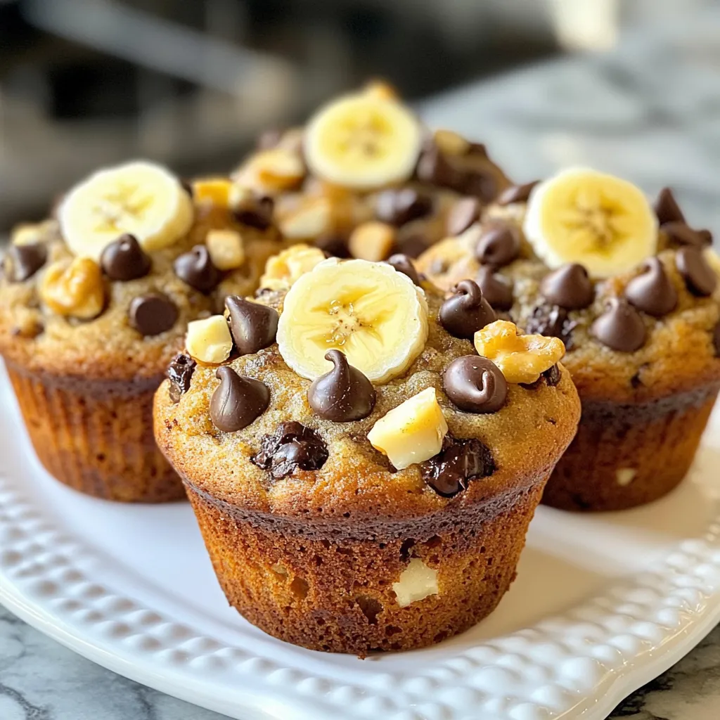 To make the perfect chocolate chip banana bread muffins, you need simple and fresh ingredients. Here’s the list: - 3 ripe bananas, mashed - 1/3 cup melted coconut oil - 1/2 cup brown sugar - 1 large egg, beaten - 1 teaspoon vanilla extract - 1 teaspoon baking soda - Pinch of salt - 1 cup all-purpose flour - 1/2 cup chocolate chips - 1/4 cup chopped walnuts (optional) Using ripe bananas is key. They add natural sweetness and moisture to your muffins. Coconut oil gives a rich flavor while keeping the muffins soft. Brown sugar adds a hint of caramel taste, which pairs well with chocolate. The beaten egg binds everything together, making the muffins fluffy. Baking soda helps your muffins rise, while a pinch of salt balances the sweetness. All-purpose flour is your base, providing structure. Chocolate chips bring that delicious melty goodness. If you like a bit of crunch, add walnuts. They give a nice texture and nutty flavor. Gather these ingredients, and you’re ready to bake some delightful muffins! {{ingredient_image_1}} 1. Preheat your oven to 350°F (175°C). This will help the muffins bake evenly. 2. Prepare your muffin tin with cupcake liners or grease it lightly. This keeps muffins from sticking. 3. In a large bowl, mash 3 ripe bananas until smooth. Add 1/3 cup melted coconut oil and mix well. 4. Stir in 1/2 cup brown sugar until it blends in completely. Then, add 1 large beaten egg and 1 teaspoon vanilla extract. Mix again until smooth. 5. Sprinkle 1 teaspoon baking soda and a pinch of salt over the wet mix. Whisk gently to combine. 1. Gradually add 1 cup of all-purpose flour to the wet mix. Stir until just combined. A few lumps are fine; do not overmix! 2. Fold in 1/2 cup chocolate chips and 1/4 cup chopped walnuts, if you like. Make sure they are evenly spread throughout the batter. 1. Pour the batter into your prepared muffin tin. Fill each cup about 2/3 full. 2. Bake in the preheated oven for 18-20 minutes. Check with a toothpick; it should come out clean. 3. Let the muffins cool in the tin for 5 minutes. Then, move them to a wire rack to cool completely. - Avoid overmixing the batter. Overmixing can make your muffins tough. Stop mixing as soon as the flour blends in. A few lumps are fine. - Ensure even distribution of chocolate chips. Fold them in gently. This way, every bite has chocolate goodness. - To check for doneness, insert a toothpick into the center. It should come out clean. If there is wet batter, bake a few more minutes. - Adjust baking time for different ovens. Some ovens run hot or cool. Keep an eye on your muffins to avoid overbaking. - Serve warm with cream cheese or butter. This adds a creamy touch that blends well with the muffins. - Arrange muffins on a rustic wooden board. Garnish with fresh banana slices and a sprinkle of chocolate chips for a delightful display. Pro Tips Use Overripe Bananas: The riper the bananas, the sweeter and more flavorful your muffins will be. Look for bananas with lots of brown spots for the best taste. Don't Overmix: When combining the dry and wet ingredients, stir just until combined. Overmixing can lead to dense muffins, so a few lumps are perfectly fine! Customize Your Add-ins: Feel free to get creative! Substitute the walnuts with pecans or add dried fruit for a unique twist on the classic recipe. Storage Tips: Store any leftover muffins in an airtight container at room temperature for up to 3 days, or freeze them for longer storage. Just reheat in the microwave when you're ready to enjoy! {{image_2}} You can switch out some ingredients for different flavors and textures. Here are some ideas: - Alternative sweeteners: Use honey or maple syrup instead of brown sugar. This adds a unique taste. - Gluten-free flour options: Swap all-purpose flour for almond flour or a gluten-free blend. This makes the muffins safe for those with gluten sensitivities. You can easily change the flavor of your muffins. Consider these options: - Adding spices: A pinch of cinnamon or nutmeg gives your muffins a warm, cozy taste. Just a little can make a big difference. - Incorporating different mix-ins: Try adding dried fruits like cranberries or nuts like pecans. These add crunch and a burst of flavor. If you have dietary needs, you can still enjoy these muffins. Here are some suggestions: - Vegan version: Replace the egg with a flaxseed meal mixture. Combine one tablespoon of flaxseed meal with three tablespoons of water. Let it sit until it thickens. - Low-sugar alternatives: Use a sugar substitute like stevia or erythritol. This keeps the muffins sweet without extra sugar. These variations let you personalize the muffins for your tastes and needs. Enjoy experimenting! To keep your muffins fresh at room temperature, place them in an airtight container. This will help keep them soft. You can also wrap them in plastic wrap. If you want to refrigerate, keep them in a sealed bag. This works great if you plan to eat them in a few days. For freezing muffins, first cool them completely. Then, wrap each muffin in plastic wrap. Place them in a freezer bag for best results. To thaw, leave them at room temperature for an hour. You can also reheat them in the oven at 350°F for about 5-10 minutes. These muffins can last about 3 days at room temperature. If you refrigerate them, they stay good for up to a week. In the freezer, they can last up to 3 months. Enjoy your muffins fresh or saved for later! Can I use frozen bananas for this recipe? Yes, you can use frozen bananas. Just thaw them first. Drain any extra liquid. Mash them until smooth. This helps keep the muffins moist and flavorful. How do I know when the muffins are done baking? You can check for doneness by inserting a toothpick into the center. If it comes out clean, the muffins are ready. They should also be golden brown on top and spring back when gently pressed. Can I make this recipe as a loaf instead of muffins? Absolutely! To make a loaf, pour the batter into a greased loaf pan. Bake for 50-60 minutes. Check for doneness with a toothpick, just like with muffins. Caloric content per muffin Each muffin has about 150 calories. This can vary slightly based on the size and ingredients used. Health benefits of bananas and dark chocolate Bananas are rich in potassium and vitamins. They help with heart health and digestion. Dark chocolate contains antioxidants. It may improve mood and heart health when eaten in moderation. Why are my muffins too dense? Dense muffins often come from overmixing the batter. Mix just until combined. Also, make sure your baking soda is fresh for proper rise. What to do if muffins stick to the pan? If muffins stick, try greasing the pan more. You can also use paper liners. Let muffins cool for about five minutes before removing them. This helps them release easily. In this post, we explored how to make delicious banana chocolate chip muffins. We covered key ingredients, step-by-step instructions, useful tips, and creative variations. Baking can be simple and fun. With just a few steps, you can enjoy soft muffins that please everyone. Remember, you can adjust the recipe to fit your taste. Don’t hesitate to experiment and make it your own. Happy baking! Enjoy your fresh muffins and share them with friends and family.