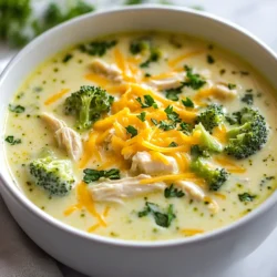To make Cheesy Chicken Broccoli Soup, gather these fresh ingredients: - 2 cups cooked chicken, shredded - 4 cups broccoli florets (fresh or frozen) - 1 medium onion, diced - 3 cloves garlic, minced - 4 cups chicken broth - 1 cup heavy cream - 2 cups shredded cheddar cheese - 1/2 teaspoon paprika - Salt and pepper to taste - 2 tablespoons olive oil - 1 tablespoon fresh parsley, chopped (for garnish) You can swap some ingredients if needed: - Use rotisserie chicken for a quick option. - Frozen broccoli works well if you lack fresh. - Swap heavy cream for half-and-half for a lighter touch. - Use vegetable broth instead of chicken broth for a vegetarian option. - Try different cheese like Monterey Jack for a unique taste. When picking ingredients, focus on quality: - Choose firm broccoli florets with a bright green color. - Select onions that feel heavy and have no soft spots. - Look for garlic bulbs that are plump and dry, not sprouted. - Pick chicken that smells fresh and has a pink hue. - Always check the expiration date on broth or cream before using. These tips will help you create a tasty and healthy Cheesy Chicken Broccoli Soup! {{ingredient_image_1}} Start by gathering all your ingredients. You will need: - 2 cups cooked chicken, shredded - 4 cups broccoli florets (fresh or frozen) - 1 medium onion, diced - 3 cloves garlic, minced - 4 cups chicken broth - 1 cup heavy cream - 2 cups shredded cheddar cheese - 1/2 teaspoon paprika - Salt and pepper to taste - 2 tablespoons olive oil - 1 tablespoon fresh parsley, chopped (for garnish) Next, dice the onion and mince the garlic. If you use fresh broccoli, cut it into small florets. This helps the broccoli cook faster. In a large pot, heat the olive oil over medium heat. Add the diced onion and sautΓ© until it turns soft and clear, about 5 minutes. This step builds the flavor base of your soup. Then, stir in the minced garlic and sautΓ© for another 1-2 minutes until it smells great. Next, add the broccoli florets to the pot. Pour in the chicken broth, and bring it to a boil. After that, lower the heat and let it simmer for about 10 minutes. The broccoli should be tender but still bright green. To make the soup creamy, you will blend part of it. Use an immersion blender to blend about half of the soup. This creates a smooth texture while keeping some broccoli pieces intact. If you don't have an immersion blender, carefully pour half of the soup into a regular blender. Blend until smooth, then return it to the pot. After blending, stir in the shredded chicken and heavy cream. Mix well, then add the paprika, and season with salt and pepper to taste. Finally, gradually add the shredded cheddar cheese, stirring constantly. Keep mixing until the cheese melts and blends into the soup. Once everything is heated through, your Cheesy Chicken Broccoli Soup is ready to serve! To boost the flavor of your Cheesy Chicken Broccoli Soup, try using fresh herbs. Fresh thyme or basil adds a nice touch. You can also add a squeeze of lemon juice. This brightens the soup and makes it taste fresh. For a bit of spice, include red pepper flakes. Just a pinch can really elevate the dish. If you find your soup too thick, add more chicken broth. Gradually pour it in while stirring until you reach your desired consistency. For a creamier texture, increase the amount of heavy cream. If you want a lighter version, swap some cream with milk. Be careful not to add too much liquid at once. This way, you maintain control over the thickness. This soup pairs well with crusty bread. A nice baguette or sourdough complements the creamy soup perfectly. You can also serve it with a simple side salad. A fresh green salad adds a nice crunch and balances the meal. For a heartier option, consider grilled cheese sandwiches. The gooey cheese and crispy bread work well with the soupβs flavors. Pro Tips Use Fresh Ingredients: Whenever possible, opt for fresh broccoli and chicken to enhance the flavor and nutritional value of your dish. Customize the Cheese: Experiment with different types of cheese such as gouda or mozzarella for a unique twist on the classic cheddar flavor. Thicken the Soup: For a thicker consistency, add a tablespoon of cornstarch mixed with water before blending the soup. Make It Ahead: This soup can be made in advance and stored in the refrigerator for up to three days; just reheat and stir in fresh cheese before serving. {{image_2}} You can make this soup even better by adding more veggies. Carrots, peas, or corn mix well with the broccoli. Just chop them small and add them with the broccoli. They will cook in the broth. You can also try spinach or kale for a leafy boost. These greens add color and nutrients. You get a heartier soup that tastes great! If you want to change the cheese, try different kinds. Monterey Jack or Gouda can make it nice and creamy. You can also use a mix of cheeses for fun flavors. If you're looking for dairy-free, try vegan cheese. Just make sure it melts well. This way, you can enjoy the soup in your own style! To make a lighter version of this soup, swap heavy cream for milk or a low-fat cream. This keeps it creamy without all the fat. Use less cheese, or try a reduced-fat cheese. You can also add more broth to thin it out. This way, you still have a tasty soup without too many calories. Enjoy your Cheesy Chicken Broccoli Soup with these fun tweaks! After you make Cheesy Chicken Broccoli Soup, let it cool first. Pour any leftover soup into an airtight container. Store it in the fridge for up to three days. Be sure to label the container with the date. To freeze the soup, cool it completely. Then, use freezer-safe containers or bags. Leave some space at the top for the soup to expand. This soup can last up to three months in the freezer. When you are ready to eat it, just thaw it in the fridge overnight. When reheating, do it slowly to keep the soup creamy. Use the stove or a microwave. If using the stove, heat it on low and stir often. If it seems too thick, add a splash of chicken broth or cream. This helps keep the texture just right. To make this soup gluten-free, use gluten-free chicken broth. Many brands offer gluten-free options. You can also ensure your shredded cheese is gluten-free. Most cheeses are safe, but always check the label. Absolutely! Rotisserie chicken works great in this recipe. It saves time and adds flavor. Just shred the chicken and mix it into the soup. It will blend well with the creamy broth. This soup stays fresh in the fridge for about 3 to 4 days. Make sure to store it in an airtight container. If you want to keep it longer, consider freezing it. In this blog post, we explored the essential ingredients and techniques for making a delicious soup. You learned to select fresh ingredients, follow clear preparation steps, and enhance flavor effectively. We also discussed variations, good storage methods, and answered common questions about gluten-free options and reheating. Remember, cooking is all about experimenting. Donβt hesitate to make this recipe your own! Enjoy the process and share your tasty creations.
