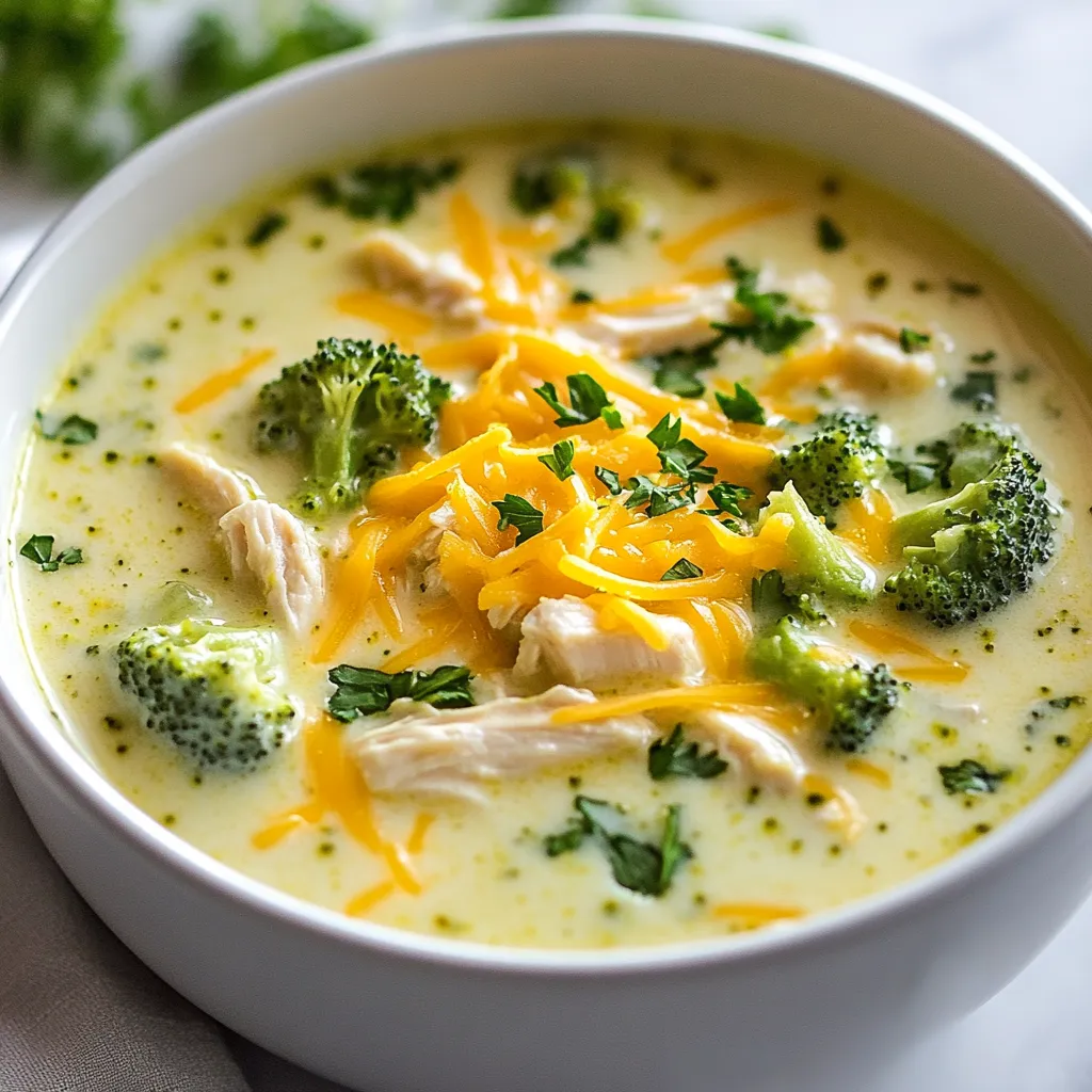To make Cheesy Chicken Broccoli Soup, gather these fresh ingredients: - 2 cups cooked chicken, shredded - 4 cups broccoli florets (fresh or frozen) - 1 medium onion, diced - 3 cloves garlic, minced - 4 cups chicken broth - 1 cup heavy cream - 2 cups shredded cheddar cheese - 1/2 teaspoon paprika - Salt and pepper to taste - 2 tablespoons olive oil - 1 tablespoon fresh parsley, chopped (for garnish) You can swap some ingredients if needed: - Use rotisserie chicken for a quick option. - Frozen broccoli works well if you lack fresh. - Swap heavy cream for half-and-half for a lighter touch. - Use vegetable broth instead of chicken broth for a vegetarian option. - Try different cheese like Monterey Jack for a unique taste. When picking ingredients, focus on quality: - Choose firm broccoli florets with a bright green color. - Select onions that feel heavy and have no soft spots. - Look for garlic bulbs that are plump and dry, not sprouted. - Pick chicken that smells fresh and has a pink hue. - Always check the expiration date on broth or cream before using. These tips will help you create a tasty and healthy Cheesy Chicken Broccoli Soup! {{ingredient_image_1}} Start by gathering all your ingredients. You will need: - 2 cups cooked chicken, shredded - 4 cups broccoli florets (fresh or frozen) - 1 medium onion, diced - 3 cloves garlic, minced - 4 cups chicken broth - 1 cup heavy cream - 2 cups shredded cheddar cheese - 1/2 teaspoon paprika - Salt and pepper to taste - 2 tablespoons olive oil - 1 tablespoon fresh parsley, chopped (for garnish) Next, dice the onion and mince the garlic. If you use fresh broccoli, cut it into small florets. This helps the broccoli cook faster. In a large pot, heat the olive oil over medium heat. Add the diced onion and sauté until it turns soft and clear, about 5 minutes. This step builds the flavor base of your soup. Then, stir in the minced garlic and sauté for another 1-2 minutes until it smells great. Next, add the broccoli florets to the pot. Pour in the chicken broth, and bring it to a boil. After that, lower the heat and let it simmer for about 10 minutes. The broccoli should be tender but still bright green. To make the soup creamy, you will blend part of it. Use an immersion blender to blend about half of the soup. This creates a smooth texture while keeping some broccoli pieces intact. If you don't have an immersion blender, carefully pour half of the soup into a regular blender. Blend until smooth, then return it to the pot. After blending, stir in the shredded chicken and heavy cream. Mix well, then add the paprika, and season with salt and pepper to taste. Finally, gradually add the shredded cheddar cheese, stirring constantly. Keep mixing until the cheese melts and blends into the soup. Once everything is heated through, your Cheesy Chicken Broccoli Soup is ready to serve! To boost the flavor of your Cheesy Chicken Broccoli Soup, try using fresh herbs. Fresh thyme or basil adds a nice touch. You can also add a squeeze of lemon juice. This brightens the soup and makes it taste fresh. For a bit of spice, include red pepper flakes. Just a pinch can really elevate the dish. If you find your soup too thick, add more chicken broth. Gradually pour it in while stirring until you reach your desired consistency. For a creamier texture, increase the amount of heavy cream. If you want a lighter version, swap some cream with milk. Be careful not to add too much liquid at once. This way, you maintain control over the thickness. This soup pairs well with crusty bread. A nice baguette or sourdough complements the creamy soup perfectly. You can also serve it with a simple side salad. A fresh green salad adds a nice crunch and balances the meal. For a heartier option, consider grilled cheese sandwiches. The gooey cheese and crispy bread work well with the soup’s flavors. Pro Tips Use Fresh Ingredients: Whenever possible, opt for fresh broccoli and chicken to enhance the flavor and nutritional value of your dish. Customize the Cheese: Experiment with different types of cheese such as gouda or mozzarella for a unique twist on the classic cheddar flavor. Thicken the Soup: For a thicker consistency, add a tablespoon of cornstarch mixed with water before blending the soup. Make It Ahead: This soup can be made in advance and stored in the refrigerator for up to three days; just reheat and stir in fresh cheese before serving. {{image_2}} You can make this soup even better by adding more veggies. Carrots, peas, or corn mix well with the broccoli. Just chop them small and add them with the broccoli. They will cook in the broth. You can also try spinach or kale for a leafy boost. These greens add color and nutrients. You get a heartier soup that tastes great! If you want to change the cheese, try different kinds. Monterey Jack or Gouda can make it nice and creamy. You can also use a mix of cheeses for fun flavors. If you're looking for dairy-free, try vegan cheese. Just make sure it melts well. This way, you can enjoy the soup in your own style! To make a lighter version of this soup, swap heavy cream for milk or a low-fat cream. This keeps it creamy without all the fat. Use less cheese, or try a reduced-fat cheese. You can also add more broth to thin it out. This way, you still have a tasty soup without too many calories. Enjoy your Cheesy Chicken Broccoli Soup with these fun tweaks! After you make Cheesy Chicken Broccoli Soup, let it cool first. Pour any leftover soup into an airtight container. Store it in the fridge for up to three days. Be sure to label the container with the date. To freeze the soup, cool it completely. Then, use freezer-safe containers or bags. Leave some space at the top for the soup to expand. This soup can last up to three months in the freezer. When you are ready to eat it, just thaw it in the fridge overnight. When reheating, do it slowly to keep the soup creamy. Use the stove or a microwave. If using the stove, heat it on low and stir often. If it seems too thick, add a splash of chicken broth or cream. This helps keep the texture just right. To make this soup gluten-free, use gluten-free chicken broth. Many brands offer gluten-free options. You can also ensure your shredded cheese is gluten-free. Most cheeses are safe, but always check the label. Absolutely! Rotisserie chicken works great in this recipe. It saves time and adds flavor. Just shred the chicken and mix it into the soup. It will blend well with the creamy broth. This soup stays fresh in the fridge for about 3 to 4 days. Make sure to store it in an airtight container. If you want to keep it longer, consider freezing it. In this blog post, we explored the essential ingredients and techniques for making a delicious soup. You learned to select fresh ingredients, follow clear preparation steps, and enhance flavor effectively. We also discussed variations, good storage methods, and answered common questions about gluten-free options and reheating. Remember, cooking is all about experimenting. Don’t hesitate to make this recipe your own! Enjoy the process and share your tasty creations.