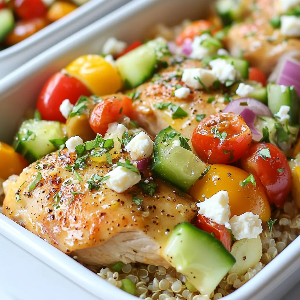 To make tasty Greek chicken meal prep bowls, gather these main ingredients: - 2 cups cooked brown rice or quinoa - 1 lb boneless, skinless chicken thighs - 1 cup cherry tomatoes, halved - 1 cucumber, diced - 1 bell pepper (red or yellow), diced - 1/2 red onion, thinly sliced - 1 cup Kalamata olives, pitted and halved - 1 cup feta cheese, crumbled - 1/4 cup fresh parsley, chopped These ingredients form a delicious base for your meal prep bowls. For a flavorful marinade, you will need: - 2 tablespoons olive oil - 1 teaspoon garlic powder - 1 teaspoon onion powder - 1 teaspoon dried oregano - 1/2 teaspoon smoked paprika - Salt and pepper to taste The marinade brings out the best taste in the chicken. You can customize your bowls with these tasty toppings: - Sliced avocado - Hummus - Roasted chickpeas - Extra lemon juice - Fresh herbs like dill or mint These toppings add flavor and nutrition to your meal prep bowls. {{ingredient_image_1}} First, gather your ingredients for the marinade. You will need olive oil, garlic powder, onion powder, oregano, smoked paprika, salt, and pepper. In a large bowl, mix these items together. This blend gives your chicken great flavor. Next, add the chicken thighs to the bowl. Make sure each piece is coated well with the marinade. It’s best to let the chicken sit for at least 30 minutes. If you have more time, let it marinate overnight in the fridge for even better taste. When you're ready to cook, heat a grill or skillet over medium-high heat. Place the marinated chicken on the hot grill or skillet. Cook each side for about 6 to 7 minutes. You want the chicken to be golden brown and cooked through. When done, remove it from the heat and let it rest for 5 minutes. This helps keep the chicken juicy. After resting, slice the chicken into strips. While the chicken rests, it’s time to prepare the veggies. Take a bowl and mix together cherry tomatoes, cucumber, bell pepper, red onion, and Kalamata olives. These veggies add color and crunch to your meal prep bowl. In a small bowl, whisk together lemon juice, salt, and pepper for the dressing. Pour this dressing over the mixed vegetables and toss them until everything is well coated. This keeps the veggies fresh and tasty. Now it’s time to put everything together. Start with a base of cooked brown rice or quinoa in your meal prep containers. Then, add some sliced chicken on top of the grains. Next, spoon the mixed veggie salad over the chicken. Finally, sprinkle crumbled feta cheese on top. This adds a creamy finish that ties all the flavors together. Your Greek Chicken Meal Prep Bowls are now ready to enjoy! To get the most flavor from your chicken, marinate it well. First, mix olive oil, garlic powder, onion powder, oregano, smoked paprika, salt, and pepper in a bowl. This mix gives the chicken a tasty kick. Add the chicken thighs to the bowl and coat them fully. Let them sit for at least 30 minutes. For even better flavor, marinate overnight. This allows the flavors to soak in deeply. Cooking chicken thighs can be easy. Start by preheating your grill or skillet to medium-high heat. This helps to sear the outside and keep the inside juicy. Cook the chicken for about 6-7 minutes on each side. When it turns golden brown and reaches 165°F, it’s done. Let the chicken rest for 5 minutes before slicing. This step keeps the juices inside and makes each bite tender. Storing your meal prep bowls is key to keeping them fresh. Use airtight containers to seal in the flavors. You can keep them in the fridge for up to 4 days. When you’re ready to eat, you can reheat the chicken and rice in the microwave. If you like it cold, you can enjoy it straight from the fridge. This meal is great both ways! Pro Tips Marinate for Flavor: Allowing the chicken to marinate for at least 30 minutes enhances its flavor significantly. For even better results, marinate overnight in the refrigerator. Cook Evenly: Ensure that the chicken thighs are of even thickness for uniform cooking. You can pound them gently to achieve this if needed. Use Fresh Ingredients: Fresh vegetables and herbs will elevate the taste of your meal prep bowls. Choose vibrant, in-season produce for the best flavor. Storage Tips: Use airtight containers to keep your meal prep fresh for up to four days. For longer storage, consider freezing portions after cooking. {{image_2}} You can easily swap chicken for other proteins. Try turkey for a leaner option. Pork can add a nice twist, too. If you prefer seafood, shrimp works great. Simply adjust the cooking times to suit the protein you choose. Each option brings its own flavor, keeping your meal prep exciting. Choosing between quinoa and brown rice is easy. Quinoa cooks faster and has more protein. It also has a nice, nutty taste. Brown rice has a chewy texture and keeps you full longer. Both grains work well as a base for your meal prep bowls. You can even mix them for a fun twist. Feel free to add more veggies to your bowls. Zucchini, spinach, or roasted red peppers add color and flavor. You can also use carrots or snap peas for crunch. The more veggies you add, the healthier your meal becomes. Plus, this lets you use what you have on hand. Enjoy customizing your Greek Chicken Meal Prep Bowls! To keep your Greek Chicken Meal Prep Bowls fresh, use airtight containers. This helps prevent moisture loss. Store them in the fridge at 40°F or lower. Keep the chicken and veggies separate until ready to eat. This keeps the veggies crisp and tasty. You can store these meal prep bowls for up to four days in the fridge. After that, the chicken may not taste as good. If you want to keep them longer, consider freezing them. When freezing, use freezer-safe containers. Leave some space at the top since food expands when frozen. Label each container with the date. This way, you can track how long they’ve been stored. Thaw them overnight in the fridge before reheating. This keeps the chicken tender and juicy. Yes, you can. Chicken breasts work well in this recipe. They are leaner than thighs. Just keep an eye on cooking time. Breasts cook faster and can dry out. Marinate them just like thighs for great flavor. Absolutely! Use quinoa or brown rice, which are both gluten-free. The other ingredients, like veggies and feta, are also gluten-free. Just check all labels if you buy packaged items. To make it vegetarian, swap chicken with chickpeas or tofu. Both add protein and texture. Marinate them as you would the chicken. You can also add more veggies like zucchini or spinach for extra flavor. For best results, use a microwave. Heat the bowl for 1-2 minutes. Stir halfway through for even warming. You can also reheat on the stove over low heat. Add a splash of water to keep it moist. Enjoy your meal warm or cold! In this article, I covered everything you need for Greek chicken meal prep bowls. We discussed main ingredients, marinades, and tasty toppings. I also explained how to prepare and cook the chicken, mix veggies, and assemble your bowls. Plus, I shared tips for juicy chicken and smart storage. Remember, meal prep can save you time and make healthy eating easy. Enjoy experimenting with different proteins and grains. Make these bowls your own with your favorite veggies. You'll find meal prep fun and rewarding!