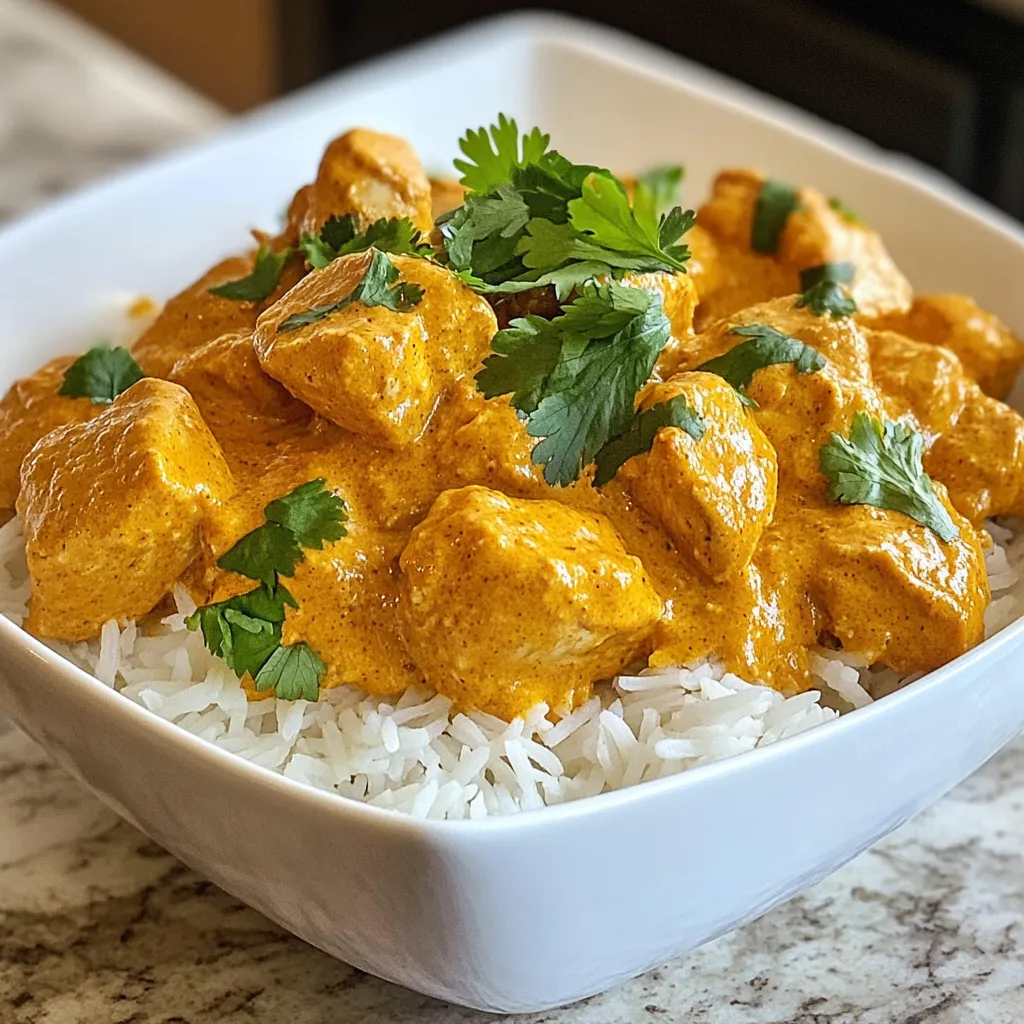 To make Indian butter chicken, gather these ingredients: - 1.5 lbs chicken breast, cubed - 1 cup plain yogurt - 2 tablespoons ginger-garlic paste - 1 tablespoon garam masala - 1 teaspoon turmeric powder - 1 teaspoon red chili powder (adjust to taste) - 1 tablespoon lemon juice - Salt to taste - 3 tablespoons butter - 1 large onion, finely chopped - 2 medium tomatoes, pureed - 1 cup heavy cream - 1 teaspoon sugar (optional) - Fresh cilantro, chopped (for garnish) - Cooked basmati rice or naan (for serving) Each ingredient plays a key role. The chicken provides protein, while yogurt adds tanginess. Spices like garam masala bring warmth and depth. Butter makes the sauce rich and creamy, while cream smooths out the flavors. Finally, cilantro adds a fresh touch. Use this list to prepare a delightful meal that is full of flavor! {{ingredient_image_1}} Marinating the Chicken To start, grab a large bowl. Add 1.5 lbs of cubed chicken breast. Then, mix in 1 cup of plain yogurt, 2 tablespoons of ginger-garlic paste, 1 tablespoon of garam masala, 1 teaspoon of turmeric powder, and 1 teaspoon of red chili powder. Squeeze in 1 tablespoon of lemon juice and sprinkle salt to taste. Stir well until the chicken is coated. Cover the bowl and let it sit for at least 1 hour. For the best flavor, marinate overnight in the fridge. Cooking the Chicken Heat 1 tablespoon of butter in a large skillet over medium heat. Once hot, add the marinated chicken. Cook it for about 8 to 10 minutes. Look for a nice golden color and make sure it’s cooked through. Remove the chicken from the skillet and set it aside for later. Sautéing Onions In the same skillet, add the remaining 2 tablespoons of butter. Once it melts, toss in 1 large finely chopped onion. Sauté the onion until it becomes soft and golden brown. This usually takes around 5 to 7 minutes. Combining Tomato Puree Next, add 2 medium tomatoes that have been pureed. Stir this mixture and let it cook for 5 to 7 minutes. Keep an eye on it until the oil starts to separate from the sauce. This means you’re on the right track! Mixing in Chicken and Cream Now, return the cooked chicken to the skillet. Pour in 1 cup of heavy cream and stir everything together. This will create a rich sauce that envelops the chicken. Simmering the Dish Allow the dish to simmer on low heat for about 10 minutes. This step is key for melding all the flavors together. Taste the sauce and adjust the seasoning as needed. If the sauce is too acidic, you can add 1 teaspoon of sugar. It balances the flavors nicely. Enjoy the process, and you will create a dish that’s full of flavor! - Ensuring Bold Flavors: Marination is crucial for great butter chicken. Start with yogurt, ginger-garlic paste, and spices. These ingredients infuse the chicken with deep, rich flavors. Make sure to coat every piece of chicken well. This step sets the stage for a delicious dish. - Overnight Marination Benefits: I always recommend marinating overnight. This allows the flavors to soak in deeper. It also makes the chicken more tender. If you’re short on time, an hour will still work well. But for the best taste, let it sit in the fridge overnight. - Optimal Cooking Temperatures: Cook the chicken on medium heat. This prevents it from burning while ensuring it cooks through. Use a skillet to get a nice browning effect. It adds great color and texture to your dish. - Avoiding Dry Chicken: To keep the chicken juicy, don’t overcook it. Aim for about 8-10 minutes until it is just cooked. Also, remember to add the chicken back to the sauce. This helps retain moisture, making every bite tender and flavorful. - Best Accompaniments: Butter chicken pairs well with basmati rice or naan. The rice absorbs the rich sauce, while naan is perfect for scooping. Both options are great for a complete meal. - Presentation Ideas: Serve the butter chicken in a warm bowl. Garnish with fresh cilantro for a pop of color. Place a side of rice or naan on a vibrant plate. This makes your meal look even more inviting and delicious. Pro Tips Marination Time: For the best flavor, marinate the chicken overnight. This allows the spices to penetrate deeply, resulting in a more flavorful dish. Butter Quality: Use high-quality unsalted butter for a richer flavor profile. It enhances the creaminess of the sauce without adding extra salt. Spice Adjustment: Feel free to adjust the red chili powder based on your heat preference. Start with less and add more until you reach your desired spice level. Garnish Wisely: Fresh cilantro not only adds a pop of color but also brightens up the dish. Add it just before serving for maximum freshness. {{image_2}} Authentic Indian styles of butter chicken often use a tandoor. This oven cooks the chicken quickly and gives it a smoky flavor. In India, chefs may add cashew paste for creaminess and nuts for texture. You can also find regional spices like fenugreek leaves to enhance the taste. In the U.S., butter chicken takes on a different twist. Many recipes simplify the cooking process. Some cooks use canned tomato sauce to save time. You might also find it served with a side of tacos or even in a burrito. This makes it more accessible to everyone. If you want to swap out chicken, try using tofu or paneer. These alternatives soak up flavors well and work great in the sauce. Tofu is a good choice for a plant-based meal. Paneer adds a rich, creamy texture to the dish. For those who need dairy-free options, use coconut cream instead of heavy cream. It gives a nice, rich taste while keeping the dish plant-based. You can also use non-dairy yogurt for marination. You can adjust spice levels to fit your taste. If you like it mild, cut back on the red chili powder. For extra heat, add more chili powder or fresh green chilies. Don't be afraid to experiment until you find your perfect balance. Adding vegetables can also make this dish more nutritious. Try including bell peppers, peas, or spinach. These veggies add color and flavor to your butter chicken. You can toss them in during the last few minutes of cooking for a fresh touch. To keep your butter chicken fresh, follow these tips: - Refrigeration Guidelines: Place leftovers in an airtight container. Store in the fridge. It stays good for 3 to 4 days. Always let it cool before sealing. This helps prevent moisture buildup. - Freezing Instructions: You can freeze butter chicken too! Use a freezer-safe container. It lasts for up to 3 months. Thaw it in the fridge overnight before reheating. This helps retain flavors and texture. When it comes to reheating, these methods work best: - Best Methods for Reheating: Use a stovetop or microwave. For stovetop, heat gently in a pan. Stir often to avoid sticking. If using a microwave, cover the dish. Heat in short bursts, stirring in between. - Maintaining Flavor and Texture: Add a splash of cream or water when reheating. This keeps the dish moist. Taste and adjust the seasoning as needed. Enjoy your butter chicken just like the first time! Butter chicken comes from India. It started in the 1950s in Delhi. Chefs at the Moti Mahal restaurant created it. They mixed leftover chicken with tomatoes, butter, and spices. This dish quickly gained fame. Today, it represents Indian cuisine worldwide. Butter chicken has deep cultural roots. It reflects India's rich cooking traditions. The dish shows how food can bring people together. It is a favorite at family dinners and celebrations. Yes, you can make butter chicken ahead of time. This dish is great for meal prep. Cook the chicken and sauce together, then cool it down. Store it in the fridge for up to three days. Making butter chicken in advance improves the flavor. The spices blend and create a rich taste. Reheating the dish makes it just as good. Great side dishes for butter chicken include basmati rice and naan. Basmati rice soaks up the sauce well. Naan is perfect for dipping. Both add texture and balance to the meal. You can also serve butter chicken with cucumber salad. This adds a fresh crunch and brightens the plate. Pairing it with a mango chutney adds sweetness. These sides enhance the overall dining experience. This post has covered how to create a delicious Butter Chicken. We discussed the necessary ingredients, from chicken and marinade to sauce and garnish. I also shared step-by-step cooking instructions and tips for great flavor. Remember, marinating overnight boosts taste, while the right cooking temps help keep the chicken tender. Try the suggested variations or serve it with your favorite sides. Enjoy your cooking, and make this dish your own!