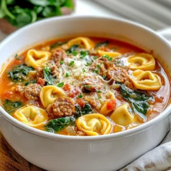 - 8 oz cheese tortellini - 1 lb Italian sausage (mild or spicy) - 1 medium onion, diced - 3 cloves garlic, minced - 4 cups chicken or vegetable broth - 2 cups fresh spinach - 1 can (14.5 oz) diced tomatoes with herbs - 2 tsp Italian seasoning - 1 tbsp olive oil - Salt and pepper to taste - Grated Parmesan cheese for serving Gather these ingredients before you start cooking. The cheese tortellini makes this soup creamy and filling. The Italian sausage brings rich flavor and a bit of spice. A diced onion adds sweetness. Garlic gives it an aromatic kick. For the broth, you can use chicken or vegetable, depending on your taste. Fresh spinach not only adds color but also boosts nutrition. The diced tomatoes with herbs provide a nice base for the soup. Italian seasoning ties all the flavors together. Olive oil helps sauté the onion and garlic, adding depth to the dish. Finally, a sprinkle of grated Parmesan cheese on top elevates the soup to another level. By gathering these ingredients, you set the stage for a rich and hearty soup that warms the soul. {{ingredient_image_1}} - Heat 1 tablespoon of olive oil in a large pot over medium heat. - Add 1 diced onion and sauté it for about 3-4 minutes until it turns soft. - Next, add 3 minced garlic cloves. Sauté for another minute until the garlic smells good. - Take 1 pound of Italian sausage out of its casing. Crumble it into the pot. - Cook the sausage for 5-7 minutes, stirring often, until it is brown and cooked through. - Pour in 4 cups of chicken or vegetable broth into the pot. - Open a can of diced tomatoes (14.5 oz) and add it with its juices. - Stir in 2 teaspoons of Italian seasoning, and season with salt and pepper to taste. - Bring the soup to a gentle boil, then lower the heat to simmer. - Let the soup cook for about 10 minutes. This helps all the flavors mix well. - Add 8 oz of cheese tortellini to the pot. Cook it according to the package instructions, usually about 3-5 minutes. - In the last two minutes, add 2 cups of fresh spinach. Stir it in until it wilts. - Taste the soup and adjust seasoning if needed. Serve it hot, topped with grated Parmesan cheese. - Choose quality Italian sausage: The sausage is key. A good quality sausage adds depth and zest to the soup. Opt for mild or spicy, depending on your taste. - Option to add fresh herbs: Fresh herbs like basil or oregano can brighten the soup. Add them towards the end for the best flavor. - Importance of simmering: Simmering melds the flavors. It allows the ingredients to blend and taste their best. A gentle simmer for 10 minutes works wonders. - Adjusting cooking time for tortellini: Follow the package instructions for your tortellini. Usually, it takes 3-5 minutes to cook. Don't overcook; they should be tender but firm. - Garnishing with Parmesan cheese: A sprinkle of grated Parmesan on top adds richness. It also looks nice and makes the dish feel special. - Serving suggestions with bread: Pair the soup with crusty bread. A good loaf complements the soup and makes the meal hearty. Pro Tips Choose Your Sausage Wisely: Select a high-quality Italian sausage for the best flavor. If you prefer a spicier kick, opt for hot sausage, while mild sausage will keep the soup more subtle. Fresh Spinach Substitute: If fresh spinach is unavailable, you can use frozen spinach. Just make sure to thaw and drain it well before adding it to the soup. Adjusting Thickness: If you prefer a thicker soup, you can add a tablespoon of cornstarch mixed with water to the broth while simmering, giving it a heartier texture. Serving Suggestions: Serve the soup with crusty bread or a side salad for a complete meal. A drizzle of olive oil on top can elevate the flavors even more. {{image_2}} You can easily change the protein in this soup. If you want a lighter option, use chicken or turkey instead of Italian sausage. Both will add great flavor. For a vegan version, try using plant-based sausage. It mimics the taste well and keeps the dish hearty. If you want to make this soup vegetarian, use vegetable broth. It works just as well as chicken broth. You can also add more vegetables for color and nutrition. Carrots or bell peppers make excellent additions. Just chop them up and toss them in with the other ingredients. Want a bit of heat? Add red pepper flakes for a spicy kick. It can really change the soup’s profile. If you prefer a creamy version, stir in some heavy cream towards the end. This will give your soup a rich and velvety texture that’s hard to resist. To keep your Sausage Spinach Tortellini Soup fresh, store leftovers in the fridge. First, let the soup cool down to room temperature. This helps prevent bacteria growth. Then, transfer it to an airtight container. Glass or plastic containers with tight lids work best. They prevent spills and keep your soup tasty. When you want to enjoy your soup again, reheat it on the stove or in the microwave. For the stove, pour the soup into a pot. Heat it over medium heat until it's hot, stirring often. If using a microwave, place the soup in a microwave-safe bowl. Heat in short bursts, stirring in between until hot. If you want to freeze the soup, do so before adding the tortellini. Allow it to cool, then pour it into freezer-safe bags or containers. To thaw, place it in the fridge overnight. You can also use the microwave for quick thawing. Your soup lasts about 3 to 4 days in the fridge. Keep an eye on it. If you see any signs of spoilage, such as off-smells or odd colors, it’s best to toss it. Always trust your senses. If it looks or smells bad, don’t eat it. Yes, you can use frozen tortellini. Just cook it a bit longer. When you add it to the soup, let it simmer for 5-7 minutes instead of 3-5 minutes. This way, it will be hot and tender. To make this soup gluten-free, choose gluten-free tortellini. You can find it in most grocery stores. Also, check that your broth is gluten-free. Some brands have gluten, so read the label carefully. This soup pairs well with crusty bread or a fresh salad. Garlic bread adds a nice touch too. You can also serve it with a sprinkle of Parmesan cheese on top for extra flavor. This blog post shared a simple recipe for Sausage Spinach Tortellini Soup. We covered main ingredients like tortellini, sausage, and spinach. You learned step-by-step instructions, plus tips to enhance flavor and presentation. I discussed variations and storage information to keep your soup fresh. In closing, this meal is easy, tasty, and flexible. Enjoy making it your own!