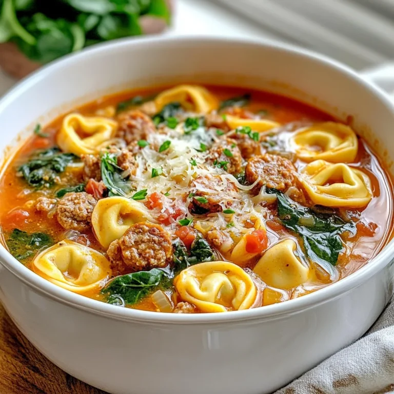 - 8 oz cheese tortellini - 1 lb Italian sausage (mild or spicy) - 1 medium onion, diced - 3 cloves garlic, minced - 4 cups chicken or vegetable broth - 2 cups fresh spinach - 1 can (14.5 oz) diced tomatoes with herbs - 2 tsp Italian seasoning - 1 tbsp olive oil - Salt and pepper to taste - Grated Parmesan cheese for serving Gather these ingredients before you start cooking. The cheese tortellini makes this soup creamy and filling. The Italian sausage brings rich flavor and a bit of spice. A diced onion adds sweetness. Garlic gives it an aromatic kick. For the broth, you can use chicken or vegetable, depending on your taste. Fresh spinach not only adds color but also boosts nutrition. The diced tomatoes with herbs provide a nice base for the soup. Italian seasoning ties all the flavors together. Olive oil helps sauté the onion and garlic, adding depth to the dish. Finally, a sprinkle of grated Parmesan cheese on top elevates the soup to another level. By gathering these ingredients, you set the stage for a rich and hearty soup that warms the soul. {{ingredient_image_1}} - Heat 1 tablespoon of olive oil in a large pot over medium heat. - Add 1 diced onion and sauté it for about 3-4 minutes until it turns soft. - Next, add 3 minced garlic cloves. Sauté for another minute until the garlic smells good. - Take 1 pound of Italian sausage out of its casing. Crumble it into the pot. - Cook the sausage for 5-7 minutes, stirring often, until it is brown and cooked through. - Pour in 4 cups of chicken or vegetable broth into the pot. - Open a can of diced tomatoes (14.5 oz) and add it with its juices. - Stir in 2 teaspoons of Italian seasoning, and season with salt and pepper to taste. - Bring the soup to a gentle boil, then lower the heat to simmer. - Let the soup cook for about 10 minutes. This helps all the flavors mix well. - Add 8 oz of cheese tortellini to the pot. Cook it according to the package instructions, usually about 3-5 minutes. - In the last two minutes, add 2 cups of fresh spinach. Stir it in until it wilts. - Taste the soup and adjust seasoning if needed. Serve it hot, topped with grated Parmesan cheese. - Choose quality Italian sausage: The sausage is key. A good quality sausage adds depth and zest to the soup. Opt for mild or spicy, depending on your taste. - Option to add fresh herbs: Fresh herbs like basil or oregano can brighten the soup. Add them towards the end for the best flavor. - Importance of simmering: Simmering melds the flavors. It allows the ingredients to blend and taste their best. A gentle simmer for 10 minutes works wonders. - Adjusting cooking time for tortellini: Follow the package instructions for your tortellini. Usually, it takes 3-5 minutes to cook. Don't overcook; they should be tender but firm. - Garnishing with Parmesan cheese: A sprinkle of grated Parmesan on top adds richness. It also looks nice and makes the dish feel special. - Serving suggestions with bread: Pair the soup with crusty bread. A good loaf complements the soup and makes the meal hearty. Pro Tips Choose Your Sausage Wisely: Select a high-quality Italian sausage for the best flavor. If you prefer a spicier kick, opt for hot sausage, while mild sausage will keep the soup more subtle. Fresh Spinach Substitute: If fresh spinach is unavailable, you can use frozen spinach. Just make sure to thaw and drain it well before adding it to the soup. Adjusting Thickness: If you prefer a thicker soup, you can add a tablespoon of cornstarch mixed with water to the broth while simmering, giving it a heartier texture. Serving Suggestions: Serve the soup with crusty bread or a side salad for a complete meal. A drizzle of olive oil on top can elevate the flavors even more. {{image_2}} You can easily change the protein in this soup. If you want a lighter option, use chicken or turkey instead of Italian sausage. Both will add great flavor. For a vegan version, try using plant-based sausage. It mimics the taste well and keeps the dish hearty. If you want to make this soup vegetarian, use vegetable broth. It works just as well as chicken broth. You can also add more vegetables for color and nutrition. Carrots or bell peppers make excellent additions. Just chop them up and toss them in with the other ingredients. Want a bit of heat? Add red pepper flakes for a spicy kick. It can really change the soup’s profile. If you prefer a creamy version, stir in some heavy cream towards the end. This will give your soup a rich and velvety texture that’s hard to resist. To keep your Sausage Spinach Tortellini Soup fresh, store leftovers in the fridge. First, let the soup cool down to room temperature. This helps prevent bacteria growth. Then, transfer it to an airtight container. Glass or plastic containers with tight lids work best. They prevent spills and keep your soup tasty. When you want to enjoy your soup again, reheat it on the stove or in the microwave. For the stove, pour the soup into a pot. Heat it over medium heat until it's hot, stirring often. If using a microwave, place the soup in a microwave-safe bowl. Heat in short bursts, stirring in between until hot. If you want to freeze the soup, do so before adding the tortellini. Allow it to cool, then pour it into freezer-safe bags or containers. To thaw, place it in the fridge overnight. You can also use the microwave for quick thawing. Your soup lasts about 3 to 4 days in the fridge. Keep an eye on it. If you see any signs of spoilage, such as off-smells or odd colors, it’s best to toss it. Always trust your senses. If it looks or smells bad, don’t eat it. Yes, you can use frozen tortellini. Just cook it a bit longer. When you add it to the soup, let it simmer for 5-7 minutes instead of 3-5 minutes. This way, it will be hot and tender. To make this soup gluten-free, choose gluten-free tortellini. You can find it in most grocery stores. Also, check that your broth is gluten-free. Some brands have gluten, so read the label carefully. This soup pairs well with crusty bread or a fresh salad. Garlic bread adds a nice touch too. You can also serve it with a sprinkle of Parmesan cheese on top for extra flavor. This blog post shared a simple recipe for Sausage Spinach Tortellini Soup. We covered main ingredients like tortellini, sausage, and spinach. You learned step-by-step instructions, plus tips to enhance flavor and presentation. I discussed variations and storage information to keep your soup fresh. In closing, this meal is easy, tasty, and flexible. Enjoy making it your own!