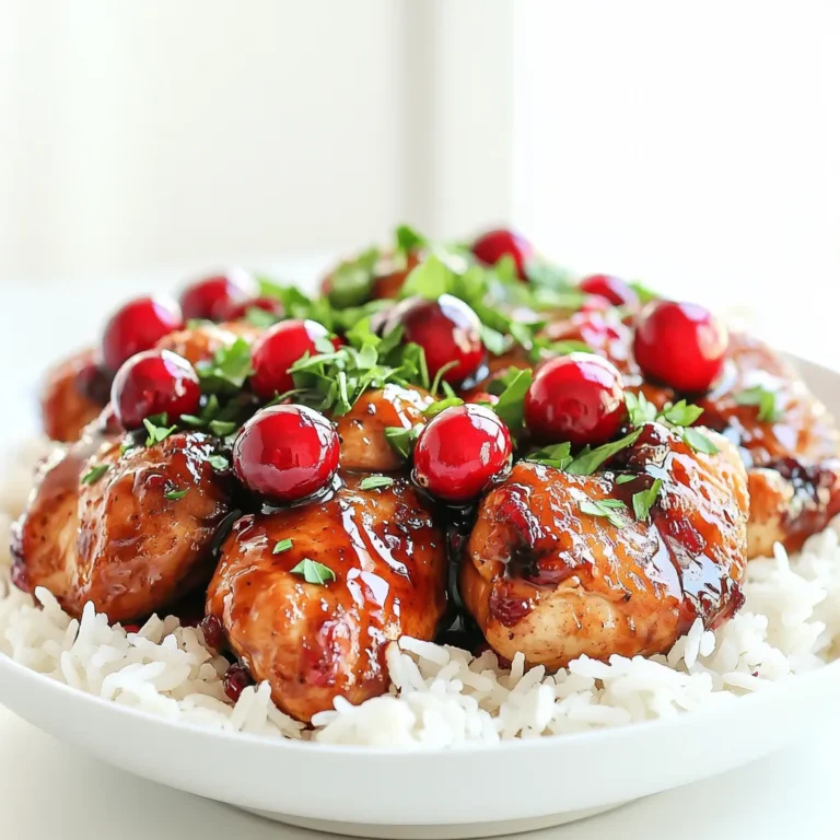 - 4 boneless, skinless chicken breasts - 1 cup fresh or frozen cranberries - 1/2 cup balsamic vinegar - 1/4 cup honey - 1 tablespoon olive oil - 2 cloves garlic, minced - 1 teaspoon rosemary, dried or fresh - Salt and pepper to taste - 1/4 cup chopped fresh parsley for garnish - Cooked rice or quinoa for serving This dish has a sweet and tangy flavor. The balsamic vinegar adds depth and richness. Cranberries bring a burst of tartness, balancing the sweetness of honey. The olive oil adds smoothness. Garlic offers warmth, while rosemary gives an herbal note. Together, these ingredients make a delicious sauce that soaks into the chicken. When cooked, the chicken becomes tender and juicy, absorbing all those wonderful flavors. You can swap chicken breasts for thighs if you prefer darker meat. If you need a vegan option, use tofu instead of chicken. Maple syrup can replace honey for a different sweetness. If you don’t have rosemary, try thyme or oregano. Fresh cranberries can be hard to find; frozen ones work perfectly too. These substitutions keep the spirit of the dish while allowing you to use what you have at home. To start, gather your ingredients. You will need balsamic vinegar, honey, olive oil, garlic, rosemary, salt, and pepper. In a small bowl, mix these items. Whisk them together until they form a smooth marinade. This step lets the flavors blend well. The sweet and tangy taste of the balsamic vinegar pairs perfectly with the honey. Next, place the chicken breasts in your slow cooker. Pour the cranberry-balsamic marinade over the chicken. Make sure each piece is well coated. Scatter the cranberries on top of the chicken. This adds a nice tartness to the dish. Cover the slow cooker. Cook on low for 4-6 hours or on high for 2-3 hours. The chicken will be tender and juicy when done. Once cooked, carefully take out the chicken. You can shred it with a fork if you like. Place the chicken on a serving platter. Pour the sauce and cranberries from the slow cooker over the top. This makes it look appetizing. Garnish with fresh parsley for a pop of color. Serve it over cooked rice or quinoa. This allows you to soak up all the delicious sauce. Enjoy your meal! For the best results, I suggest cooking the chicken on low for 4 to 6 hours. If you're in a hurry, you can cook it on high for 2 to 3 hours. Check the chicken with a fork. It should be tender and easy to shred. To keep the chicken tender, it's important not to overcook it. The slow cooker works its magic over time. The chicken will soak up the flavors and stay juicy. Make sure to use boneless, skinless chicken breasts. They cook evenly and absorb the sauce well. This dish pairs well with cooked rice or quinoa. The grains soak up the delicious sauce. You can also serve it with steamed vegetables or a fresh salad. These sides add color and balance to your meal. Enjoy experimenting with different combinations! {{image_2}} You can switch up the chicken with turkey or pork. Both meats add unique flavors. If you want a vegetarian option, try chickpeas or tofu. They soak up the sauce well. You can also use different nuts, like walnuts or pecans, for added crunch. While the slow cooker shines, you can also cook this dish on the stovetop. Just heat a pan over medium heat. Sear the chicken for a few minutes on each side. Then, add the marinade and cranberries. Cover the pan and let it simmer until the chicken is cooked through. This method takes less time and gives you a nice, crispy outside. Use seasonal fruits to change the dish's flavor. In the fall, add diced apples or pears for sweetness. In summer, peaches or cherries work great. You can even mix berries for a fresh twist. These variations keep the dish exciting all year round. After enjoying your Slow Cooker Cranberry Balsamic Chicken, store leftovers in an airtight container. Let the chicken cool before sealing it up. This helps keep the flavor fresh. Place the container in the fridge. Your chicken will stay good for up to four days. When you're ready to eat the leftovers, you can reheat them easily. You can use the microwave or the stove. If using a microwave, put the chicken on a plate and cover it with a damp paper towel. Heat in short bursts, checking often, until warm. If using the stove, place the chicken in a pan with a splash of water or sauce. Heat on low until warm, stirring gently. This keeps the chicken moist. If you want to save some for later, freezing is a great option. First, let the chicken cool completely. Then, place it in a freezer-safe bag or container. Make sure to remove as much air as possible. Label the bag with the date. The chicken can last up to three months in the freezer. To thaw, move the chicken to the fridge overnight before reheating. This method helps keep it juicy and tasty. Yes, you can use frozen chicken for this recipe. Just add a little extra cooking time. If you cook on low, aim for 6-8 hours. If you use high, cook for 3-4 hours. The chicken will still taste great with the sauce! If you don't have honey, you can use maple syrup or agave nectar. Both options add sweetness. You could also use brown sugar for a different flavor. Just make sure to adjust the amount for sweetness to your taste. This recipe is quite healthy! It uses lean chicken and fresh cranberries. Balsamic vinegar adds flavor without extra calories. You can serve it with quinoa or brown rice for more nutrients. Just watch your portion sizes for a balanced meal. In this post, we covered the key ingredients and how each adds unique flavors. You learned step-by-step how to prepare and cook your dish in a slow cooker. We shared tips to ensure your chicken stays tender and suggested tasty sides. Plus, we explored variations and ways to store leftovers. Cooking can be fun and easy with the right steps. Experiment with different flavors to make each meal special. Enjoy the process and the tasty results. Happy cooking!