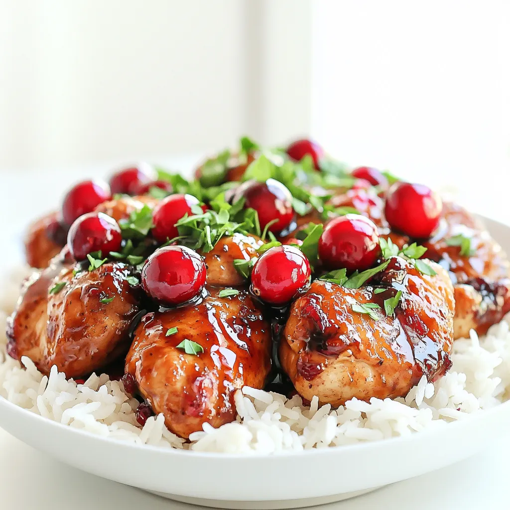 - 4 boneless, skinless chicken breasts - 1 cup fresh or frozen cranberries - 1/2 cup balsamic vinegar - 1/4 cup honey - 1 tablespoon olive oil - 2 cloves garlic, minced - 1 teaspoon rosemary, dried or fresh - Salt and pepper to taste - 1/4 cup chopped fresh parsley for garnish - Cooked rice or quinoa for serving This dish has a sweet and tangy flavor. The balsamic vinegar adds depth and richness. Cranberries bring a burst of tartness, balancing the sweetness of honey. The olive oil adds smoothness. Garlic offers warmth, while rosemary gives an herbal note. Together, these ingredients make a delicious sauce that soaks into the chicken. When cooked, the chicken becomes tender and juicy, absorbing all those wonderful flavors. You can swap chicken breasts for thighs if you prefer darker meat. If you need a vegan option, use tofu instead of chicken. Maple syrup can replace honey for a different sweetness. If you don’t have rosemary, try thyme or oregano. Fresh cranberries can be hard to find; frozen ones work perfectly too. These substitutions keep the spirit of the dish while allowing you to use what you have at home. To start, gather your ingredients. You will need balsamic vinegar, honey, olive oil, garlic, rosemary, salt, and pepper. In a small bowl, mix these items. Whisk them together until they form a smooth marinade. This step lets the flavors blend well. The sweet and tangy taste of the balsamic vinegar pairs perfectly with the honey. Next, place the chicken breasts in your slow cooker. Pour the cranberry-balsamic marinade over the chicken. Make sure each piece is well coated. Scatter the cranberries on top of the chicken. This adds a nice tartness to the dish. Cover the slow cooker. Cook on low for 4-6 hours or on high for 2-3 hours. The chicken will be tender and juicy when done. Once cooked, carefully take out the chicken. You can shred it with a fork if you like. Place the chicken on a serving platter. Pour the sauce and cranberries from the slow cooker over the top. This makes it look appetizing. Garnish with fresh parsley for a pop of color. Serve it over cooked rice or quinoa. This allows you to soak up all the delicious sauce. Enjoy your meal! For the best results, I suggest cooking the chicken on low for 4 to 6 hours. If you're in a hurry, you can cook it on high for 2 to 3 hours. Check the chicken with a fork. It should be tender and easy to shred. To keep the chicken tender, it's important not to overcook it. The slow cooker works its magic over time. The chicken will soak up the flavors and stay juicy. Make sure to use boneless, skinless chicken breasts. They cook evenly and absorb the sauce well. This dish pairs well with cooked rice or quinoa. The grains soak up the delicious sauce. You can also serve it with steamed vegetables or a fresh salad. These sides add color and balance to your meal. Enjoy experimenting with different combinations! {{image_2}} You can switch up the chicken with turkey or pork. Both meats add unique flavors. If you want a vegetarian option, try chickpeas or tofu. They soak up the sauce well. You can also use different nuts, like walnuts or pecans, for added crunch. While the slow cooker shines, you can also cook this dish on the stovetop. Just heat a pan over medium heat. Sear the chicken for a few minutes on each side. Then, add the marinade and cranberries. Cover the pan and let it simmer until the chicken is cooked through. This method takes less time and gives you a nice, crispy outside. Use seasonal fruits to change the dish's flavor. In the fall, add diced apples or pears for sweetness. In summer, peaches or cherries work great. You can even mix berries for a fresh twist. These variations keep the dish exciting all year round. After enjoying your Slow Cooker Cranberry Balsamic Chicken, store leftovers in an airtight container. Let the chicken cool before sealing it up. This helps keep the flavor fresh. Place the container in the fridge. Your chicken will stay good for up to four days. When you're ready to eat the leftovers, you can reheat them easily. You can use the microwave or the stove. If using a microwave, put the chicken on a plate and cover it with a damp paper towel. Heat in short bursts, checking often, until warm. If using the stove, place the chicken in a pan with a splash of water or sauce. Heat on low until warm, stirring gently. This keeps the chicken moist. If you want to save some for later, freezing is a great option. First, let the chicken cool completely. Then, place it in a freezer-safe bag or container. Make sure to remove as much air as possible. Label the bag with the date. The chicken can last up to three months in the freezer. To thaw, move the chicken to the fridge overnight before reheating. This method helps keep it juicy and tasty. Yes, you can use frozen chicken for this recipe. Just add a little extra cooking time. If you cook on low, aim for 6-8 hours. If you use high, cook for 3-4 hours. The chicken will still taste great with the sauce! If you don't have honey, you can use maple syrup or agave nectar. Both options add sweetness. You could also use brown sugar for a different flavor. Just make sure to adjust the amount for sweetness to your taste. This recipe is quite healthy! It uses lean chicken and fresh cranberries. Balsamic vinegar adds flavor without extra calories. You can serve it with quinoa or brown rice for more nutrients. Just watch your portion sizes for a balanced meal. In this post, we covered the key ingredients and how each adds unique flavors. You learned step-by-step how to prepare and cook your dish in a slow cooker. We shared tips to ensure your chicken stays tender and suggested tasty sides. Plus, we explored variations and ways to store leftovers. Cooking can be fun and easy with the right steps. Experiment with different flavors to make each meal special. Enjoy the process and the tasty results. Happy cooking!