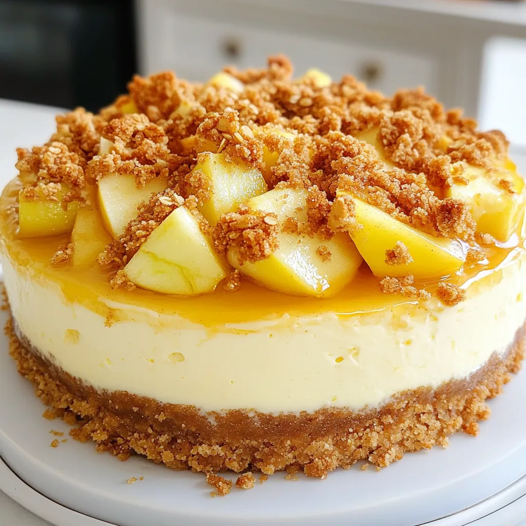 To make a delightful apple crumble cheesecake, gather these ingredients: - 2 cups graham cracker crumbs - 1/2 cup unsalted butter, melted - 1/4 cup sugar - 3 (8 oz) packages cream cheese, softened - 1 cup sugar - 1 teaspoon vanilla extract - 3 large eggs - 4 medium apples, peeled, cored, and thinly sliced - 1 tablespoon lemon juice - 1 teaspoon cinnamon - 1 cup brown sugar - 1 cup oats - 1/2 cup all-purpose flour - 1/2 teaspoon salt You can swap some ingredients for better taste or dietary needs: - Use coconut oil instead of butter for a dairy-free option. - Try almond flour in place of all-purpose flour for a gluten-free crust. - Replace sugar with honey or maple syrup for a natural sweetener. - For a richer flavor, use mascarpone cheese with cream cheese. Choosing the right apples makes a big difference in flavor. Here are my favorite tips: - Look for firm apples with no bruises or soft spots. - Choose varieties like Granny Smith for tartness or Honeycrisp for sweetness. - Smell the apples; fresh ones have a sweet, fruity aroma. - Buy local apples when possible; they taste better and support local farms. {{ingredient_image_1}} Start by preheating your oven to 325°F (160°C). This helps bake the cheesecake evenly. While the oven heats, grease a 9-inch springform pan with cooking spray. This ensures easy removal later. In a mixing bowl, combine 2 cups of graham cracker crumbs, 1/2 cup of melted unsalted butter, and 1/4 cup of sugar. Mix until the crumbs stick together. Firmly press this mixture into the bottom of your springform pan. Bake for 8-10 minutes until golden brown. Let it cool slightly before adding the filling. In a large bowl, use an electric mixer to beat 3 packages of softened cream cheese until smooth. Gradually mix in 1 cup of sugar, then add 1 teaspoon of vanilla extract. Add 3 large eggs one at a time, mixing on low speed. Be careful not to overmix; just blend until smooth. In a separate bowl, toss 4 peeled and cored apples, thinly sliced, with 1 tablespoon of lemon juice and 1 teaspoon of cinnamon. This adds flavor and keeps the apples bright. Gently fold this apple mixture into the cream cheese batter. Pour the combined mixture over the baked crust. In another bowl, mix together 1 cup of brown sugar, 1 cup of oats, 1/2 cup of all-purpose flour, and 1/2 teaspoon of salt. Add melted butter and mix until it looks crumbly. Sprinkle this topping evenly over the cheesecake filling. Bake the cheesecake for 50-60 minutes. The center should be set but still slightly jiggly. The edges should look firm. Turn off the oven and crack the door open. Let the cheesecake cool in the oven for about 1 hour to avoid cracks. Once cooled, refrigerate the cheesecake for at least 4 hours, but overnight is best. This allows it to set fully. When ready, carefully release the springform pan. Slice the cheesecake and serve chilled, with or without whipped cream. When making apple crumble cheesecake, avoid some common errors. First, don’t skip cooling the crust. This step helps keep the layers separate. Also, don’t overmix the filling. Mix until just combined for a creamy texture. Lastly, avoid opening the oven door while baking. This can lead to cracks in your cheesecake. To get a smooth and creamy cheesecake, use softened cream cheese. Cold cream cheese can cause lumps. Also, mix on low speed. This helps keep air bubbles out, making your cheesecake denser and creamier. After baking, let it cool slowly in the oven. This step prevents cracks and keeps the texture just right. Serve your apple crumble cheesecake plain for a classic taste. You can add a dollop of whipped cream for extra richness. Another option is to drizzle caramel sauce on top. This sweet touch complements the apples well. For a crunch, sprinkle some crushed nuts before serving. Enjoy it chilled or at room temperature for the best flavor! Pro Tips Use Room Temperature Cream Cheese: Ensure your cream cheese is at room temperature for a smoother batter. This will help prevent lumps and create a creamy texture in your cheesecake. Choosing Apples: For the best flavor, use a mix of sweet and tart apples, such as Granny Smith and Honeycrisp. This balance enhances the overall taste of your cheesecake. Prevent Cracking: To avoid cracks in your cheesecake, bake it in a water bath. Wrap the springform pan in foil and place it in a larger pan filled with hot water while baking. Chill Overnight: Allow the cheesecake to chill overnight for the best results. This extra time helps the flavors meld and ensures a perfect slice when serving. {{image_2}} You can change up the fruits in this cheesecake. Try using pears or peaches. Both fruits add a nice sweetness. In fall, add cranberries for a tart bite. You can mix apples with these fruits for more flavor. The options are endless, so be creative with your fruit choices! Add nuts or spices to give this cheesecake a twist. Chopped walnuts or pecans add a nice crunch. If you like warmth, sprinkle in some nutmeg or ginger. You can also add more cinnamon for a bolder taste. These tweaks make your cheesecake special and fun to eat. To make a gluten-free version, swap graham crackers for gluten-free crumbs. You can also use coconut oil instead of butter. For a vegan cheesecake, use plant-based cream cheese. Replace eggs with flax eggs or silken tofu. These options allow everyone to enjoy this dessert. To keep your apple crumble cheesecake fresh, wrap it tightly. Use plastic wrap or foil. You can also place it in an airtight container. Make sure to keep it in the fridge. This will help it stay cool and tasty for up to five days. If you want to enjoy it later, freezing is a great option. To freeze the cheesecake, follow these steps. First, let it cool completely. Then, wrap it well in plastic wrap. Next, place it in a freezer-safe container. This helps to keep out air and moisture. You can freeze it for up to three months. When you’re ready to enjoy it, thaw it in the fridge overnight. The shelf life of your cheesecake depends on how you store it. In the fridge, it lasts about five days. If you freeze it, it can last up to three months. Always check for any off smells or changes in texture before eating. If it looks or smells bad, it’s best to toss it out. You can tell the cheesecake is done when the center is set but still jiggly. The edges should look firm. If you gently shake the pan, the middle should move a bit, but not too much. This shows it is properly baked. Let it cool in the oven for an hour to avoid cracks. Yes, you can use other types of cheese. Cream cheese gives a rich taste. Mascarpone or ricotta can work too. Just remember that these cheeses can change the flavor and texture a bit. Be sure to blend them until smooth before adding to the mixture. Apple crumble cheesecake pairs well with many things. A dollop of whipped cream adds a nice touch. You could also serve it with vanilla ice cream for a warm contrast. Fresh fruit on the side can brighten the plate. You should not leave cheesecake out for more than two hours. After that, it can go bad. If it's warm in your kitchen, it’s best to refrigerate it sooner. Always keep it covered to keep it fresh. Yes, this cheesecake is great for making ahead. You can prepare it a day before serving. Just be sure to chill it overnight in the fridge. This helps the flavors blend well and makes slicing easier. This blog post covered everything you need for apple crumble cheesecake. We discussed key ingredients, substitutions, and how to choose fresh apples. You learned step-by-step instructions to create the perfect cheesecake, from making the crust to adding the crumble topping. I shared tips to avoid common mistakes and achieve the best texture. Explore variations, storage info, and FAQs to guide you. With this knowledge, you can make a delicious dessert that everyone will enjoy. Happy baking!