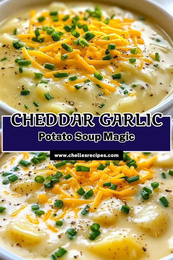 Indulge in this delicious Cheddar Garlic Herb Potato Soup recipe that's perfect for cozy nights. This creamy potato soup recipe blends velvety textures with the robust flavors of garlic and herbs, making it an unforgettable herb-infused potato soup. Ideal as a vegetarian cheddar soup, this easy garlic potato soup is perfect for any meal. Try it today and warm your soul! Save this easy recipe! #CheddarGarlicPotatoSoup #CreamyPotatoSoup #VegetarianRecipes #SoupLovers