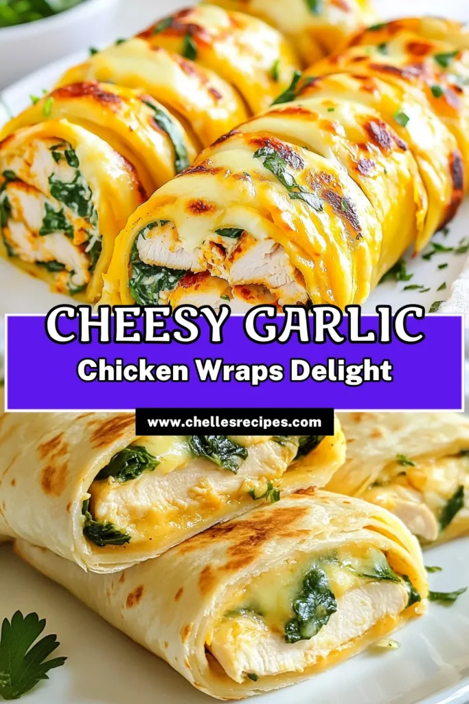 Looking for a delicious dinner idea? Try these Cheesy Garlic Chicken Wraps! This easy chicken wrap recipe combines tender chicken, creamy garlic mixture, and gooey mozzarella in baked tortilla wraps. Perfect for any night, these mozzarella chicken tortilla wraps are simple to make and packed with flavor. Don’t miss out—save this cream cheese chicken wrap recipe to your boards now! #CheesyGarlicChickenWraps #EasyChickenWrapRecipe #BakedChickenTortillaWraps #ChickenDinnerIdeas