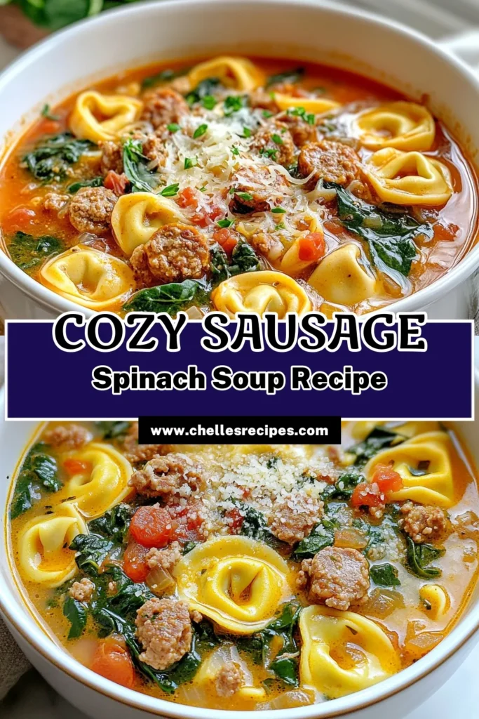 Warm up your dinner with this delicious Sausage Spinach Tortellini Soup! This easy tortellini soup recipe features hearty Italian sausage, cheese tortellini, and fresh spinach for a comforting meal perfect for any night of the week. Follow our Italian sausage soup recipe for a flavorful dish that’s quick to prepare in just 30 minutes. Save this tortellini soup with spinach to your boards for a cozy meal inspiration! #TortelliniSoup #SausageSoup #ItalianRecipes #EasyDinner
