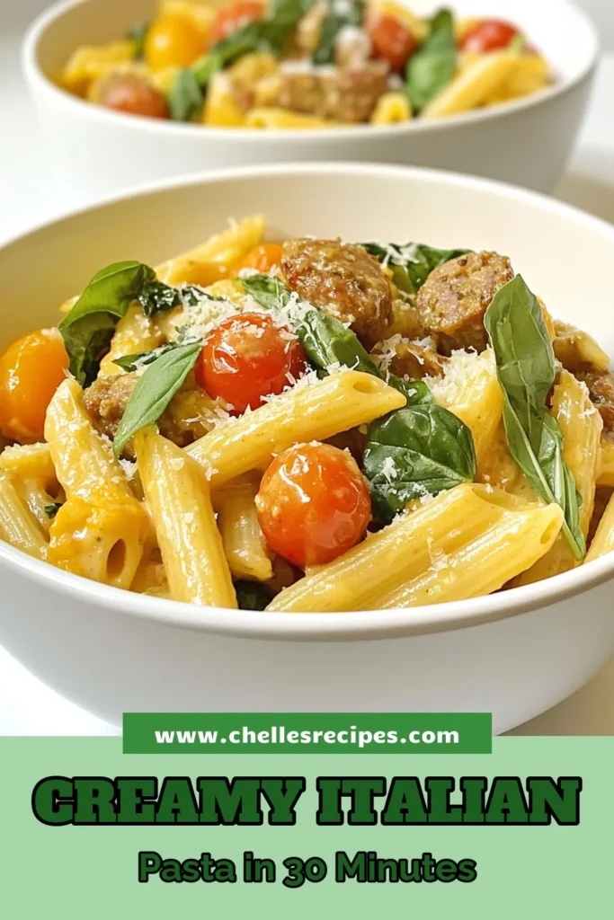 Discover the deliciousness of creamy Italian sausage pasta with this easy one-pot Italian dinner! Featuring penne pasta with sausage, fresh spinach, and cherry tomatoes, this recipe is perfect for busy weeknights. Enjoy a comforting meal in just 30 minutes! Don't miss out—save this creamy Italian sausage pasta recipe now and bring Italian flavors to your kitchen! #PastaRecipes #ItalianDinner #OnePotMeals #EasyRecipes