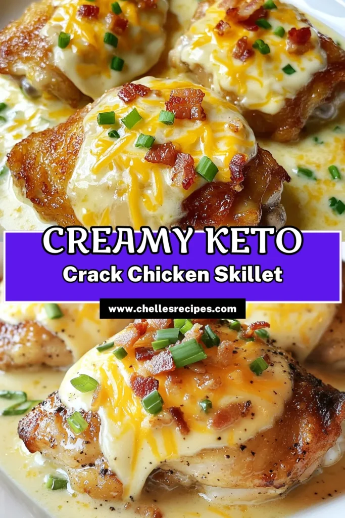 Discover the ultimate low-carb chicken dinner with this Keto Crack Chicken Thigh Skillet recipe! Juicy chicken thighs are seared to perfection and simmered in a creamy ranch chicken sauce, bursting with flavor. This easy keto recipe features cream cheese, cheddar cheese, and crispy bacon for a satisfying meal. Perfect for weeknight dinners! Save this delicious recipe today! #KetoCrackChicken #LowCarbDinner #EasyKetoRecipes #ChickenThighSkillet