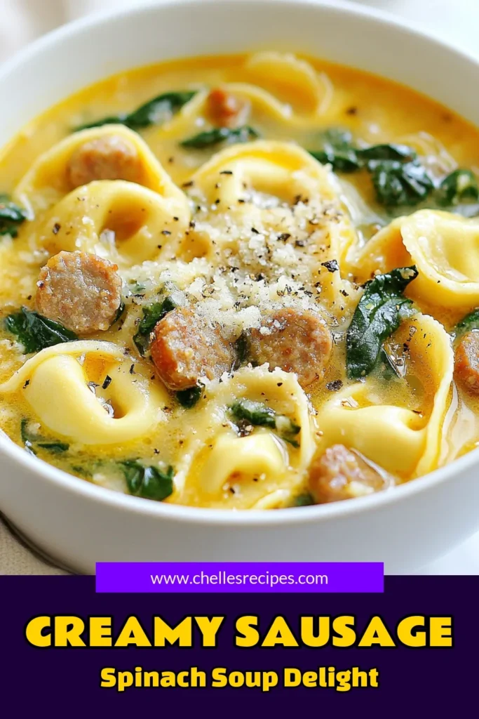 Warm up with this delicious Creamy Sausage Spinach Tortellini Soup! This easy tortellini soup combines rich flavors from Italian sausage and fresh spinach, simmered in a savory chicken broth. Perfect for a weeknight dinner, this sausage spinach soup recipe is hearty and satisfying. Ready in just 30 minutes, it's your go-to Italian sausage soup for cozy nights. Save this recipe for a comforting meal! #CreamyTortelliniSoup #SausageSpinachSoup #EasyTortelliniSoup #ItalianSausageSoup
